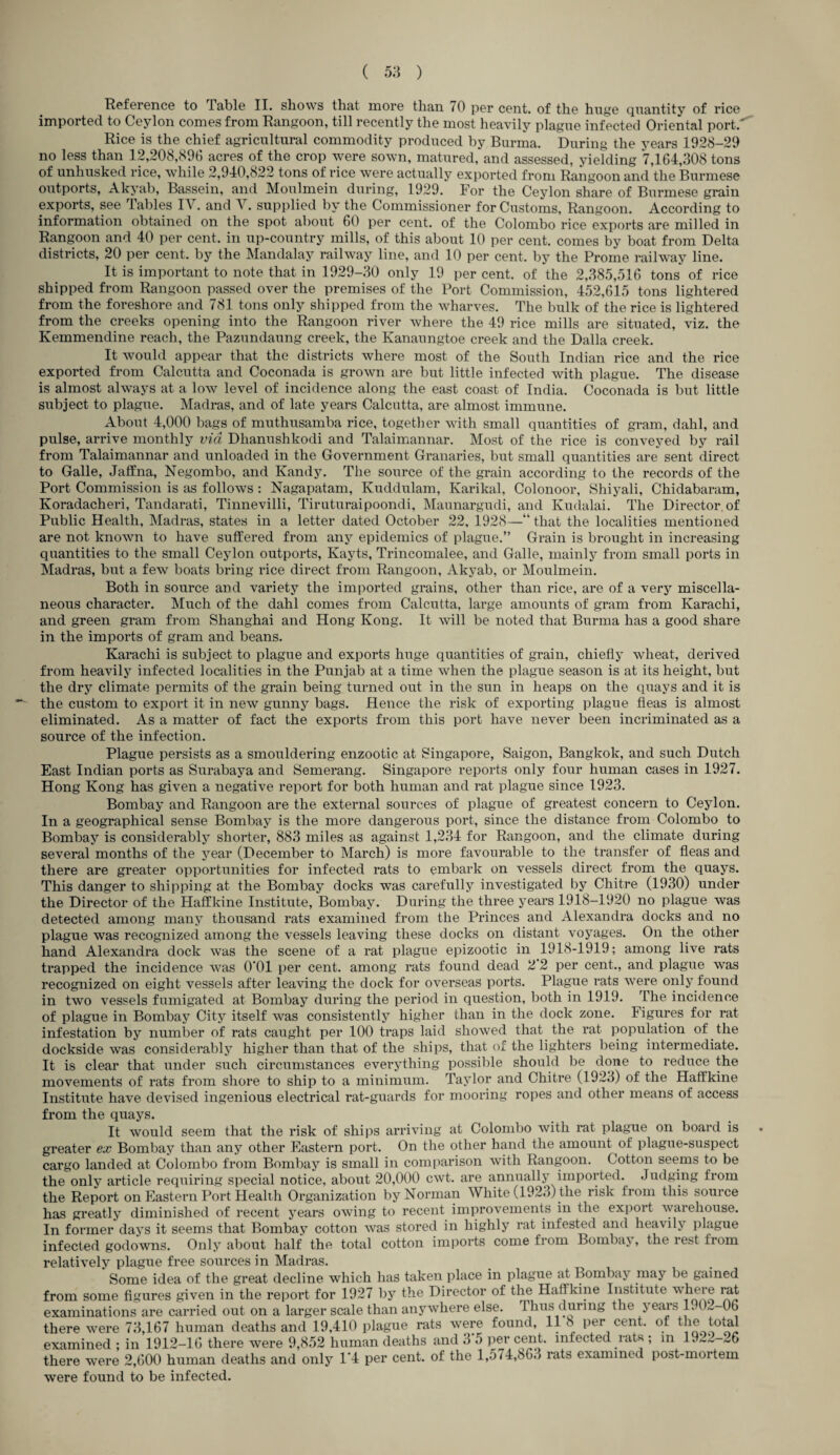 Reference to Table II. shows that more than 70 per cent, of the huge quantity of rice imported to Ceylon comes from Rangoon, till recently the most heavily plague infected Oriental port.' Rice is the chief agricultural commodity produced by Burma. During the years 1928-29 no less than 12,208,896 acres of the crop were sown, matured, and assessed, yielding 7,164,308 tons of unhusked rice, while 2,940,822 tons of rice were actually exported from Rangoon and the Burmese outports, Akyab, Bassein, and Moulmein during, 1929. For the Ceylon share of Burmese grain exports, see Tables IV. and V. supplied by the Commissioner for Customs, Rangoon. According to information obtained on the spot about 60 per cent, of the Colombo rice exports are milled in Rangoon and 40 per cent, in up-country mills, of this about 10 per cent, comes by boat from Delta districts, 20 per cent, by the Mandalay railway line, and 10 per cent, by the Prome railway line. It is important to note that in 1929-30 only 19 per cent, of the 2,385,516 tons of rice shipped from Rangoon passed over the premises of the Port Commission, 452,615 tons lightered from the foreshore and 781 tons only shipped from the wharves. The bulk of the rice is lightered from the creeks opening into the Rangoon river where the 49 rice mills are situated, viz. the Kemmendine reach, the Pazundaung creek, the Kanaungtoe creek and the Dalla creek. It would appear that the districts where most of the South Indian rice and the rice exported from Calcutta and Coconada is grown are but little infected with plague. The disease is almost always at a low level of incidence along the east coast of India. Coconada is but little subject to plague. Madras, and of late years Calcutta, are almost immune. About 4,000 bags of muthusamba rice, together with small quantities of gram, dahl, and pulse, arrive monthly via Dhanushkodi and Talaimannar. Most of the rice is conveyed by rail from Talaimannar and unloaded in the Government Granaries, but small quantities are sent direct to Galle, Jaffna, Negombo, and Kandy. The source of the grain according to the records of the Port Commission is as follows : Nagapatam, Kuddulam, Karikal, Colonoor, Shiyali, Chidabaram, Koradacheri, Tandarati, Tinnevilli, Tiruturaipoondi, Maunargudi, and Kuclalai. The Director, of Public Health, Madras, states in a letter dated October 22, 1928—“ that the localities mentioned are not known to have suffered from any epidemics of plague.” Grain is brought in increasing quantities to the small Ceylon outports, Kayts, Trincomalee, and Galle, mainly from small ports in Madras, but a few boats bring rice direct from Rangoon, Akyab, or Moulmein. Both in source and variety the imported grains, other than rice, are of a very miscella¬ neous character. Much of the dahl comes from Calcutta, large amounts of gram from Karachi, and green gram from Shanghai and Hong Kong. It will be noted that Burma has a good share in the imports of gram and beans. Karachi is subject to plague and exports huge quantities of grain, chiefly wheat, derived from heavily infected localities in the Punjab at a time when the plague season is at its height, but the dry climate permits of the grain being turned out in the sun in heaps on the quays and it is the custom to export it in new gunny bags. Hence the risk of exporting plague fleas is almost eliminated. As a matter of fact the exports from this port have never been incriminated as a source of the infection. Plague persists as a smouldering enzootic at Singapore, Saigon, Bangkok, and such Dutch East Indian ports as Surabaya and Semerang. Singapore reports only four human cases in 1927. Hong Kong has given a negative report for both human and rat plague since 1923. Bombay and Rangoon are the external sources of plague of greatest concern to Ceylon. In a geographical sense Bombay is the more dangerous port, since the distance from Colombo to Bombay is considerably shorter, 883 miles as against 1,234 for Rangoon, and the climate during several months of the year (December to March) is more favourable to the transfer of fleas and there are greater opportunities for infected rats to embark on vessels direct from the quays. This danger to shipping at the Bombay docks was carefully investigated by Chitre (1930) under the Director of the Haffkine Institute, Bombay. During the three years 1918-1920 no plague was detected among many thousand rats examined from the Princes and Alexandra docks and no plague was recognized among the vessels leaving these docks on distant voyages. On the other hand Alexandra dock was the scene of a rat plague epizootic in 1918-1919; among live rats trapped the incidence was O’Ol per cent, among l'ats found dead 2*2 per cent., and plague was recognized on eight vessels after leaving the dock for overseas ports. Plague rats were only found in two vessels fumigated at Bombay during the period in question, both in 1919. The incidence of plague in Bombay City itself was consistently higher than in the dock zone. Figures for rat infestation by number of rats caught per 100 traps laid showed that the rat population of the dockside was considerably higher than that of the ships, that of the lighters being intermediate. It is clear that under such circumstances everything possible should be done to reduce the movements of rats from shore to ship to a minimum. Taylor and Chitre (1923) of the Haffkine Institute have devised ingenious electrical rat-guards for mooring ropes and other means of access from the quays. It would seem that the risk of ships arriving at Colombo with rat plague on board is greater ex Bombay than any other Eastern port. On the other hand the amount of plague-suspect cargo landed at Colombo from Bombay is small in comparison with Rangoon. Cotton seems to be the only article requiring special notice, about 20,000 cwt. are annually imported. Judging from the Report on Eastern Port Health Organization by Norman White (1923) the risk from this source has greatly diminished of recent years owing to recent improvements in the export warehouse. In former days it seems that Bombay cotton was stored in highly rat infested and heavily plague infected godowns. Only about half the total cotton imports come from Bombay, the rest from relatively plague free sources in Madras. Some idea of the great decline which has taken place in plague at Bombay may be gained from some figures given in the report for 1927 by the Director of the Haffkine Institute ^here rat examinations are carried out on a larger scale than anywhere else. Thus during the years 1. (L-06 there were 73,167 human deaths and 19,410 plague rats were found, 11 8 per cent, of the total examined ; in 1912-16 there were 9,852 human deaths and 3 5 per cent, infected rats ; m —-~6 there were 2,600 human deaths and only 1*4 per cent, of the 1,574,863 rats examined post-mortem were found to be infected.