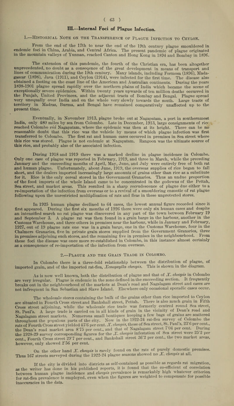 III.—Internal Foci of Plague Infection. 1.—Historical Note on the Transference of Plague Infection to Ceylon. From the end of the 17th to near the end of the 19th century plague smouldered in endemic foci in China, Arabia, and Central Africa. The present pandemic of plague originated in the mountain valleys of Yunnan, reached Canton and Hong Kong in 1894 and Bombay in 1896. The extension of this pandemic, the fourth of the Christian era, has been altogether unprecedented, no doubt as a conseqence of the great development in means of transport and lines of communication during the 19th century. Many islands, including Formosa (1896), Mada¬ gascar (1898), Java (1911), and Ceylon (1914), were infected for the first time. The disease also obtained a footing on the coast line of the American and Australian continents. During the years 1898-1901 plague spread rapidly over the northern plains of India which became the scene of exceptionally severe epidemics. Within twenty years upwards of ten million deaths occurred in the Punjab, United Provinces, and the adjacent tracts of Bombay and Bengal. Plague spread very unequally over India and on the whole very slowly towards the south. Large tracts of territory in Madras, Burma, and Bengal have remained comparatively unaffected up to the present time. Eventually, in November 1913, plague broke out at Nagapatam, a port in southernmost India, only 480 miles by sea from Colombo. Late in December, 1913, large consignments of ric< reached Colombo via Nagapatam, where the epidemic was then at its height. There can be no reasonable doubt that this rice was the vehicle by means of which plague infection was first transferred to Colombo. The first rat and human cases occurred in premises in Sea street where this rice was stored. Plague is not endemic at Nagapatam. Rangoon was the ultimate source of this rice, and probably also of the associated infection. During 1918 and 1919 there was a marked decline in plague incidence in Colombo. Only one case of plague was reported in February, 1919, and three in March, while the preceding January and the succeeding months of April, May, June, and July were entirely free of both rat and human plague. Unfortunately, about June, 1919, the overseas supplies of rice began to fall short, and the dealers imported increasingly large amounts of grains other than rice as a substitute for it. Rice is the only cereal stored in the Government Granaries. Thus an undue proportion of the food imports of the whole Island came to be concentrated in the godowns of the Pettah, Sea street, and market areas. This resulted in a sharp recrudescence of plague due either to a re-importation of the infection from overseas or to a revival of a smouldering enzootic of rat plague following upon the unrestricted multiplication of rats and fleas in these unprotected stores. In 1923 human plague declined to 64 cases, the lowest annual figure recorded since it first appeared. During the first six months of 1926 there were only six human cases and despite an intensified search no rat plague was discovered in any part of the town between February 19 and September 3. A plague rat was then found in a grain barge in the harbour, another in the ■Customs Warehouse, and three others in premises near the harbour, while in January and February, 1927, out of 19 plague rats one was in a grain barge, one in the Customs Warehouse, four in the Chalmers Granaries, five in private grain stores supplied from the Government Granaries, three in premises adjoining such stores, and the remaining five in premises in the neighbourhood. From these foci the disease was once more re-established in Colombo, in this instance almost certainly as a consequence of re-importation of the infection from overseas. 2.—Plague and the Grain Trade in Colombo. In Colombo there is a three-fold relationship between the distribution of plague, of imported grain, and of the imported rat-flea, Xenopsyllci cheopis. This is shown in the diagram. As is now well known, both the distribution of plague and that of A. cheopis in Colombo are very irregular. Plague is endemic in the zone defined in the succeeding section. It frequently breaks out in the neighbourhood of the markets at Dean’s road and Nagalagam street and cases are not infrequent in San Sebastian and Slave Island. Elsewhere only occasional sporadic cases occur. The wholesale stores containing the bulk of the grains other than rice imported to Ceylon are situated in Fourth Cross street and Bankshall street, Pettah. There is also much grain in fifth Cross street adjoining, while the wholesale rice trade was formerly centred round. Sea street, St. Paul’s. A large trade is carried on in all kinds of grain in the vicinity of Dean s road and Nagalagam street markets. Numerous small boutiques keeping a few bags of grains are scattered throughout the populous parts of the city. Now in the 1922-24 rat-flea survey of Colombo the rats of Fourth Cross street yielded 45‘6 per cent. X. cheopis, those of Sea street, St. Paul s, 23 6 per cent., the Dean’s road market area 8‘75 per cent., and that of Nagalagam street 7 04 per cent. During the 1928-29 survey corresponding figures for the X. cheopis infestation of Sea street were ~o ~ per cent., Fourth Cross street 29'7 percent., and Bankshall street 36 2 per cent., the two market areas, however, only showed 2‘56 per cent. On the other hand X. cheopis is rarely found on the rats ol purely domestic premises. Thus 167 streets surveyed during the 1922-24 plague seasons showed no A. cheopis at all. If the city is divided into districts as self-contained as possible as regards rat migration, as the writer has done in his published reports, it is found that the co-efficient of correlation between human plague incidence and chcojyis prevalence is remarkably high whatever criterion for rat-flea prevalence is employed, even when the figures are weighted to compensate for possible inaccuracies in the data.