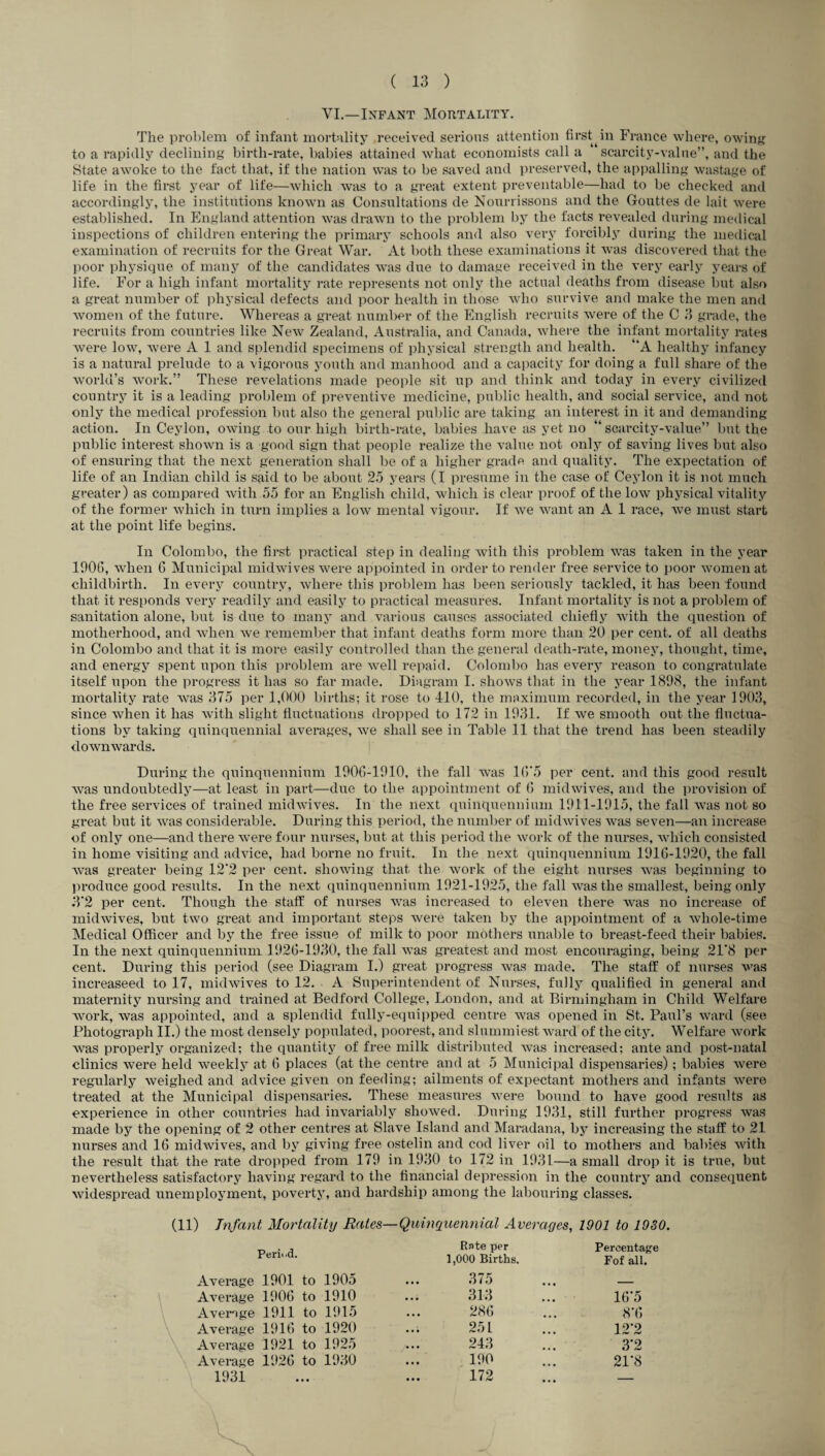 VI.—Infant Mortality. The problem of infant mortality received serious attention first in France where, owing to a rapidly declining birth-rate, babies attained what economists call a scarcity-value”, and the State awoke to the fact that, if the nation was to be saved and preserved, the appalling wastage of life in the first year of life—which was to a great extent preventable—had to be checked and accordingly, the institutions known as Consultations de Nourrissons and the Gouttes de lait were established. In England attention was drawn to the problem by the facts revealed during medical inspections of children entering the primary schools and also very forcibly during the medical examination of recruits for the Great War. At both these examinations it was discovered that the poor physique of many of the candidates was due to damage received in the very early years of life. For a high infant mortality rate represents not only the actual deaths from disease but also a great number of physical defects and poor health in those who survive and make the men and women of the future. Whereas a great number of the English recruits were of the C 3 grade, the recruits from countries like New Zealand, Australia, and Canada, where the infant mortality rates were low, were A 1 and splendid specimens of physical strength and health. “A healthy infancy is a natural prelude to a vigorous youth and manhood and a capacity for doing a full share of the world’s work.” These revelations made people sit up and think and today in every civilized country it is a leading problem of preventive medicine, public health, and social service, and not only the medical profession but also the general public are taking an interest in it and demanding action. In Ceylon, owing to our high birth-rate, babies have as yet no “scarcity-value” but the public interest shown is a good sign that people realize the value not only of saving lives but also of ensuring that the next generation shall be of a higher grade and quality. The expectation of life of an Indian child is said to be about 25 years (I presume in the case of Ceylon it is not much greater) as compared with 55 for an English child, which is clear proof of the low physical vitality of the former which in turn implies a low mental vigour. If we want an A 1 race, we must start at the point life begins. In Colombo, the first practical step in dealing with this problem was taken in the year 190G, when 6 Municipal midwives were appointed in order to render free service to poor women at childbirth. In every country, where this problem has been seriously tackled, it has been found that it responds very readily and easily to practical measures. Infant mortality is not a problem of sanitation alone, but is due to many and various causes associated chiefly with the question of motherhood, and when we remember that infant deaths form more than 20 per cent, of all deaths in Colombo and that it is more easily controlled than the general death-rate, money, thought, time, and energy spent upon this problem are well repaid. Colombo has every reason to congratulate itself upon the progress it has so far made. Diagram I. shows that in the year 1898, the infant mortality rate was 375 per 1,000 births; it rose to 410, the maximum recorded, in the year 1903, since when it has with slight fluctuations dropped to 172 in 1931. If we smooth out the fluctua¬ tions by taking quinquennial averages, we shall see in Table 11 that the trend has been steadily downwards. During the quinqtiennium 190G-1910, the fall was 1G'5 per cent, and this good result was undoubtedly—at least in part—due to the appointment of G midwives, and the provision of the free services of trained midwives. In the next quinquennium 1911-1915, the fall was not so great but it was considerable. During this period, the number of midwives was seven—an increase of only one—and there were four nurses, but at this period the work of the nurses, which consisted in home visiting and advice, had borne no fruit. In the next quinquennium 1916-1920, the fall was greater being 12'2 per cent, showing that the work of the eight nurses was beginning to produce good results. In the next quinquennium 1921-1925, the fall was the smallest, being only 3*2 per cent. Though the staff of nurses was increased to eleven there was no increase of midwives, but two great and important steps were taken by the appointment of a whole-time Medical Officer and by the free issue of milk to poor mothers unable to breast-feed their babies. In the next quinquennium 1926-1930, the fall was greatest and most encouraging, being 21*8 per cent. During this period (see Diagram I.) great progress was made. The staff of nurses was increaseed to 17, midwives to 12. A Superintendent of Nurses, fully qualified in general and maternity nursing and trained at Bedford College, London, and at Birmingham in Child Welfare work, was appointed, and a splendid fully-equipped centre was opened in St. Paul’s ward (see Photograph II.) the most densely populated, poorest, and slnmmiest ward of the city. Welfare work was properly organized; the quantity of free milk distributed was increased; ante and post-natal clinics were held weekly at G places (at the centre and at 5 Municipal dispensaries); babies were regularly weighed and advice given on feeding; ailments of expectant mothers and infants were treated at the Municipal dispensaries. These measures were bound to have good results as experience in other countries had invariably showed. During 1931, still further progress was made by the opening of 2 other centres at Slave Island and Maradana, by increasing the staff to 21 nurses and 16 midwives, and by giving free ostelin and cod liver oil to mothers and babies with the result that the rate dropped from 179 in 1930 to 172 in 1931—a small drop it is true, but nevertheless satisfactory having regard to the financial depression in the country and consequent widespread unemployment, poverty, and hardship among the labouring classes. (11) Infant Mortality Rates—Quinquennial Averages, 1901 to 1930. Peri< .d. Rate per Percentage 1,000 Births. Fof all. Average 1901 to 1905 ... 375 — Average 1906 to 1910 313 16'5 Average 1911 to 1915 286 8*6 Average 1916 to 1920 251 12*2 Average 1921 to 1925 243 3*2 Average 1926 to 1930 190 21*8 1931 172 —