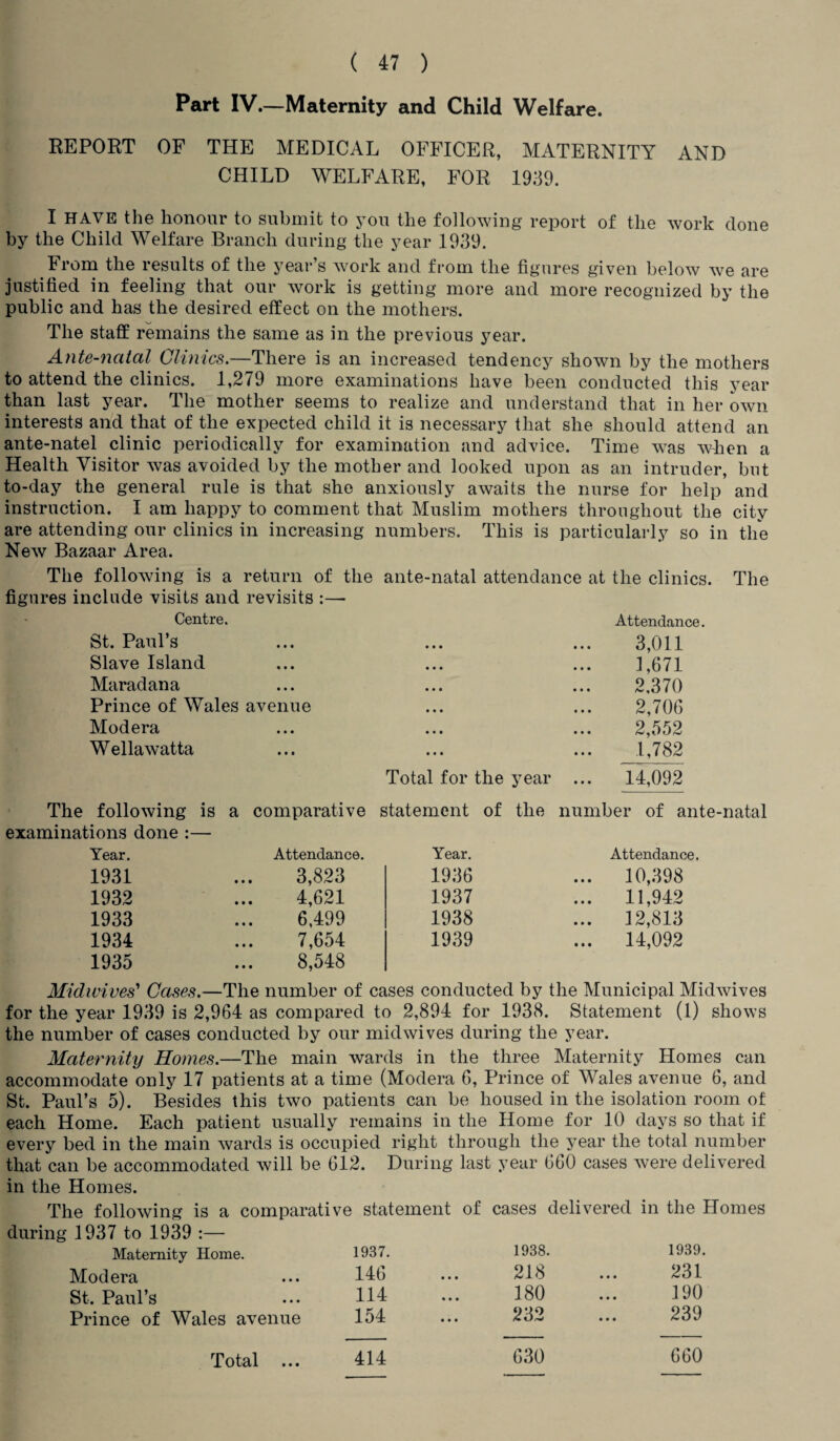 Part IV.—Maternity and Child Welfare. REPORT OF THE MEDICAL OFFICER, MATERNITY AND CHILD WELFARE, FOR 1939. I HAVE the honour to submit to you the following report of the work done by the Child Welfare Branch during the year 1939. From the results of the year’s work and from the figures given below we are justified in feeling that our work is getting more and more recognized by the public and has the desired effect on the mothers. The staff remains the same as in the previous year. Ante-natal Clinics.—There is an increased tendency shown by the mothers to attend the clinics. 1,279 more examinations have been conducted this year than last year. The mother seems to realize and understand that in her own interests and that of the expected child it is necessary that she should attend an ante-natel clinic periodically for examination and advice. Time was when a Health Visitor was avoided by the mother and looked upon as an intruder, but to-day the general rule is that she anxiously awaits the nurse for help and instruction. I am happy to comment that Muslim mothers throughout the city are attending our clinics in increasing numbers. This is particularly so in the New Bazaar Area. The following is a return of the figures include visits and revisits :—- Centre. St. Paul’s Slave Island Maradana Prince of Wales avenue Modera Wellawatta ante-natal attendance at the clinics. Total for the year Attendance. 3,011 1,671 2,370 2,706 2,552 1,782 14,092 The The following is a comparative statement of the number of ante-natal examinations done :— Year. Attendance. Year. Attendance. 1931 3,823 1936 ... 10,398 1932 4,621 1937 ... 11,942 1933 6,499 1938 ... 12,813 1934 7,654 1939 ... 14,092 1935 8,548 Midwives’ Cases.—The number of cases conducted by the Municipal Midwives for the year 1939 is 2,964 as compared to 2,894 for 1938. Statement (1) shows the number of cases conducted by our midwives during the year. Maternity Homes.—The main wards in the three Maternity Homes can accommodate only 17 patients at a time (Modera 6, Prince of Wales avenue 6, and St. Paul’s 5). Besides this two patients can be housed in the isolation room of each Home. Each patient usually remains in the Home for 10 days so that if every bed in the main wards is occupied right through the year the total number that can be accommodated will be 612. During last year 660 cases were delivered in the Homes. The following is a comparative statement of cases delivered in the Homes during 1937 to 1939 :— Maternity Home. 1937. 1938. 1939. Modera ... 146 ... 218 ... 231 St. Paul’s ... H4 ... 180 ... 190 Prince of Wales avenue 154 ... 232 ... 239 630 660