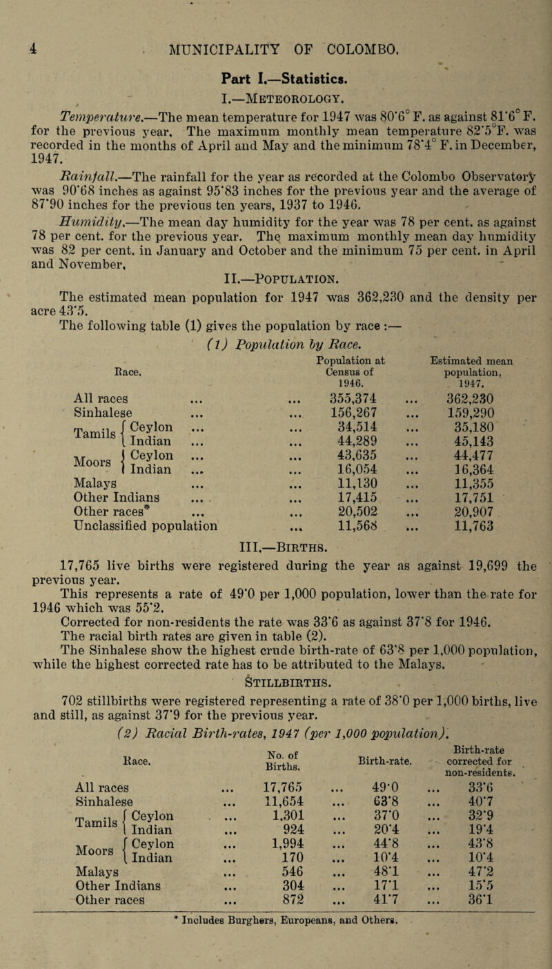 Part I.—Statistics. I. —Meteorology. 4 Temperature.—The mean temperature for 1947 was 80*6° F. as against 81*6° F. for the previous year. The maximum monthly mean temperature 82*5°F. was recorded in the months of April and May and the minimum 78*4° F. in December, 1947. Rainfall.—The rainfall for the year as recorded at the Colombo Observatory was 90*68 inches as against 95*83 inches for the previous year and the average of 87*90 inches for the previous ten years, 1937 to 1946. Humidity.—The mean day humidity for the year was 78 per cent, as against 78 per cent, for the previous year. The maximum monthly mean day humidity was 82 per cent, in January and October and the minimum 75 per cent, in April and November, II. —Population. The estimated mean population for 1947 was 362,230 and the density per acre 43*5. The following table (1) gives the population by race :— (l) Population by Race. Population at Estimated mean Race. Census of 1946. population, 1947. All races 355,374 362,230 Sinhalese 156,267 159,290 Tamils j Ceylon 34,514 35,180 . Indian 44,289 45,143 Moors • Ceylon 43,635 44,477 Indian 16,054 16,364 Malays 11,130 11,355 Other Indians 17,415 17,751 Other races* 20,502 20,907 Unclassified population 11,568 HI.—Births. 11,763 17,765 live births were previous year. registered during the year as against 19,699 This represents a rate of 49*0 per 1,000 population, lower than the rate for 1946 which was 55*2. Corrected for non-residents the rate was 33*6 as against 37*8 for 1946. The racial birth rates are given in table (2). The Sinhalese show the highest crude birth-rate of 63*8 per 1,000 population, while the highest corrected rate has to be attributed to the Malays. Stillbirths. 702 stillbirths were registered representing a rate of 38*0 per 1,000 births, live and still, as against 37*9 for the previous year. (2) Racial Birth-rates, 1947 (per 1,000 population). No. of Births. Birth-rate Race. Birth-rate. corrected for non-residents. All races • • • 17,765 49*0 33*6 Sinhalese 11,654 63*8 40*7 Tamils * Ceylon • • • 1,301 37*0 32*9 Indian 924 20*4 19*4 Moors ■ Ceylon k Indian 1,994 170 44*8 10*4 43*8 10*4 Malays 546 48*1 47*2 Other Indians 304 17*1 15*5 Other races 872 41*7 36*1 * Includes Burghers, Europeans, and Others.