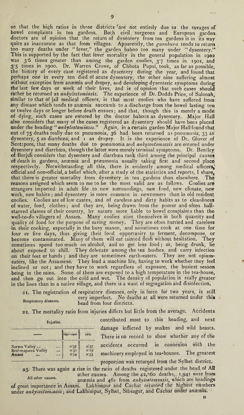 so that the high ratios in those districts are not entirely due to the ravages of bowel complaints in tea gardens. Both civil surgeons and European garden, doctors are of opinion that the return of dysentery from tea gardens is in its way quite as inaccurate as that from villages. Apparently, the gaonbura tends to return too many deaths under “ fever,” the garden baboo too many under “ dysentery.” This is supported by the fact that fever mortality in the general population in 1902 was 3-6 times greater than among the garden coolies, 37 times in 1901, and 3*5 times in 1900. Dr. Warren Crowe, of Chhota Pupui, took, as far as possible, the history of every case registered as dysentery during the year, and found that perhaps one in every ten died of acute dysentery, the other nine suffering almost without exception from anaemia and dropsy, and developing dysenteric symptoms during the last few days or week of their lives, and is of opinion that such cases should father be returned as ankylostomiasis. The experience of Dr. Dodds Price, of Salonah, similar to that of jail medical officers, is that most coolies who have suffered from any disease which tends to anaemia succumb to a discharge from the bowel lasting ten or twelve days or longer before death ensues; and that, though this is merely a mode of dying, such cases are entered by the doctor baboos as dysentery. Major Hall also considers that many of the cases registered as dysentery should have been placed under the heading “ ankylostomiasisAgain, in a certain garden Major Hall found that out of 75 deaths really due to pneumonia, 36 had been returned as pneumonia, 33 as dysentery, 5 as diarrhoea, and 1 as dropsy. It is the experience of Dr. Glover of Scottpore, that many deaths due to pneumonia and ankylostomiasis are entered under dysentery and diarrhoea, though the latter were merely terminal symptoms. Dr. Bentley of Borjuli considers that dysentery and diarrhoea rank third among the principal causes of death in gardens, anaemia and pneumonia usually taking first and second place respectively. Notwithstanding all this, there is evidently among medical officers*' official and non-official, a belief which, after a study of the statistics and reports, I share, that there is greater mortality from dysentery in tea gardens than elsewhere. The reasons assigned which seem to me to be the most valid are as follows. Coolies are strangers imported in adult life to new surroundings, new food, new climate, new work, new habits ; and dysentery is more common in newcomers than in old resident coolies. Coolies are of low castes, and of careless and dirty habits as to cleanliness of water, food, clothes; and they are, being drawn from the poorer and often half- starved classes of their country, by nature more liable to bowel complaints than the well-to-do villagers of Assam. Many coolies stint themselves in both quantity and quality of food for the purpose of saving money. They are often hurried and careless in their cooking, especially in the busy season, and sometimes cook at one time for four or five days, thus giving their food opportunity to ferment, decompose, or become contaminated. Many of them will eat tainted flesh without hesitation. They sometimes spend too much on alcohol, and so get less food; or, being drunk, lie about exposed to chill. They defecate among the tea bushes, and carry infection on their feet or hands ; and they are sometimes earth-eaters. They are not opium- eaters, like the Assamese. They lead a machine life, having to work whether they feel inclined or not; and they have to work regardless of exposure, the busiest season being in the rains. Some of them are exposed to a high temperature in the tea-house, and then go out into the cold and wet. The density of population is really greater in the lines than in a native village, and there is a want of segregation and disinfection. 21. The registration of respiratory diseases, only in force for two years, is stilt very imperfect. No deaths at all were returned under this • Respiratory diseases. hea(j (rom four districts. 22. The mortality ratio from injuries differs but little from the average. Accidents Injuries. — 1891—1900. I9°3- Surma Valley ... 1 0-37 or37 Brahmaputra Valley 032 029 Assam ••• ••• 0-34 o'33 contributed most to this heading, and next damage inflicted by snakes and wild beasts. show whether any of the connexion with the in There is no record to accidents occurred machinery employed in tea-houses. The greatest proportion was returned from the Sylhet district. 23. There was again a rise in the ratio of deaths registered under the head of All other causes. Among the 42,^60 deaths, 1,941 were from All othe. causes. anaemia and 461 from ankylostomiasis, which are headings of great importance in Assam. Lakhimpur and Cachar returned the highest numbers under ankylostomiasis; and Lakhimpur, Sylhet, Sibsagar, and Cachar under anaemia. D