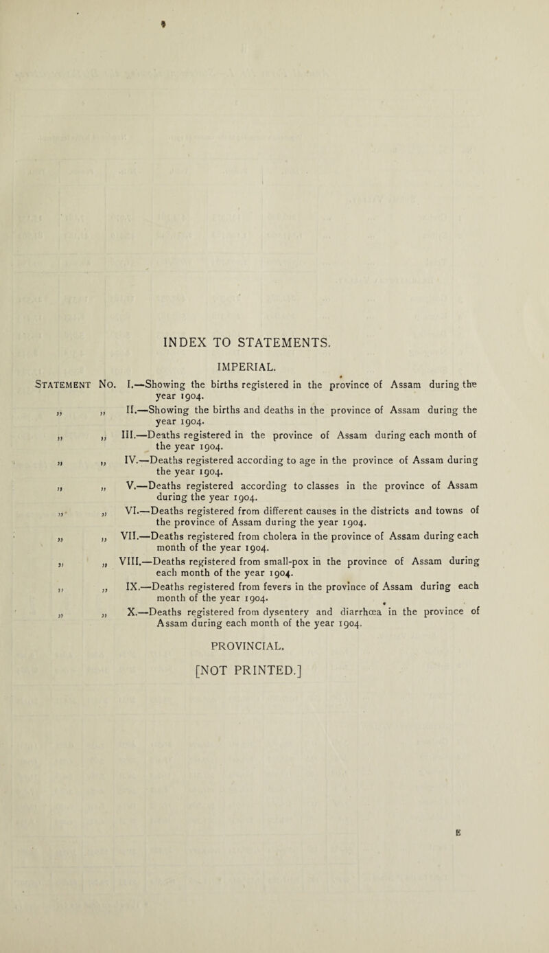 Statement )) » 51 ii 55 ' )} H !> 5) INDEX TO STATEMENTS. IMPERIAL. No. I.—Showing the births registered in the province of Assam during the year 1904. ,, II.—Showing the births and deaths in the province of Assam during the year 1904. „ III.—Deaths registered in the province of Assam during each month of the year 1904. „ IV.—Deaths registered according to age in the province of Assam during the year 1904. „ V.—Deaths registered according to classes in the province of Assam during the year 1904. „ VI.—Deaths registered from different causes in the districts and towns of the province of Assam during the year 1904. ,, VII.—Deaths registered from cholera in the province of Assam during each month of the year 1904. „ VIII.—Deaths registered from small-pox in the province of Assam during each month of the year 1904. „ IX.—Deaths registered from fevers in the province of Assam during each month of the year 1904. „ X.—Deaths registered from dysentery and diarrhoea in the province of Assam during each month of the year 1904. PROVINCIAL. [NOT PRINTED.] E