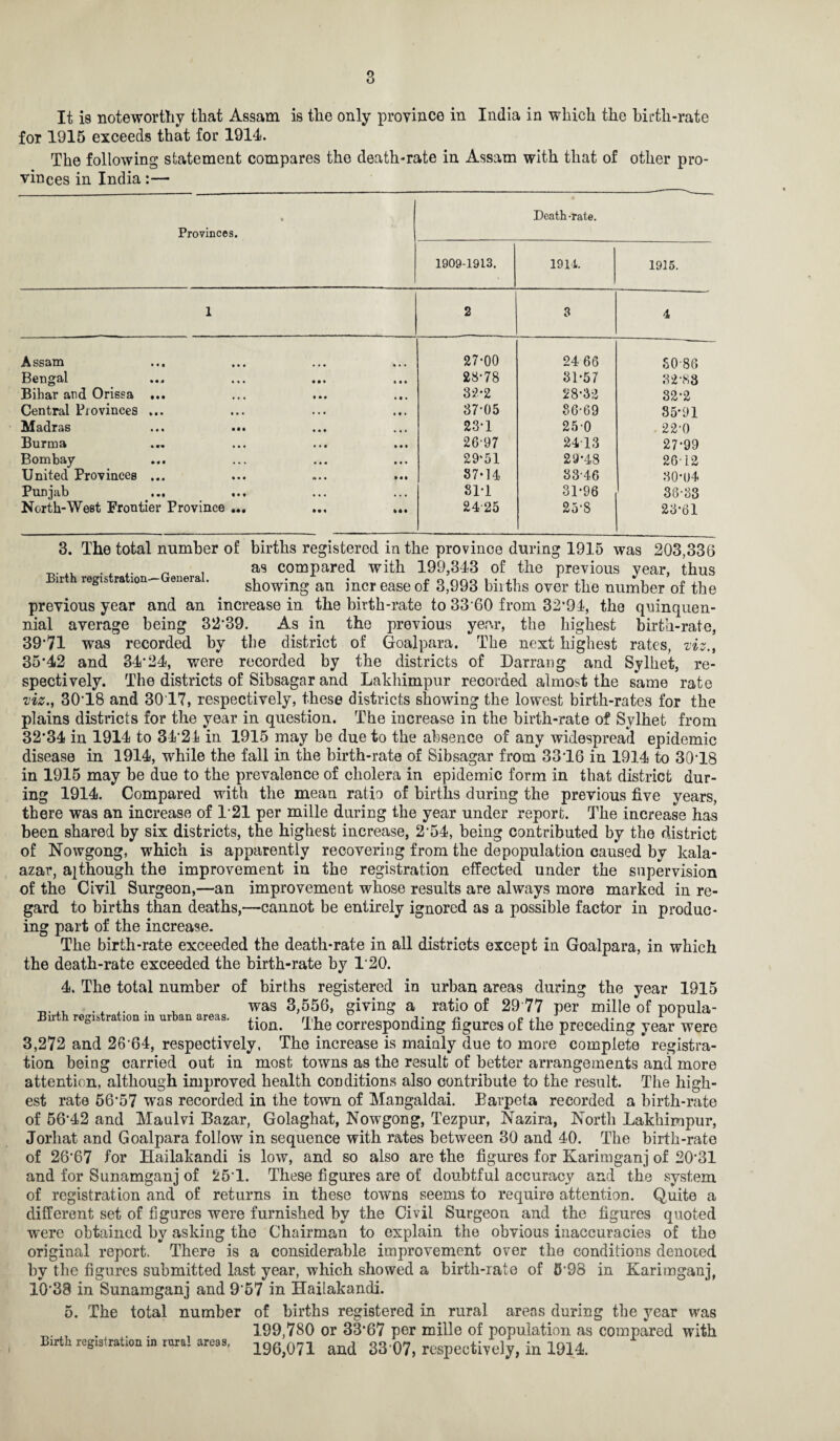 for 1915 exceeds that for 1914. The following statement compares the death-rate in Assam with that of other pro¬ vinces in India:— Provinces. • 1909-1913. Death-rate. 1914. 1915. 1 2 3 4 Assam ... • • • 27-00 24 66 30*86 Bengal « • « • • • 28-78 31-57 32-88 Bihar and Orissa ... , . 32*2 28-32 32-2 Central Provinces ... • . • • » • 37-05 86*69 85-91 Madras ... ... • • • ... 23-1 25*0 22*0 Burma • • • • • • 26*97 24*13 27-99 Bombay • • « • • • 29*51 29-48 26*12 United Provinces ... m • • 87-14 33*46 30-U4 Punjab ... ... • • • • • • 81-1 31-96 38*83 North-West Frontier Province ... Ml 24*25 25'8 23-61 3. The total number of births registered in the province during 1915 was 203,336 , as compared with 199,343 of the previous year, thus ir regis ra ion enera . showing an incr ease of 3,993 births over the number of the previous year and an increase in the birth-rate to 33'60 from 32*94, the quinquen¬ nial average being 32*39. As in the previous year, the highest birth-rate, 39*71 was recorded by the district of Goalpara. The next highest rates, viz., 35*42 and 34*24, were recorded by the districts of Darrang and Sylhet, re¬ spectively. The districts of Sibsagar and Lakhimpur recorded almost the same rate viz., 30*18 and 30 17, respectively, these districts showing the lowest birth-rates for the plains districts for the year in question. The increase in the birth-rate of Sylhet from 32*34 in 1914 to 34*24 in 1915 may be due to the absence of any widespread epidemic disease in 1914, while the fall in the birth-rate of Sibsagar from 33*16 in 1914 to 30*18 in 1915 may be due to the prevalence of cholera in epidemic form in that district dur¬ ing 1914. Compared with the mean ratio of births during the previous five years, there was an increase of 1*21 per mille during the year under report. The increase has been shared by six districts, the highest increase, 2*54, being contributed by the district of Nowgong, which is apparently recovering from the depopulation caused by kala- azar, although the improvement in the registration effected under the supervision of the Civil Surgeon,—an improvement whose results are always more marked in re¬ gard to births than deaths,—cannot be entirely ignored as a possible factor in produc¬ ing part of the increase. The birth-rate exceeded the death-rate in all districts except in Goalpara, in which the death-rate exceeded the birth-rate by 1*20. 4. The total number of births registered in urban areas during the year 1915 .. .. . . was 3,556, giving a ratio of 29*77 per mille of popula- ir regis ra ion m ur an areas. ^Qn qjle corresponding figures of the preceding year were 3,272 and 26*64, respectively, The increase is mainly due to more complete* registra¬ tion being carried out in most towns as the result of better arrangements and more attention, although improved health conditions also contribute to the result. The high¬ est rate 56*57 was recorded in the town of Mangaldai. Barpeta recorded a birth-rate of 56*42 and Maulvi Bazar, Golaghat, Nowgong, Tezpur, Nazira, North Lakhimpur, Jorhat and Goalpara follow in sequence with rates between 30 and 40. The birth-rate of 26*67 for Hailakandi is low, and so also are the figures for Karimganj of 20*31 and for Sunamganj of 25*1. These figures are of doubtful accuracy and the system of registration and of returns in these towns seems to require attention. Quite a different set of figures were furnished by the Civil Surgeon and the figures quoted were obtained by asking the Chairman to explain the obvious inaccuracies of the original report. There is a considerable improvement over the conditions denoted by the figures submitted last year, which showed a birth-rate of 5*98 in Karimganj, 10*38 in Sunamganj and 9*57 in Hailakandi. 5. The total number of births registered in rural areas during the year was , , 199,780 or 33*67 per mille of population as compared with E,rth registration m tar,! areas. 196 071 and 3307, respectively, in 1914.