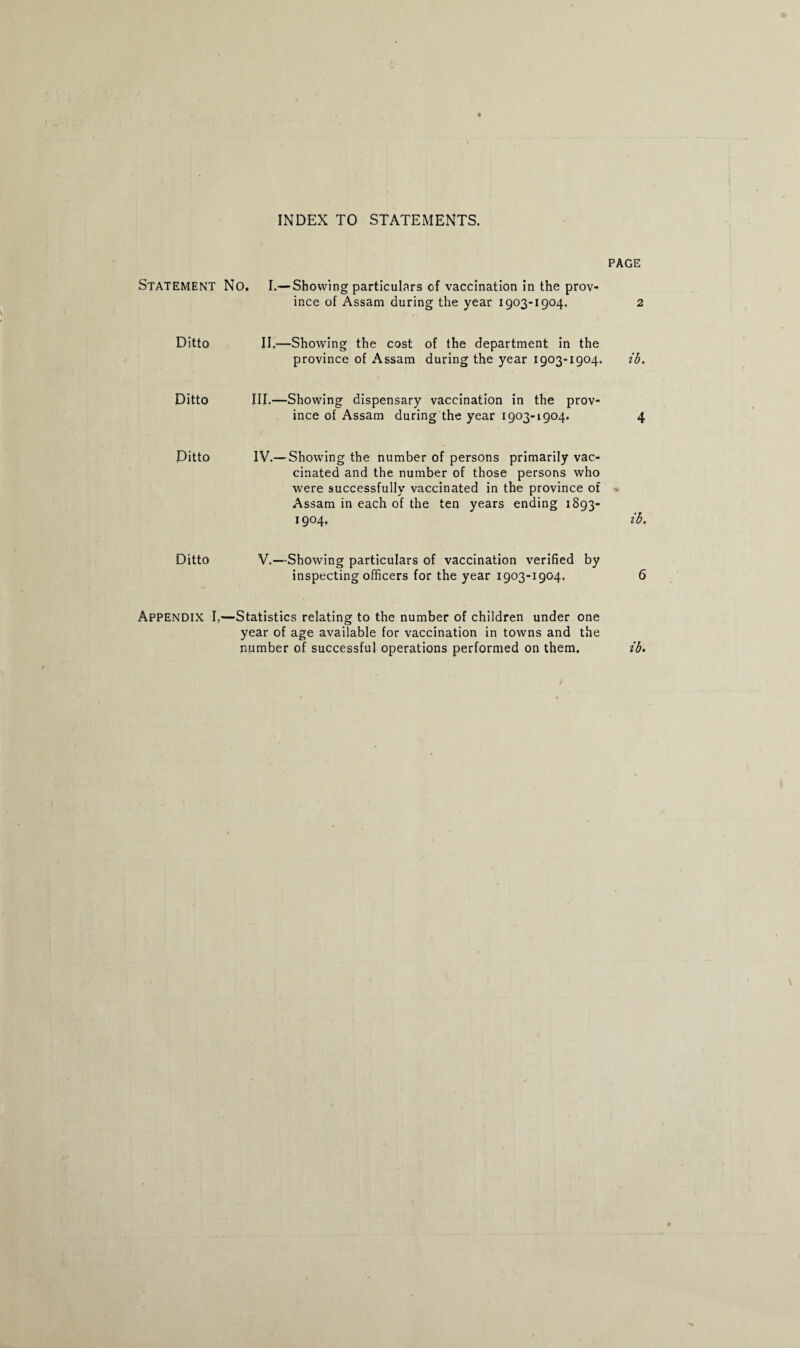 INDEX TO STATEMENTS. PAGE STATEMENT No. I.— Showing particulars of vaccination in the prov- ince of Assam during the year 1903-1904. 2 Ditto II.—Showing the cost of the department in the province of Assam during the year 1903-1904. ib. Ditto III.—Showing dispensary vaccination in the prov¬ ince of Assam during the year 1903-1904. 4 Ditto IV.— Showing the number of persons primarily vac¬ cinated and the number of those persons who were successfully vaccinated in the province of Assam in each of the ten years ending 1893- 1904. ib. Ditto V.—Showing particulars of vaccination verified by inspecting officers for the year 1903-1904. 6 APPENDIX I.—Statistics relating to the number of children under one year of age available for vaccination in towns and the number of successful operations performed on them. ib.