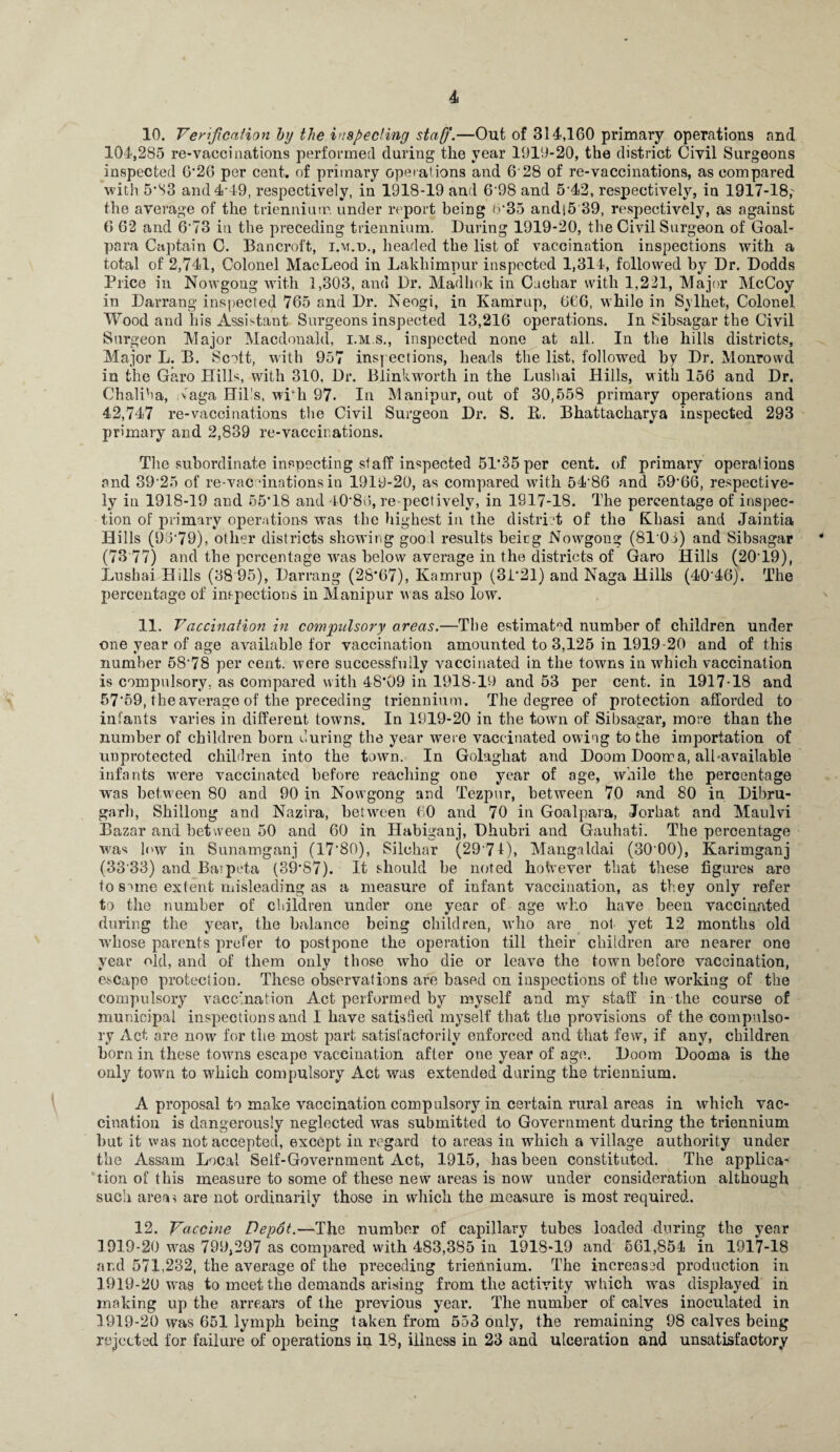10. Verification by the inspecting staff.—Out of 314,160 primary operations and 104,285 re-vaccinations performed during the year 1919-20, the district Civil Surgeons inspected 6*26 per cent, of primary operations and 6'28 of re-vaccinations, as compared with 5*S3 and 4*49, respectively, in 1918-19 and 6*98 and 5*42, respectively, in 1917-18,' the average of the triennium under report being 6*35 andj5 39, respectively, as against 6 62 and 6*73 in the preceding triennium. During 1919-20, the Civil Surgeon of Goal- para Captain C. Bancroft, i.m.d., headed the list of vaccination inspections with a total of 2,741, Colonel MacLeod in Lakhimpur inspected 1,314, followed by Dr. Dodds Price in Nowgong with 1,303, and Dr. Madliok in Cachar with 1,221, Major McCoy in Darrang inspected 765 and Dr. Neogi, in Kamrup, 666, while in Sylhet, Colonel Wood and his Assistant Surgeons inspected 13,216 operations. In Sibsagar the Civil Surgeon Major Macdonald, i.m.s., inspected none at all. In the hills districts, Major L. B. Scott, with 957 inspections, heads the list, followed by Dr. Monrowd in the Garo Hills, with 310, Dr. Blinkworth in the Lushai Hills, with 156 and Dr, Chaliha, Naga Hills, wph 97- In Manipur, out of 30,558 primary operations and 42,747 re-vaccinations the Civil Surgeon Dr. S. B. Bhattacharya inspected 293 primary and 2,839 re-vaccinations. The subordinate inspecting staff inspected 5P35 per cent, of primary operations and 39 25 of re-vac dnntions in 1919-20, as compared with 54*86 and 59*66, respective¬ ly in 1918-19 and 65*18 and 40*86, re-pectivelv, in 1917-18. The percentage of inspec¬ tion of primary operations was the highest in the district of the Khasi and Jaintia Hills (93*79), other districts showing goo 1 results being Now7gong (810 5) and Sibsagar (73 77) and the percentage was below average in the districts of Garo Hills (20*19), Lushai Hills (38 95), Darrang (28*67), Kamrup (31*21) and Naga Hills (40*46). The percentage of inspections in Manipur was also low. 11. Vaccination in compnlsoi'y areas.—The estimatnd number of children under one year of age available for vaccination amounted to 3,125 in 1919-20 and of this number 58*78 per cent, were successfully vaccinated in the towns in which vaccination is compulsory, as compared with 48*09 in 1918-19 and 53 per cent, in 1917-18 and 57*59, the average of the preceding triennium. The degree of protection afforded to infants varies in different towns. In 1919-20 in the town of Sibsagar, more than the number of children born during the year wTei*e vaccinated owing to the importation of unprotected children into the town. In Golaghat and Doom Doorra, albavailable infants wrere vaccinated before reaching one year of age, while the percentage was betw een 80 and 90 in Now*gong and Tezpur, between 70 and 80 in Dibru- garh, Shillong and Nazira, between 60 and 70 in Goalpara, Jorkat and Maulvi Bazar and between 50 and 60 in Habiganj, Dhubri and Gauhati. The percentage was low in Sunamganj (17*80), Silchar (29*71), Mangaldai (30*00), Karimganj (33*33) and Baipeta (39*87). It should be noted hotvever that these figures are to swne extent misleading as a measure of infant vaccination, as they only refer to the number of children under one year of age who have been vaccinated during the year, the balance being children, who are not yet 12 months old W’liose parents prefer to postpone the operation till their children are nearer one year old, and of them only those who die or leave the town before vaccination, escape protection. These observations are based on inspections of the working of the compulsory vaccination Act performed by myself and my staff in the course of municipal inspections and I have satisfied myself that the provisions of the compulso¬ ry Act are nowr for the most part satisfactorily enforced and that few, if any, children horn in these towns escape vaccination after one year of age. Doom Doorna is the only town to wdiich compulsory Act was extended during the triennium. A proposal to make vaccination compulsory in certain rural areas in which vac¬ cination is dangerously neglected was submitted to Government during the triennium hut it was not accepted, except in regard to areas in which a village authority under the Assam Local Self-Government Act, 1915, has been constituted. The applica¬ tion of this measure to some of these new areas is now under consideration although such area* are not ordinarily those in which the measure is most required. 12. Vaccine Depdt.—The number of capillary tubes loaded during the year 1919-20 wras 799,297 as compared with 483,385 in 1918-19 and 561,854 in 1917-18 and 571,232, the average of the preceding triennium. The increased production in 1919-20 wras to meet the demands arising from the activity which wras displayed in making up the arrears of the previous year. The number of calves inoculated in 1919-20 was 651 lymph being taken from 553 only, the remaining 98 calves being rejected for failure of operations in 18, illness in 23 and ulceration and unsatisfactory