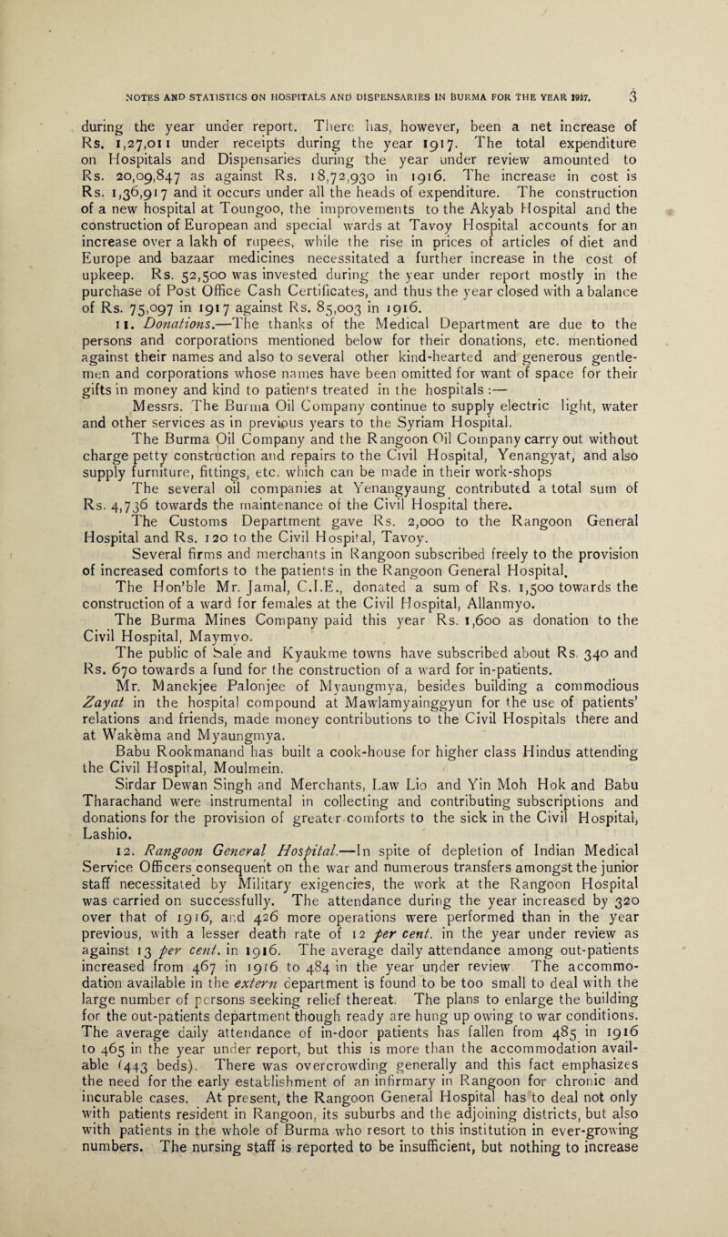 during the year under report. There has, however, been a net increase of Rs. 1,27,011 under receipts during the year 1917. The total expenditure on Hospitals and Dispensaries during the year under review amounted to Rs. 20,09,847 as against Rs. 18,72,930 in 1916. The increase in cost is Rs. 1,36,917 and it occurs under all the heads of expenditure. The construction of a new hospital at Toungoo, the improvements to the Akyab Hospital and the construction of European and special wards at Tavoy Hospital accounts for an increase over a lakh of rupees, while the rise in prices of articles of diet and Europe and bazaar medicines necessitated a further increase in the cost of upkeep. Rs. 52,500 was invested during the year under report mostly in the purchase of Post Office Cash Certificates, and thus the year closed with a balance of Rs. 75,097 in 1917 against Rs. 85,003 in 1916. 11. Donations.—The thanks of the Medical Department are due to the persons and corporations mentioned below for their donations, etc. mentioned against their names and also to several other kind-hearted and generous gentle¬ men and corporations whose names have been omitted for want of space for their gifts in money and kind to patients treated in the hospitals :— Messrs. The Burma Oil Company continue to supply electric light, water and other services as in previous years to the Syriam Hospital. The Burma Oil Company and the Rangoon Oil Company carry out without charge petty construction and repairs to the Civil Hospital, Yenangyat, and also supply furniture, fittings, etc. which can be made in their work-shops The several oil companies at Yenangyaung contributed a total sum of Rs. 4)736 towards the maintenance of the Civil Hospital there. The Customs Department gave Rs. 2,000 to the Rangoon General Hospital and Rs. 120 to the Civil Hospital, Tavoy. Several firms and merchants in Rangoon subscribed freely to the provision of increased comforts to the patients in the Rangoon General Hospital. The Hon’ble Mr. Jamal, C.I.E., donated a sum of Rs. 1,500 towards the construction of a ward for females at the Civil Hospital, Allanmyo. The Burma Mines Company paid this year Rs. 1,600 as donation to the Civil Hospital, Maymvo. The public of Sale and Kyaukme towns have subscribed about Rs. 340 and Rs. 670 towards a fund for the construction of a ward for in-patients. Mr. Manekjee Palonjee of Myaungmya, besides building a commodious Zayat in the hospital compound at Mawlamyainggyun for the use of patients’ relations and friends, made money contributions to the Civil Hospitals there and at Wakbma and Myaungmya. Babu Rookmanand has built a cook-house for higher class Hindus attending the Civil Hospital, Moulmein. Sirdar Dewan Singh and Merchants, Law Lio and Yin Moh Hok and Babu Tharachand were instrumental in collecting and contributing subscriptions and donations for the provision of greater comforts to the sick in the Civil Hospital, Lashio. 12. Rangoon General Hospital.—In spite of depletion of Indian Medical Service Officers consequent on the war and numerous transfers amongst the junior staff necessitated by Military exigencies, the work at the Rangoon Hospital was carried on successfully. The attendance during the year increased by 320 over that of 1916, and 426 more operations were performed than in the year previous, with a lesser death rate of 12 per cent, in the year under review as against 13 per cent, in 1916. The average daily attendance among out-patients increased from 467 in 1916 to 484 in the year under review The accommo¬ dation available in the extern department is found to be too small to deal with the large number of persons seeking relief thereat. The plans to enlarge the building for the out-patients department though ready are hung up owing to war conditions. The average daily attendance of in-door patients has fallen from 485 in 1916 to 465 in the year under report, but this is more than the accommodation avail¬ able <443 beds). There was overcrowding generally and this fact emphasizes the need for the early establishment of an infirmary in Rangoon for chronic and incurable cases. At present, the Rangoon General Hospital has to deal not only with patients resident in Rangoon, its suburbs and the adjoining districts, but also writh patients in the whole of Burma who resort to this institution in ever-growing numbers. The nursing staff is reported to be insufficient, but nothing to increase