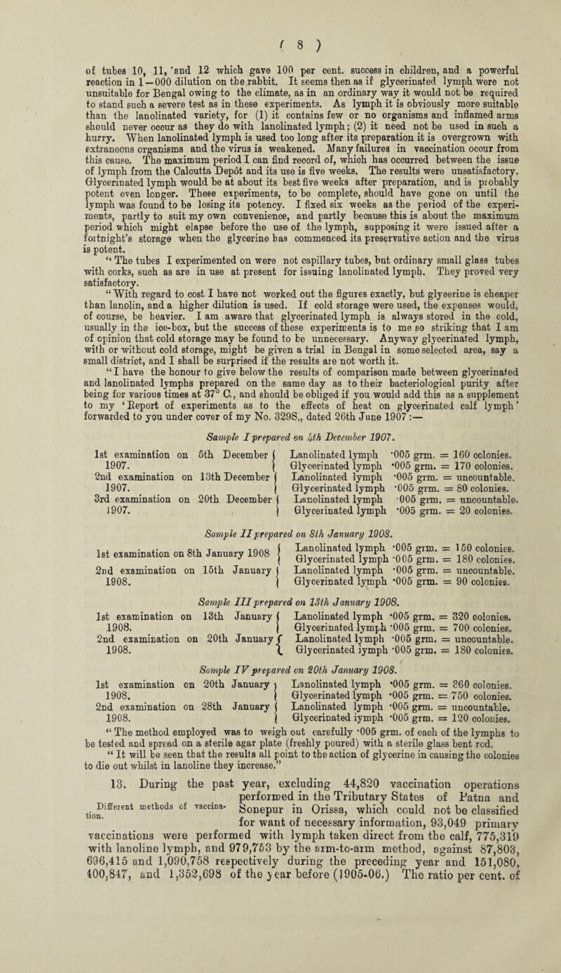 of tubes 10, 11, rand 12 which gave 100 per cent, success in children, and a powerful reaction in 1 — 000 dilution on the rabbit. It seems then as if glycerinated lymph were not unsuitable for Bengal owing to the climate, as in an ordinary way it would not be required to stand such a severe test as in these experiments. As lymph it is obviously more suitable than the lanolinated variety, for (1) it contains few or no organisms and inflamed arms should never occur as they do with lanolinated lymph; (2) it need not be used in such a hurry. When lanolinated lymph is used too long after its preparation it is overgrown with extraneous organisms and the virus is weakened. Many failures in vaccination occur from this cause. The maximum period I can find record of, which has occurred between the issue of lymph from the Calcutta Depot and its use is five weeks. The results were unsatisfactory. Glycerinated lymph would be at about its best five weeks after preparation, and is probably potent even longer. These experiments, to be complete, should have gone on until the lymph was found to be losing its potency. I fixed six weeks as the period of the experi¬ ments, partly to suit my own convenience, and partly because this is about the maximum period which might elapse before the use of the lymph, supposing it were issued after a fortnight’s storage when the glycerine has commenced its preservative action and the virus is potent. ‘‘ The tubes I experimented on were not capillary tubes, but ordinary small glass tubes with corks, such as are in use at present for issuing lanolinated lymph. They proved very satisfactory. “ With regard to cost I have not worked out the figures exactly, but glycerine is cheaper than lanolin, and a higher dilution is used. If cold storage were used, the expenses would, of course, be heavier. I am aware that glycerinated lymph is always stored in the cold, usually in the ice-box, but the success of these experiments is to me so striking that I am of opinion that cold storage may be found to be unnecessary. Anyway glycerinated lymph, with or without cold storage, might be given a trial in Bengal in some selected area, say a small district, and I shall be surprised if the results are not worth it. “I have the honour to give below the results of comparison made between glycerinated and lanolinated lymphs prepared on the same day as to their bacteriological purity after being for various times at 37° C., and should be obliged if you would add this as a supplement to my ‘ ‘.Report of experiments as to the effects of heat on glycerinated calf lymph ’ forwarded to you under cover of my No. 329S., dated 26th June 1907:— Sample I prepared on Jth December 1907. 1st examination on 5th December l Lanolinated lymph *005 grm. 1907. I Glycerinated lymph *005 grm. 2nd examination on 13th December ( Lanolinated lymph ‘005 grm. 1907. ) Glycerinated lymph *005 grm. 3rd examination on 20th December ( Lanolinated lymph 005 grm 1907. | Glycerinated lymph *005 grm Sample IIprepared on 8th January 1908. 1st examination on 8th January 1908 { elyctrinaM ljmPph -OOS frm. 2nd examination on 15th January j Lanolinated lymph ‘005 grm. 1908. ( Glycerinated lymph *005 grm. Sample III prepared on 13th January 1908. 1st examination on 13th January ( Lanolinated lymph *005 grm. = 320 colonies. 1908. ) Glycerinated lymph 005 grm. = 700 colonies. 2nd examination on 20th January/ Lanolinated lymph *005 grm. = uncountable. 1908. (. Glycerinated iymph ‘005 grm. = 180 colonies. Sample IV prepared on 20th January 1908. 1st examination on 20th January \ Lanolinated lymph *005 grm. = 360 colonies. 1908. | Glycerinated lymph *005 grm. = 750 colonies. 2nd examination on 28th January ( Lanolinated lymph '005 grm. = uncountable. 1908. j Glycerinated iymph *005 grm. = 120 colonies. “ The method employed was to weigh out carefully ’005 grm. of each of the lymphs to be tested and spread on a sterile agar plate (freshly poured) with a sterile glass bent rod. “ It will be seen that the results all point to the action of glycerine in causing the colonies to die out whilst in lanoline they increase.” 13. During the past year, excluding 44,820 vaccination operations performed in the Tributary States of Patna and tio?2616114 metbods of TacciDa' Sonepur in Orissa, which could not be classified for want of necessary information, 93,049 primary vaccinations were performed with lymph taken direct from the calf, 775,319 with lanoline lymph, and 979,753 by the arm-to-arm method, against 87,803, 696,415 and 1,090,758 respectively during the preceding year and 151,080, 400,847, and 1,352,698 of the ) ear before (1905-06.) The ratio per cent, of = 160 colonies. = 170 colonies. = uncountable. . = 80 colonies. . = uncountable. . = 20 colonies. = 150 colonies. = 180 colonies. = uncountable. = 90 colonies.