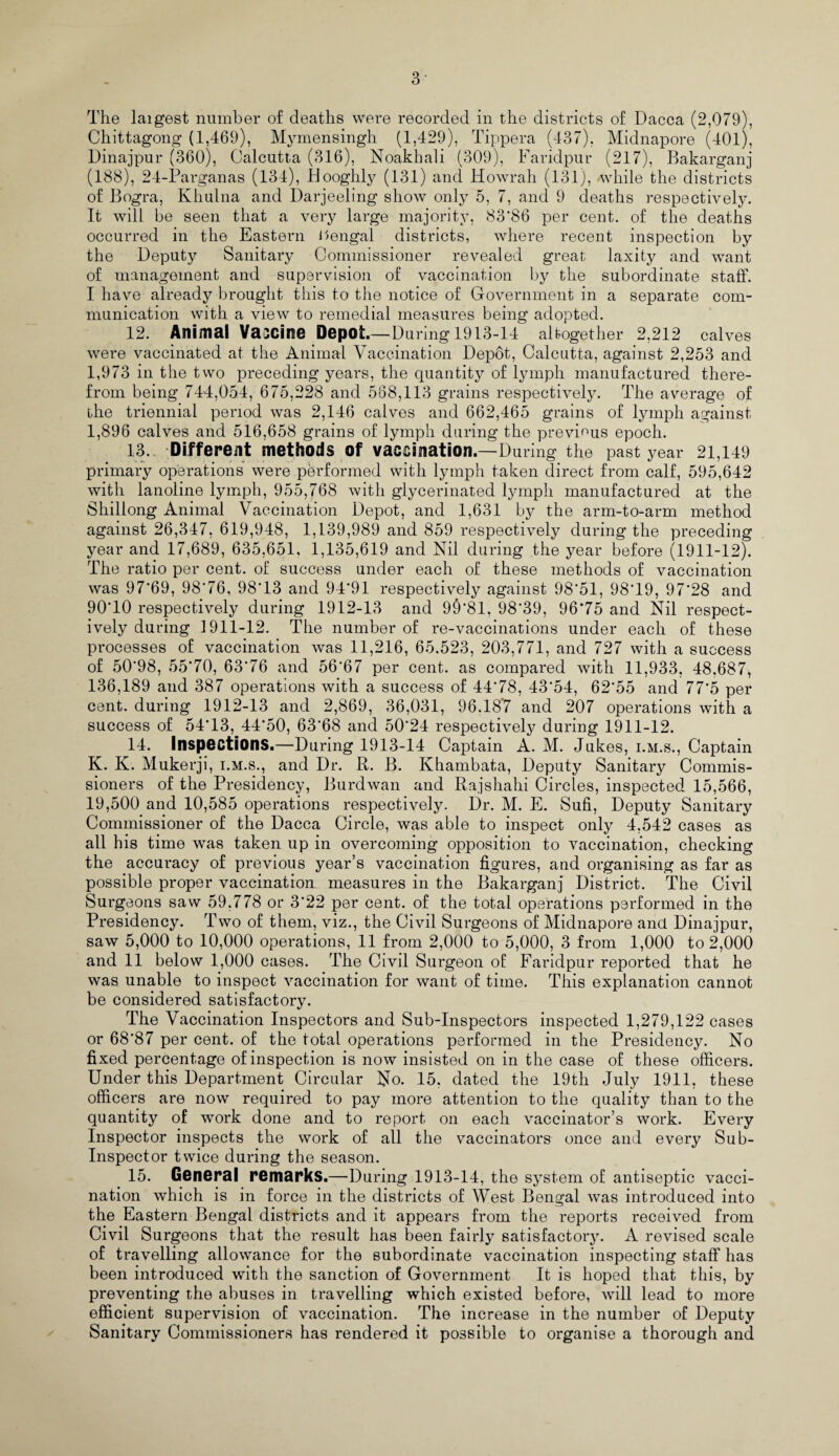 The laigest number of deaths were recorded in the districts of Dacca (2,079), Chittagong (1,469), Mymensingh (1,429), Tippera (437), Midnapore (401), Dinajpur (360), Calcutta (316), Noakhali (309), Faridpur (217), Bakarganj (188), 24-Parganas (134), Hooghly (131) and Howrah (131), while the districts of Bogra, Khulna and Darjeeling show only 5, 7, and 9 deaths respectively. It will be seen that a very large majority, 83*86 per cent, of the deaths occurred in the Eastern Bengal districts, where recent inspection by the Deputy Sanitary Commissioner revealed great laxity and want of management and supervision of vaccination by the subordinate staff. I have already brought this to the notice of Government in a separate com¬ munication with a view to remedial measures being adopted. 12. Animal Vascine Depot.—During 1913-14 altogether 2,212 calves were vaccinated at the Animal Vaccination Depot, Calcutta, against 2,253 and 1,973 in the two preceding years, the quantity of lymph manufactured there¬ from being 744,054, 675,228 and 588,113 grains respectively. The average of the triennial period was 2,146 calves and 662,465 grains of lymph against 1,896 calves and 516,658 grains of lymph during the previous epoch. 13. Different methods Of vaccination—During the past year 21,149 primary operations were performed with lymph taken direct from calf, 595,642 with lanoline lymph, 955,768 with glycerinated lymph manufactured at the Shillong Animal Vaccination Depot, and 1,631 by the arm-to-arm method against 26,347, 619,948, 1,139,989 and 859 respectively during the preceding year and 17,689, 635,651, 1,135,619 and Nil during the year before (1911-12). The ratio per cent, of success under each of these methods of vaccination was 97*69, 98*76, 98*13 and 94*91 respectively against 98*51, 98*19, 97*28 and 90*10 respectively during 1912-13 and 9§'81, 98*39, 96*75 and Nil respect¬ ively during 1911-12. The number of re-vaccinations under each of these processes of vaccination was 11,216, 65.523, 203,771, and 727 with a success of 50*98, 55*70, 63*76 and 56*67 per cent, as compared with 11,933, 48.687, 136,189 and 387 operations with a success of 44*78, 43*54, 62*55 and 77*5 per cent, during 1912-13 and 2,869, 36,031, 96.187 and 207 operations with a success of 54*13, 44*50, 63*68 and 50*24 respectively during 1911-12. 14. Inspections.—During 1913-14 Captain A. M. Jukes, i.m.s., Captain K. K. Mukerji, i.m.s., and Dr. R. B. Khambata, Deputy Sanitary Commis¬ sioners of the Presidency, Burdwan and Rajshahi Circles, inspected 15,566, 19,500 and 10,585 operations respectively. Dr. M. E. Sufi, Deputy Sanitary Commissioner of the Dacca Circle, was able to inspect only 4,542 cases as all his time was taken up in overcoming opposition to vaccination, checking the accuracy of previous year’s vaccination figures, and organising as far as possible proper vaccination measures in the Bakarganj District. The Civil Surgeons saw 59,778 or 3*22 per cent, of the total operations performed in the Presidency. Two of them, viz., the Civil Surgeons of Midnapore and Dinajpur, saw 5,000 to 10,000 operations, 11 from 2,000 to 5,000, 3 from 1,000 to 2,000 and 11 below 1,000 cases. The Civil Surgeon of Faridpur reported that he was unable to inspect vaccination for want of time. This explanation cannot be considered satisfactory. The Vaccination Inspectors and Sub-Inspectors inspected 1,279,122 cases or 68*87 per cent, of the total operations performed in the Presidency. No fixed percentage of inspection is now insisted on in the case of these officers. Under this Department Circular No. 15. dated the 19th July 1911, these officers are now required to pay more attention to the quality than to the quantity of work done and to report on each vaccinator’s work. Every Inspector inspects the work of all the vaccinators once and every Sub- Inspector twice during the season. 15. General remarks.—During 1913-14, the system of antiseptic vacci¬ nation which is in force in the districts of West Bengal was introduced into the Eastern Bengal districts and it appears from the reports received from Civil Surgeons that the result has been fairly satisfactory. A revised scale of travelling allowance for the subordinate vaccination inspecting staff has been introduced with the sanction of Government It is hoped that this, by preventing the abuses in travelling which existed before, will lead to more efficient supervision of vaccination. The increase in the number of Deputy Sanitary Commissioners has rendered it possible to organise a thorough and