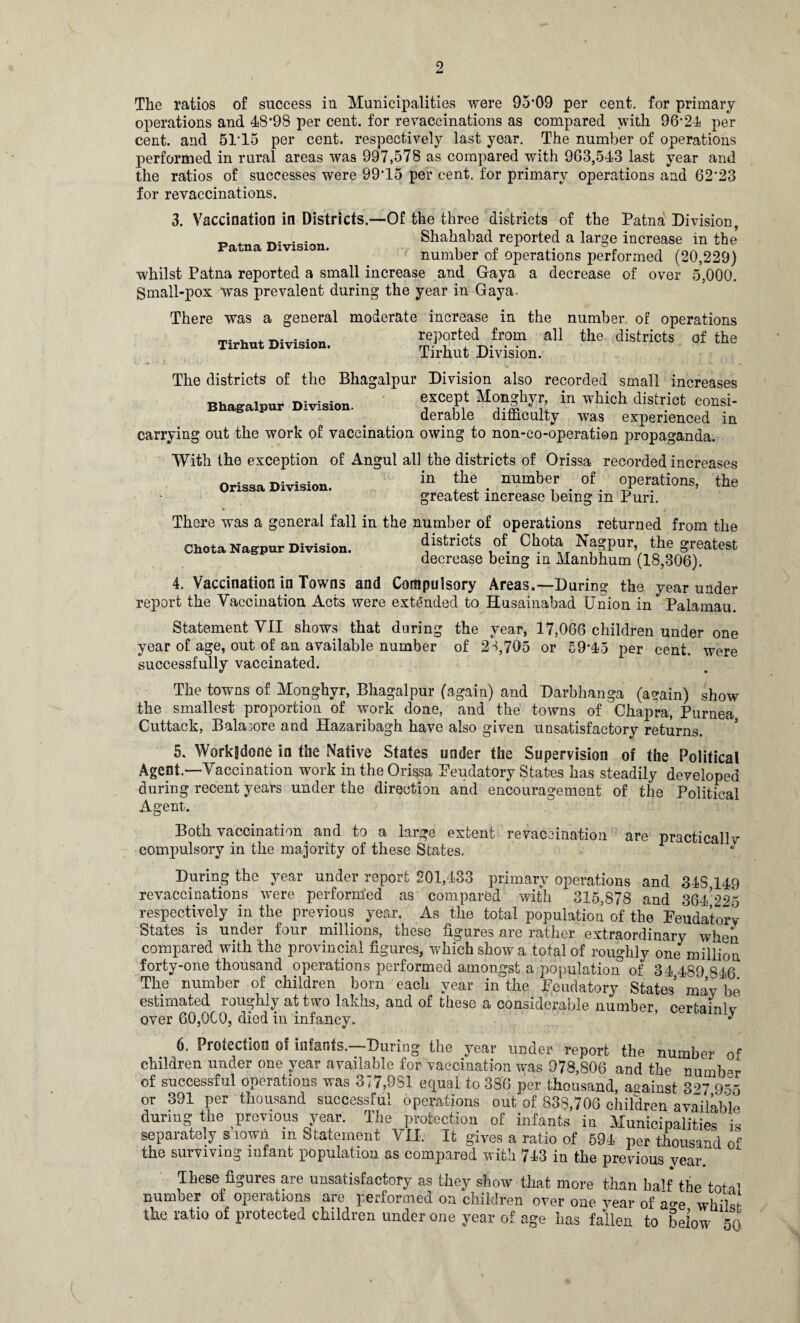 The ratios of success in Municipalities were 95*09 per cent, for primary operations and 48*98 per cent, for revaccinafcions as compared with 96*24 per cent, and 5115 per cent, respectively last year. The number of operations performed in rural areas was 997,578 as compared with 963,543 last year and the ratios of successes were 99*15 per cent, for primary operations and 62’23 for revaccinations. 3. Vaccination in Districts.—Of the three districts of the Patna Division, „ A - Shahabad reported a large increase in the number of operations performed (20,229) whilst Patna reported a small increase and Gaya a decrease of over 5,000. Small-pox was prevalent during the year in Gaya- There was a general moderate increase in the number, of operations Tirhut Division. StDivTsL ““ ^ The districts of the Bhagalpur Division also recorded small increases Bhagalpur Division. in wWch district “nsi- derable difficulty was experienced in carrying out the work of vaccination owing to non-co-operation propaganda. With the exception of Angul all the districts of Orissa recorded increases in the . number of operations, the greatest increase being in Puri. Orissa Division. There was a general fall in the number of operations returned from the districts of Chota Nagpur, the greatest decrease being in Manbhum (18,306). Chota Nagpur Division. 4. Vaccination in Towns and Compulsory Areas.—During the year under report the Vaccination Acts were extended to Husainabad Union in Palamau. Statement VII shows that during the year, 17,066 children under one year of age, out of an available number of 2>,705 or 59*45 per cent, were successfully vaccinated. The towns of Monghyr, Bhagalpur (again) and Darbhanga (again) show the smallest proportion of work done, and the towns of Chapra, Purnea Cuttack, Balaiore and Hazaribagh have also given unsatisfactory returns. 5. Workgdone in the Native States uader the Supervision of the Political Agent.—Vaccination work in the Orissa Peudatory States has steadily developed during recent years under the direction and encouragement of the Political Agent. Both vaccination and to a large extent re vaccination are practicallv compulsory in the majority of these States. During the year under report 201,433 primary operations and 34S 149 revaccinations were performed as compared with 315,878 and 364'2^5 respectively in the previous year. As the total population of the Peudatory States is under four millions, these figures are rather extraordinary when compared with the provincial figures, which show a total of roughly one million forty-one thousand operations performed amongst a population of 34 489 846 The number of children born each year in the Peudatory States maybe estimated roughly at two lakhs, and of these a considerable number certainly over 60,000, died iu infancy. ’ ^ 6. Protection of infants.—During the year under report the number of children under one year available for vaccination was 078,S06 and the number of successful operations was 377,931 equal to 386 per thousand, against 397 gv, or 391 per thousand successful operations out of 838,706 children available during the previous year. The protection of infants iu Municipalities is separately shown in Statement VII. It gives a ratio of 594 per thousand of the surviving infant population as compared with 743 in the previous vear. ^ These figures are unsatisfactory as they show that more than half the totv number of operations are performed on children over one vear of a<re whilst the ratio of protected children under one year of age has fallen to below 5'