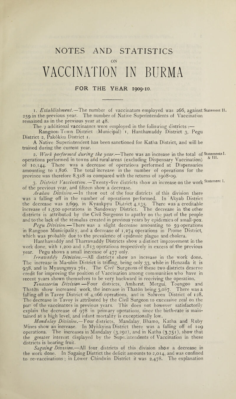 ON VACCINATION IN BURMA FOR THE YEAR 1909-10. 1. Establishment.—The number of vaccinators employed was 266, against Statement II. 259 in the previous year. The number of Native Superintendents of Vaccination remained as in the previous year at 48. The 7 additional vaccinators were employed in the following districts :— Rangoon Town District (Municipal) f, Hanthawaddy District 3, Pegu District 2, Pakokku District 1. A Native Superintendent has been sanctioned for Katha District, and will be trained during the current year. 2. Work performed during the year.—There was an increase in the total ofStatements 1 • operations performed in towns and rural areas (excluding Dispensary Vaccination) lSc of 10,144. There was a decrease of operations performed at Dispensaries amounting to 1,826. The total increase in the number of operations for the province was therefore 8,318 as compared with the returns of 1908-09. 3. District Vaccination.—Twenty-five districts show an increase on the work Statement ’• of the previous year, and fifteen show7 a decrease. Arakan Division.—In three out of the four districts of this division there was a falling off in the number of operations performed. In /\kyab District the decrease was 2,699, in Kyaukpyu District 4,135. There was a creditable increase of 1,500 operations in Sandoway District. The decrease in the other districts is attributed by the Civil Surgeons to apathy on the part of the people and to the lack of the stimulus created in previous years by epidemics of small-pox. Pegu Division.—There was a slight decrease amounting to 59 operations in Rangoon Municipality, and a decrease of 1,274 operations in Prome District, which was probably due to the prevalence of epidemic plague and cholera. Hanthawaddy and Tharrawaddy Districts show a distinct improvement in the work done, with 1,200 and 1,813 operations respectively in excess of the previous year. Pegu shows a small increase of 477 only. D'rawaddy Division.—All districts show an increase in the work done. The increase in Ma-ubin District is trifling, being only 33, while in Henzada it is 938, and in Myaungmya 761. The Civil Surgeons of these two districts deserve credit for improving the position of Vaccination among communities who have in recent years shown themselves to be very backward in receiving the operation. Tenasserim Division—Four districts, Amherst, Mergui, Toungoo and Thaton show increased work, the increase in Thaton being 3,087. There wras a falling off in Tavoy District of 4,066 operations, and in Salween District of 128. The decrease in Tavoy is attributed by the Civil Surgeon to excessive zeal on the pari of the vaccinators in previous years. This does not however satisfactorily explain the decrease of 978 in primary operations, since the birth-rate is main¬ tained at a high level, and infant mortality is exceptionally low. Mandalay Division.— Four districts, Mandalay, Bhamo, Katha and Ruby Mines show an increase. In Myitkyina District there was a falling off of 109 operations. The increases in Mandalay (3,292), and in Katha (3,751), show that the greater interest displayed by the Supe; intendents of Vaccination in these districts is bearing fruit. Sagaing Division.—All four districts of this division show a decrease in the work done. In Sagaing District the deficit amounts to 2,014, and was confined to re-vaccinations ; in Lower Chindwin District it was 2,478. The explanation