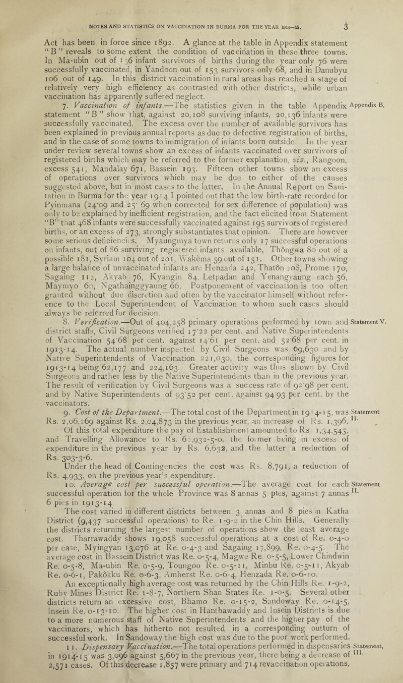 Act has been in force since 1892. A glance at the table in Appendix statement “B” reveals to some extent the condition of vaccination in these three towns. In Ma-ubin out of 136 infant survivors of births during the year only 76 were successfully vaccinated, in Yandoon out of 153 survivors only 68, and in Danubyu 106 out of 149. In this district vaccination in rural areas has reached a stage of relatively very high efficiency as contrasted with other districts, while urban vaccination has apparently suffered neglect. 7. Vaccination of infants.—The statistics given in the table Appendix Appendix B. statement ff B ” show that, against 20,108 surviving infants, 20,136 infants were successfully vaccinated. The excess over the number of available survivors has been explained in previous annual reports as due to defective registration of births, and in the case of some towns to immigration of infants born outside. In the year under review several towns show an excess of infants vaccinated over survivors of registered births which may be referred to the former explanation, viz., Rangoon, excess 541, Mandalay 671, Bassein 193. Fifteen other towns show an excess of operations over survivors which may be due to either of the causes suggested above, but in most cases to the latter. In the Annual Report on Sani¬ tation m Burma for the year 1914 I pointed out that the low birth-rate recorded for Ryinmana (24’o9 and 25’ 69 when corrected for sex difference of population) was only to be explained by inefficient registration, and the fact elicited from Statement “B” that 468 infants were successfully vaccinated against 195 survivors of registered births, or an excess of 273, strongly substantiates that opinion. There are however some serious deficiencies. Myaungmya town returns only 1 7 successful operations on infants, out of 86 surviving registered infants available, Th6ngwa 80 out of a possible i8i,Syriam 104 out of 201, Wakema 59 out of 151. Other towns showing a large balance of unvaccinated infants are Henzada 242,Thaton 208, Prome 170, Sagaing 112, Akyab 76, Kyangin 84, Letpadan and Yenangyaung each 56, Maymyo 60, Ngathainggyaung 66. Postponement of vaccination is too often granted without due discretion and often by the vaccinator himself without refer¬ ence to the Local Superintendent of Vaccination to whom such cases should always be referred for decision. 8. Verification.—Out of 404,258 primary operations performed by town and StatementV. district staffs, Civil Surgeons verified i7'22 per cent, and Native Superintendents of Vaccination 54‘68 per cent, against i4'6i per cent, and 52'68 per cent, in 1913-14. The actual number inspected by Civil Surgeons was 69,630 and by Native Superintendents of Vaccination 221,030, the corresponding figures for 1913-14 being 62,177 and 224,163. Greater activity was thus shown by Civil Surgeons and rather less by the Native Superintendents than in the previous year. The result of verification by Civil Surgeons was a success rate of 92'98 per cent, and by Native Superintendents of 93'52 per cent, against 94 93 per cent, by the vaccinators. 9. Cost of the Department.—The total cost of the Department m 191 4-1 5, was Statement Rs. 2,06,269 against Rs. 2,04,873 in the previous year, an increase of Rs. 1,396.11’ Of this total expenditure the pay of Establishment amounted to Rs 1,34,545, and Travelling Allowance to Rs. 62,932-5-0, the former being in excess of expenditure in the previous year by Rs. 6,632, and the latter a reduction of Rs. 303-3-6. Under the head of Contingencies the cost was Rs. 8,791, a reduction of Rs. 4,933, on the previous year's expenditure. 10. Average cost per successful operation.—The average cost for each Statement successful operation for the whole Province was 8 annas 5 pies, against 7 annas 6 pies in 1913-14 The cost varied in different districts between 3 annas and 8 pies in Katha District (9,437 successful operations) to Re. 1-9-2 in the Chin Hills. Generally the districts returning the largest number of operations show the least average cost. Tharrawaddy shows 19,058 successful operations at a cost of Re. 0-4-0 per case, Myingyan 13,076 at Re. 0-4-3 and Sagaing 17,899, Re. 0-4-5. The average cost in Bassein District was Re. 0-5-4, Magwe Re. 0-5-5, Lower Chindwin Re. 0-5-8, Ma-ubin Re. 0-5-9, Toungoo Re. 0-5-11, Minbu Re. 0-5-11, Akyab Re. 0-6-1, Pakokku Re. 0-6-3, Amherst R.e. 0-6-4, Henzada Re. 0-6-10. An exceptionally high average cost was returned by the Chin Hills Re. 1-9*2, Rubv Mines District Re. 1-8-7, Northern Shan States Re. 1-0-5. Several other districts return an excessive cost, Bhamo Re. 0-15-2, Sandoway Re. 0-14-5, Insein Re. 0-13-10. The higher cost in Hanthawaddy and Insein Districts is due to a more numerous staff of Native Superintendents and the higher pay of the vaccinators, which has hitherto not resulted in a corresponding outturn of successful work. In Sandoway the high cost was due to the poor wrork performed. 1 1. Dispensary Vaccination.—The total operations performed in dispensaries Statement, in 1914-1 5 was 3,096 against 5,667 in the previous year, there being a decrease of lIL 2,571 cases. Of this decrease 1,857 were primary and 714 revaccination operations.
