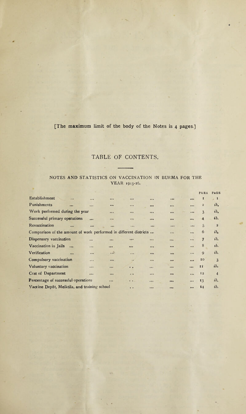 4 [The maximum limit of the body of the Notes is 4 pages.] TABLE OF CONTENTS. NOTES AND STATISTICS ON VACCINATION IN BURMA FOR THE YEAR 1915-16. PARA PAGE Establishment • 11 ••• ••• «• t I , 1 Punishments • •• •( • mi • • • • • • 2 ib. Work performed during the year ••• ••• tit • t I • • • 3 ib. Successful primary operations ... ••• til |M Ml 4 ib. Revaccination ... III • • • 5 2 Comparison of the amount of work performed in different districts ... ... 6 ib. Dispensary vaccination •It «•* • • • • 7 ib. Vaccination in Jails • •• Ml Mi • • • 8 ib. Verification • • • ... 9 ib. Compulsory vaccination • • • »• Ml • •• 10 3 Voluntary vaccination ••• • • III • • • 11 ib. Cost of Department • •• (It Iff • •• 12 4 Percentage of successful operations ••• • * • • • • •• Ill *3 ib. Vactine Depfit, Meiktila, and training school Ml Ml M ib.