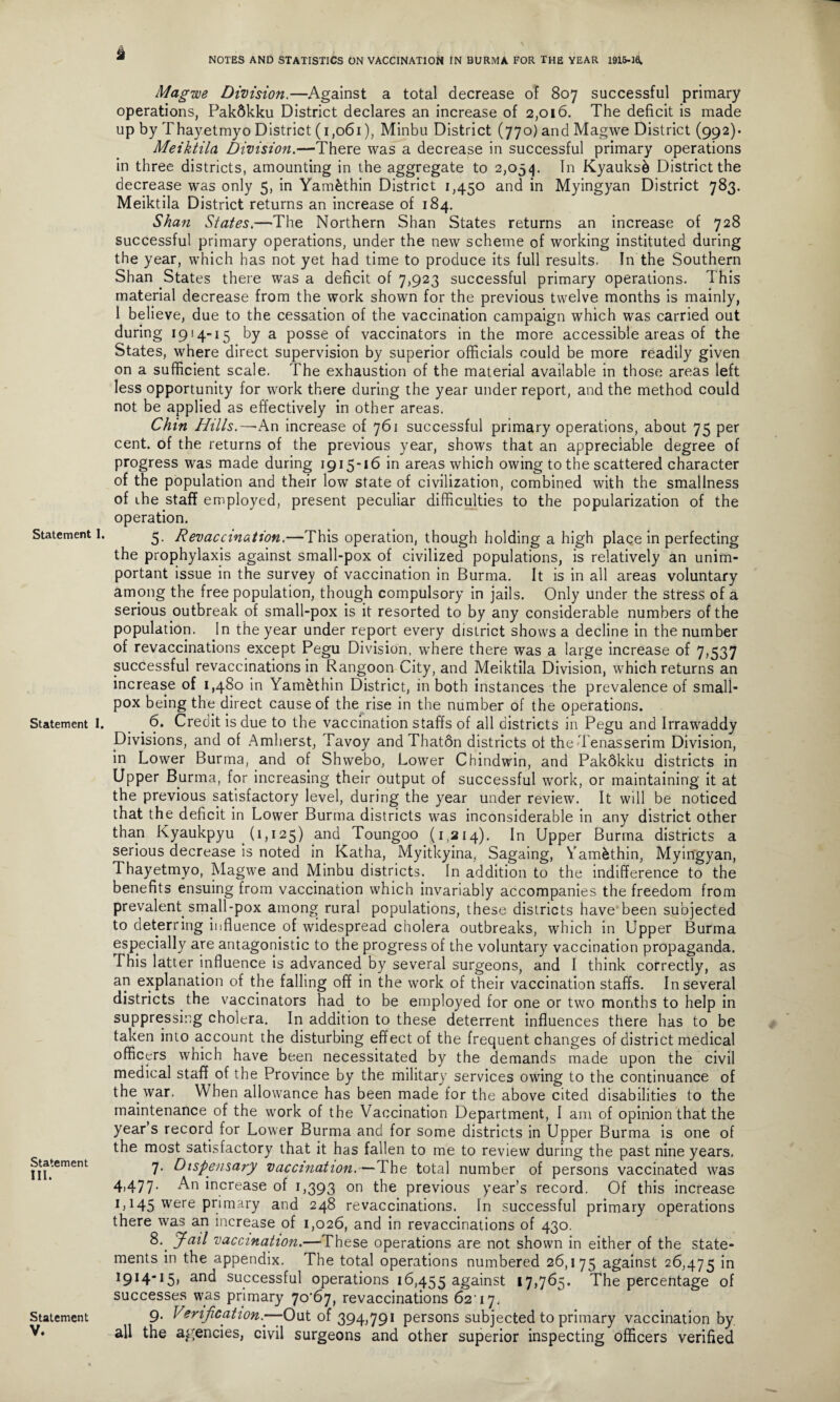 Statement I. Statement III. Statement V. * NOTES AND STATISTICS ON VACCINATION IN BURMA FOR THE YEAR 1916-1^ Magwe Division.—Against a total decrease of 807 successful primary operations, Pakdkku District declares an increase of 2,016. The deficit is made up by Thayetmyo District (1,061), Minbu District (770) and Magwe District (992)* Meiktila Division.—There was a decrease in successful primary operations in three districts, amounting in the aggregate to 2,054. Iu Kyauksb District the decrease was only 5, in Yam&thin District 1,450 and in Myingyan District 783. Meiktila District returns an increase of 184. Shan States.—The Northern Shan States returns an increase of 728 successful primary operations, under the new scheme of working instituted during the year, which has not yet had time to produce its full results. In the Southern Shan States there was a deficit of 7,923 successful primary operations. T his material decrease from the work shown for the previous twelve months is mainly, 1 believe, due to the cessation of the vaccination campaign which was carried out during 1914-15 by a posse of vaccinators in the more accessible areas of the States, where direct supervision by superior officials could be more readily given on a sufficient scale. The exhaustion of the material available in those areas left less opportunity for work there during the year under report, and the method could not be applied as effectively in other areas. Chin Hills.—-An increase of 761 successful primary operations, about 75 per cent, of the returns of the previous year, shows that an appreciable degree of progress was made during 1915-16 in areas which owing to the scattered character of the population and their low state of civilization, combined with the smallness of the staff employed, present peculiar difficulties to the popularization of the operation. 5. Revaccmation.—This operation, though holding a high place in perfecting the prophylaxis against small-pox of civilized populations, is relatively an unim¬ portant issue in the survey of vaccination in Burma. It is in all areas voluntary among the free population, though compulsory in jails. Only under the stress of a serious outbreak of small-pox is it resorted to by any considerable numbers of the population. In the year under report every district shows a decline in the number of revaccinations except Pegu Division, where there was a large increase of 7,537 successful revaccinations in Rangoon City, and Meiktila Division, which returns an increase of 1,480 in Yam£thin District, in both instances the prevalence of small¬ pox being the direct cause of the rise in the number of the operations. 6. Credit is due to the vaccination staffs of all districts in Pegu and Irrawaddy Divisions, and of Amherst, Tavoy andThaton districts of the Tenasserim Division, in Lower Burma, and of Shwebo, Lower Chindwin, and Pakdkku districts in Upper Burma, for increasing their output of successful work, or maintaining it at the previous satisfactory level, during the year under review. It will be noticed that the deficit in Lower Burma districts was inconsiderable in any district other than Kyaukpyu (1,125) an<^ Toungoo (1,214). In Upper Burma districts a serious decrease is noted in Katha, Myitkyina, Sagaing, Yam&thin, Myingyan, Thayetmyo, Magwe and Minbu districts. In addition to the indifference to the benefits ensuing from vaccination which invariably accompanies the freedom from prevalent, small-pox among rural populations, these districts have been subjected to deterring influence of widespread cholera outbreaks, which in Upper Burma especially are antagonistic to the progress of the voluntary vaccination propaganda. This latter influence is advanced by several surgeons, and I think correctly, as an explanation of the falling off in the work of their vaccination staffs. In several districts the vaccinators had to be employed for one or two months to help in suppressing cholera. In addition to these deterrent influences there has to be taken into account the disturbing effect of the frequent changes of district medical officers which have been necessitated by the demands made upon the civil medical staff of the Province by the military services owing to the continuance of the. war. When allowance has been made for the above cited disabilities to the maintenance of the work of the Vaccination Department, I am of opinion that the year s record for Lower Burma and for some districts in Upper Burma is one of the most satisfactory that it has fallen to me to review during the past nine years. 7. Dispensary vaccination.—The total number of persons vaccinated was 4)477- increase of 1,393 on the previous year’s record. Of this increase L *45 were primary and 248 revaccinations. In successful primary operations there was an increase of 1,026, and in revaccinations of 430. 8.. Jail vaccination.—These operations are not shown in either of the state¬ ments in the appendix. The total operations numbered 26,175 against 26,475 i° and successful operations 16,455 against 17,765. The percentage of successes was primary 70^67, revaccinations 62'17. 9. Veri fication.-— Out of 394,791 persons subjected to primary vaccination by all the agencies, civil surgeons and other superior inspecting officers verified