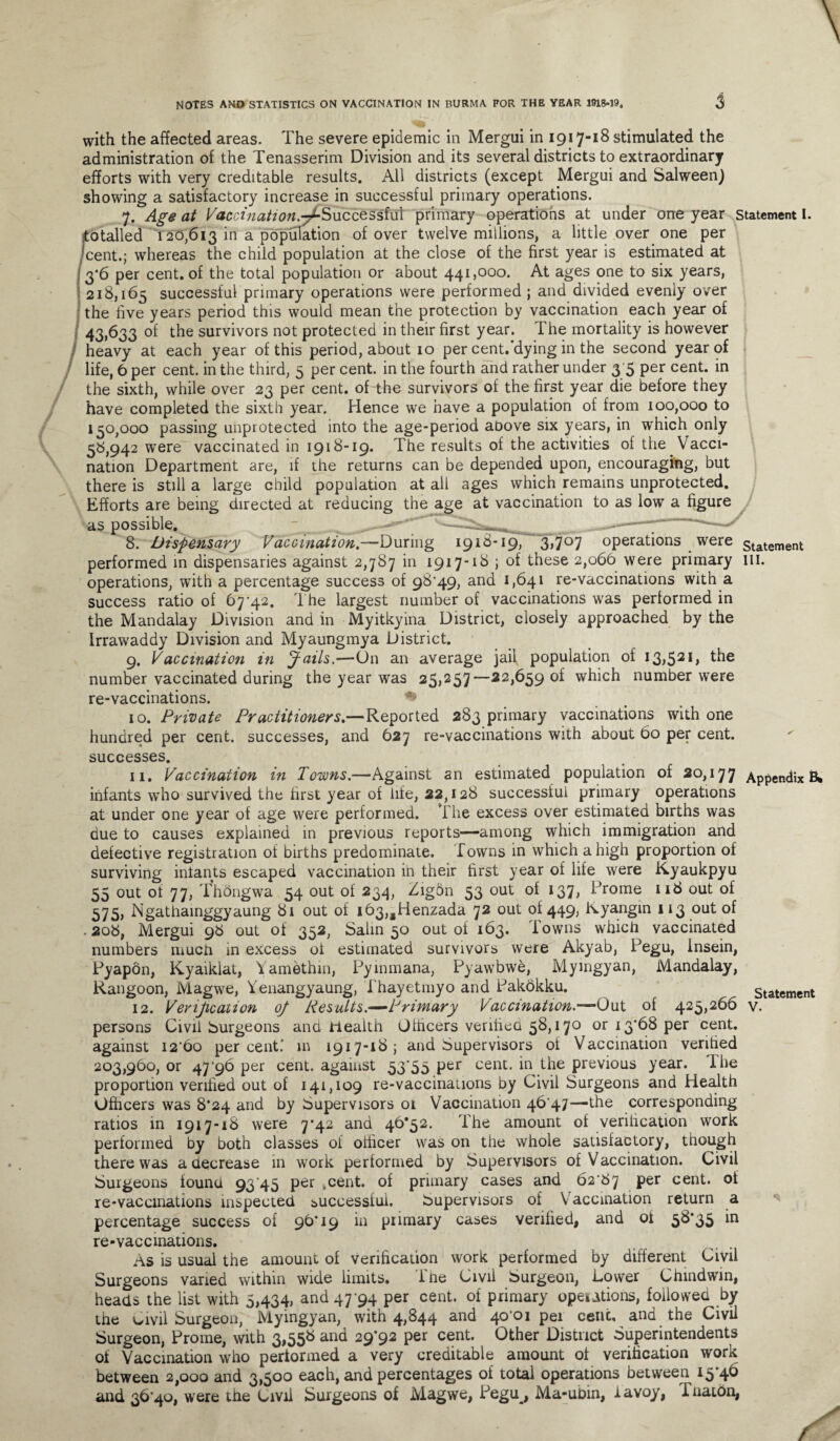 with the affected areas. The severe epidemic in Mergui in 1917-18 stimulated the administration of the Tenasserim Division and its several districts to extraordinary efforts with very creditable results. All districts (except Mergui and Salween) showing a satisfactory increase in successful primary operations. 7. Age at Vaccination.yt-S'accQssivX primary operations at under one year statement I. totalled 120,613 in a population of over twelve millions, a little over one per (cent.; whereas the child population at the close of the first year is estimated at 3*6 per cent, of the total population or about 441,000. At ages one to six years, 218,165 successful primary operations were performed ; and divided evenly over the five years period this would mean the protection by vaccination each year of 43,633 of the survivors not protected in their first year. The mortality is however heavy at each year of this period, about 10 per cent.’dying in the second year of life, 6 per cent, in the third, 5 per cent, in the fourth and rather under 3 5 per cent, in the sixth, while over 23 per cent, of the survivors of the first year die before they have completed the sixth year. Hence we have a population of from 100,000 to 150,000 passing unprotected into the age-period above six years, in which only 58,942 were vaccinated in 1918-19. The results of the activities of the Vacci¬ nation Department are, if the returns can be depended upon, encouraging, but there is still a large child population at all ages which remains unprotected. Efforts are being directed at reducing the age at vaccination to as low a figure as possible. „ —-7- 8. Dispensary Vaccination.—During 1918-19, 3,707 operations were statement performed in dispensaries against 2,787 in 1917-18 ; of these 2,066 were primary ill. operations, with a percentage success of 98-49, and 1,641 re-vaccinations with a success ratio of 67-42. The largest number of vaccinations was performed in the Mandalay Division and in Myitkyina District, closely approached by the Irrawaddy Division and Myaungmya District. 9. Vaccwation in Jails.—On an average jail population of 13,521, the number vaccinated during the year was 25,257—22,659 of which number were re-vaccinations. 1 o. Private Practitioners,—Reported 283 primary vaccinations with one hundred per cent, successes, and 627 re-vaccinations with about 60 per cent, successes. 11. Vaccination in Towns.—Against an estimated population of 20,177 Appendix B* infants who survived the first year of life, 22,128 successful primary operations at under one year of age were performed. The excess over estimated births was due to causes explained in previous reports—among which immigration and defective registration of births predominate. Towns in which a high proportion of surviving infants escaped vaccination in their first year of life were Kyaukpyu 55 out of 77, Thongwa 54 out of 234, Zigon 53 out of 137, Prome 118 out of 575) Ngathainggyaung 81 out of i63,1Henzada 72 out of 449, Kyangin 113 out of .208, Mergui 98 out of 352, Salin 50 out of 163. Towns which vaccinated numbers much in excess ol estimated survivors were Akyab, Pegu, Insein, Pyapdn, Kyaiklat, Yamethin, Pyinmana, Pyawbwe, Myingyan, Mandalay, Rangoon, Magwe, Yenangyaung, Thayetmyo and Pakokku. Statement 12. Verification of Results.—Primary Vaccination.—Out of 425,266 v. persons Civil Surgeons and iiealth Officers verified 58,170 or 13*68 per cent, against i2’6o percent.' in 1917-18; and Supervisors of Vaccination verified 203,960, or 47*96 per cent, against 53 55 per cent, in the previous year. I he proportion verified out of 141,109 re-vaccinaiions by Civil Surgeons and Health Officers was 8*24 and by Supervisors or Vaccination 46-47—the corresponding ratios in 1917-18 were 7*42 and 46*52. The amount of verification work performed by both classes of officer was on the whole satisfactory, though there was a decrease in work performed by Supervisors of Vaccination. Civil Surgeons found 93 45 per ,cent. of primary cases and 62-87 per cent, ot re-vaccmations inspected iuccessful. Supervisors of V accination return a percentage success of 96*19 in primary cases verified, and ol 5^*35 *n re-vaccmations. As is usual the amount of verification work performed by different Civil Surgeons varied within wide limits. ihe Civil Surgeon, Lower Chindwin, heads the list with 5,434, and 47-94 per cent, of primary opesations, followed by the oivil Surgeon, Myingyan, with 4,844 and 40*01 pei cent, and the Civil Surgeon, Prome, with 3,556 and 29*92 per cent. Other District Superintendents of Vaccination who performed a very creditable amount ot verification work between 2,000 and 3,500 each, and percentages of total operations between 15*46 and 36-40, were the Civil Surgeons of Magwe, Pegu, Ma-ubin, iavoy, Tnaton,