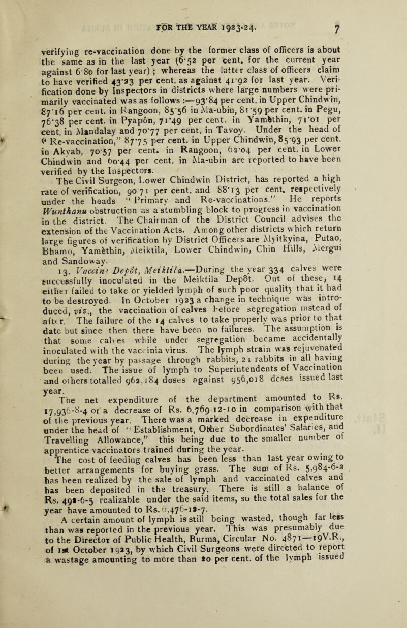 verifying re-vaccination done by the former class of officers is about the same as in the last year (6*52 per cent, for the current year against 6 80 for last year) ; whereas the latte r class of officers claim to have verified 43*23 per cent, as against 4192 for last year. Veri¬ fication done by Inspectors in districts where large numbers were pri¬ marily vaccinated was as follows :—93*84 per cent, in Upper Chindwin, 87*16 per cent, in Kangoon, 85 56 in Aia-ubin, 81 *59 per cent, in Pegu, 76*38 per cent, in Pyapon, 71*49 percent, in Yambthin, 71*01 per cent, in Mandalay and 70*77 per cent, in Tavoy. Under the head of << Re-vaccination,” 8775 per cent, in Upper Chindwin, 85-93 per cent, in Akyab, 70 57 per cent, in Rangoon, 62 04 per cent, in Lower Chindwin and 60 44 per cent, in Ma-ubin are reported to have been verified by the Inspectors. The Civil Surgeon, Lower Chindwin District, has reported a high rate of verification, 90 71 per cent, and 88*13 per cent, respectively under the beads “ Primary and Re-vaccinations.” He reports Wunthanu obstruction as a stumbling block to progress in vaccination in the district. The Chairman of the District Council advises the extension of the Vaccination Acts. Among other districts which return large figures of verification by District Officers are Myitkyina, Putao, Bhamo, Yamfcthin, Meiktila, Lower Chindwin, Chin Hills, Aiergui and Sandoway. 13. Vaccine Dep6t) Meiktila.—During the year 334 calves were successfully inoculated in the Meiktila Depot. Out of these, 14 either failed to take or yielded lymph of such poor quality that it had to be destroyed. In October 1923 a change in technique was intro¬ duced, viz.y the vaccination of calves before segregation instead of after. The failure of the 14 calves to take properly was prior to that date but since then there have been no failures. The assumption is that some cah es while under segregation became accidentally inoculated with the vaccinia virus. The lymph strain was rejuvenated during the year by passage through rabbits, 2 i rabbits in all having been used. The issue of lymph to Superintendents of \ accination and others totalled 962, J 84 doses against 956,018 dcses issued last The net expenditure of the department amounted to Rs. 17^936-8-4 or a decrease of Rs. 6)769“,^*° comparison with that of the previous year. There was a marked decrease in expenditure under the head of “ Establishment, Obher Subordinates Salaries, and Travelling Allowance,” this being due to the smaller number of apprentice vaccinators trained during the year. The cost of feeding calves has been less than last year owing to better arrangements for buying grass. The sum of Rs. has been realized by the sale of lymph and vaccinated calves and has been deposited in the treasury. There is still a balance of Rs. 491-6-5 realizable under the said items, so the total sales for the year have amounted to Rs. 6, 476-U-7. A certain amount of lymph is still being wasted, though far less than was reported in the previous year. This was presumably due to the Director of Public Health, Burma, Circular No. 4871 19V.R., of istt October 1923, by which Civil Surgeons were directed to report a wastage amounting to more than *0 per cent, of the lymph issued