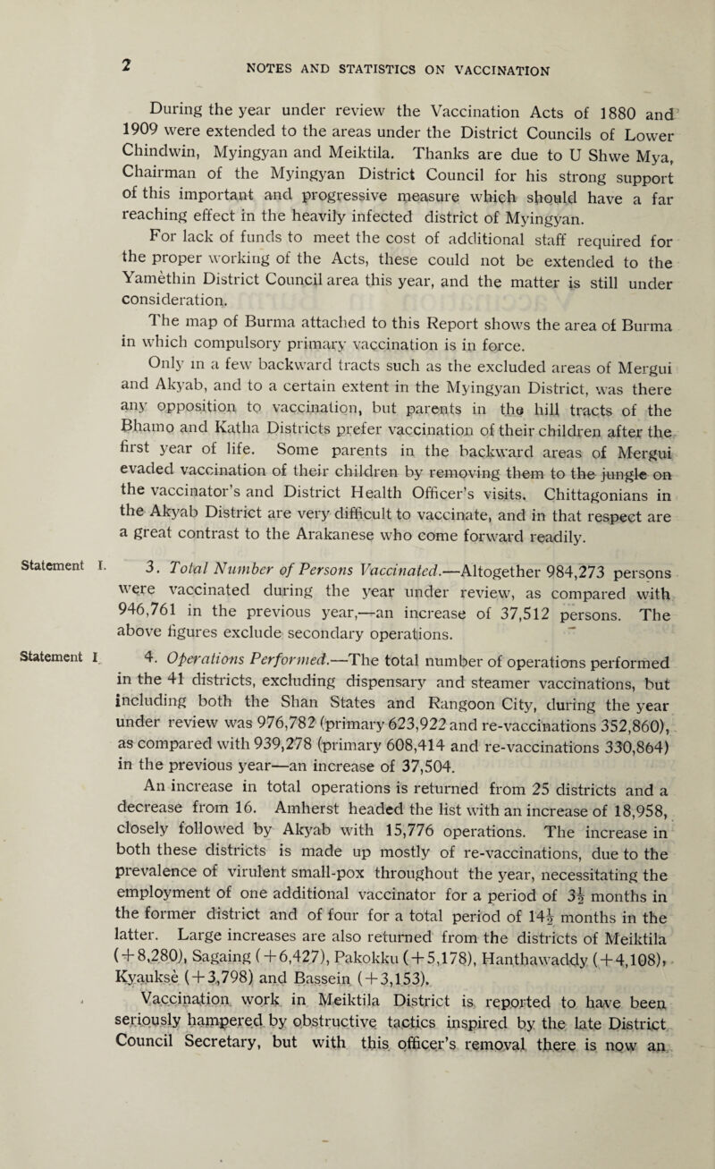 Statement Statement I During the year under review the Vaccination Acts of 1880 and 1909 were extended to the areas under the District Councils of Lower Chindwin, Myingyan and Meiktila. Thanks are due to U Shwe Mya, Chairman of the Myingyan District Council for his strong support of this important and progressive measure which should have a far reaching effect in the heavily infected district of Myingyan. For lack of funds to meet the cost of additional staff required for the proper working of the Acts, these could not be extended to the Yamethin District Council area this year, and the matter is still under consideration. The map of Burma attached to this Report shows the area of Burma in which compulsory primary vaccination is in force. Only in a few backward tracts such as the excluded areas of Mergui and Akyab, and to a certain extent in the Myingyan District, was there any opposition to vaccination, but parents in the hill tracts of the Bhamo and Katha Districts prefer vaccination of their children after the hist year of life. Some parents in the backward areas of Mergui evaded vaccination of their children by removing them to the jungle on the vaccinator’s and District Health Officer’s visits. Chittagonians in the Akyab District are very difficult to vaccinate, and in that respect are a great contrast to the Arakanese who come forward readily. 3. Total Number of Persons Vaccinated.—Altogether 984,273 persons were vaccinated during the year under review, as compared with 946,761 in the previous year,—an increase of 37,512 persons. The above figures exclude secondary operations. 4. Operations Performed.—The total number of operations performed in the 41 districts, excluding dispensary and steamer vaccinations, but including both the Shan States and Rangoon City, during the year under review was 976,782 (primary 623,922 and re-vaccinations 352,860), as compared with 939,278 (primary 608,414 and re-vaccinations 330,864) in the previous year—an increase of 37,504. An increase in total operations is returned from 25 districts and a decrease from 16. Amherst headed the list with an increase of 18,958, closely followed by Akyab with 15,776 operations. The increase in both these districts is made up mostly of re-vaccinations, due to the prevalence of virulent small-pox throughout the year, necessitating the employment of one additional vaccinator for a period of 3j months in the former district and of four for a total period of 14| months in the latter. Large increases are also returned from the districts of Meiktila ( + 8,280), Sagaing ( + 6,427), Pakokku ( + 5,178), Hanthawaddy ( + 4,108)> Kyaukse ( + 3,798) and Bassein ( + 3,153). Vaccination work in Meiktila District is reported to have been seriously hampered by obstructive tactics inspired by the late District Council Secretary, but with this officer’s removal there is now an