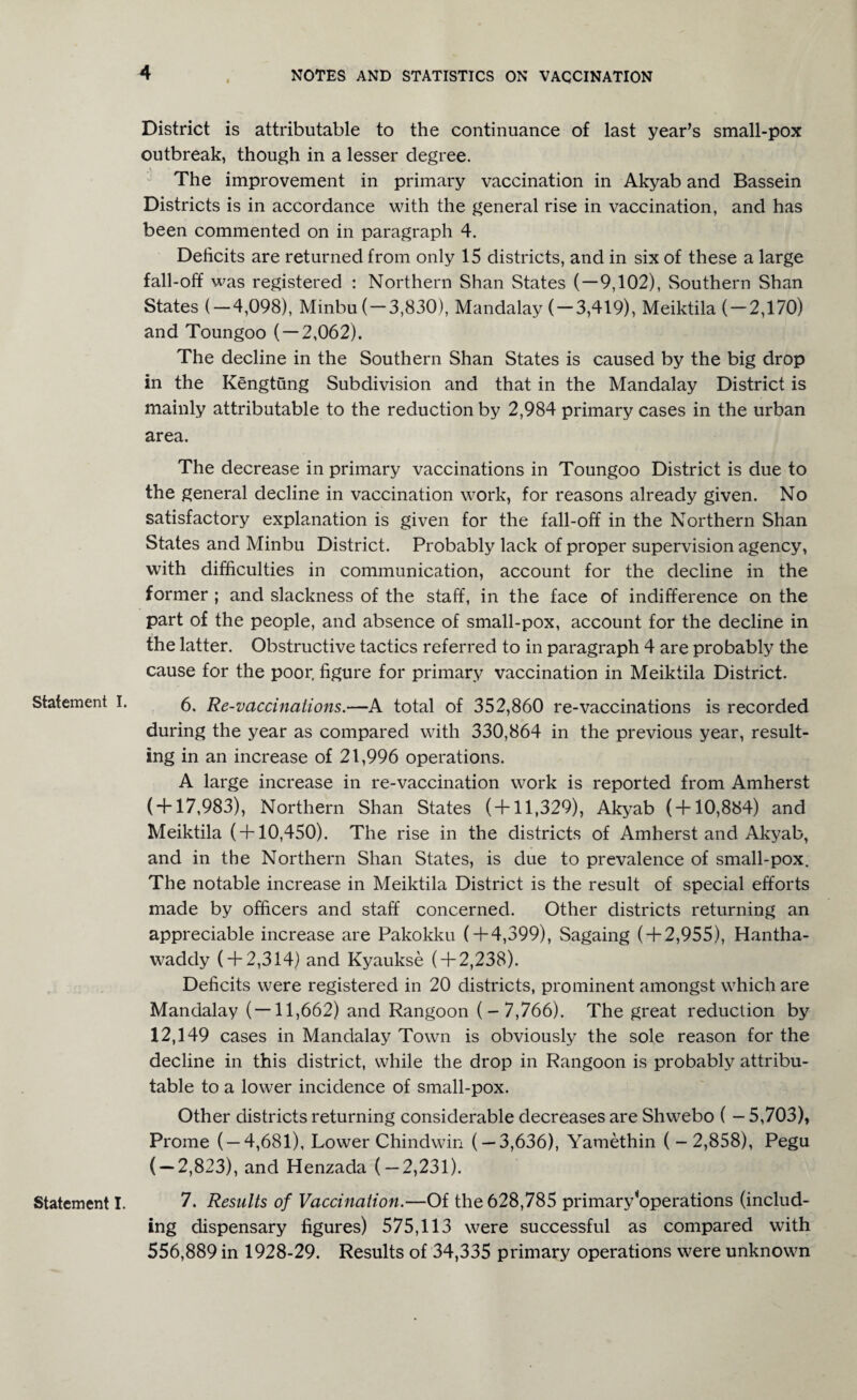 Statement I. Statement I. District is attributable to the continuance of last year’s small-pox outbreak, though in a lesser degree. \ - The improvement in primary vaccination in Akyab and Bassein Districts is in accordance with the general rise in vaccination, and has been commented on in paragraph 4. Deficits are returned from only 15 districts, and in six of these a large fall-off was registered : Northern Shan States ( — 9,102), Southern Shan States ( — 4,098), Minbu ( — 3,830), Mandalay ( — 3,419), Meiktila ( — 2,170) and Toungoo ( — 2,062). The decline in the Southern Shan States is caused by the big drop in the Kengtung Subdivision and that in the Mandalay District is mainly attributable to the reduction by 2,984 primary cases in the urban area. The decrease in primary vaccinations in Toungoo District is due to the general decline in vaccination work, for reasons already given. No satisfactory explanation is given for the fall-off in the Northern Shan States and Minbu District. Probably lack of proper supervision agency, with difficulties in communication, account for the decline in the former ; and slackness of the staff, in the face of indifference on the part of the people, and absence of small-pox, account for the decline in the latter. Obstructive tactics referred to in paragraph 4 are probably the cause for the poor, figure for primary vaccination in Meiktila District. 6. Re-vaccinations.—A total of 352,860 re-vaccinations is recorded during the year as compared with 330,864 in the previous year, result¬ ing in an increase of 21,996 operations. A large increase in re-vaccination work is reported from Amherst ( + 17,983), Northern Shan States ( + 11,329), Akyab ( + 10,884) and Meiktila ( + 10,450). The rise in the districts of Amherst and Akyab, and in the Northern Shan States, is due to prevalence of small-pox. The notable increase in Meiktila District is the result of special efforts made by officers and staff concerned. Other districts returning an appreciable increase are Pakokku ( + 4,399), Sagaing ( + 2,955), Hantha- waddy ( + 2,314) and Kyaukse ( + 2,238). Deficits were registered in 20 districts, prominent amongst which are Mandalay ( — 11,662) and Rangoon (-7,766). The great reduction by 12,149 cases in Mandalay Town is obviously the sole reason for the decline in this district, while the drop in Rangoon is probably attribu¬ table to a lower incidence of small-pox. Other districts returning considerable decreases are Shwebo ( - 5,703), Prome ( — 4,681), Lower Chindwin ( — 3,636), Yamethin (-2,858), Pegu ( — 2,823), and Henzada (—2,231). 7. Results of Vaccination.—Of the 628,785 primary’operations (includ¬ ing dispensary figures) 575,113 were successful as compared with 556,889 in 1928-29. Results of 34,335 primary operations were unknown