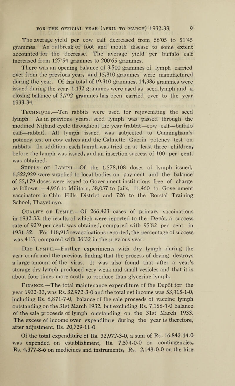 The average yield per cow calf decreased from 56'05 to 51 ‘45 grammes. An outbreak of foot and mouth disease to some extent accounted for the decrease. The average yield per buffalo calf increased from 127'54 grammes to 200*65 grammes. There was an opening balance of 3,500 grammes of lymph carried over from the previous year, and 15,810 grammes were manufactured during the year. Of this total of 19,310 grammes, 14,386 grammes were issued during the year, 1,132 grammes were used as seed lymph and a closing balance of 3,792 grammes has been carried over to the year 1933-34. Technique.—Ten rabbits were used for rejuvenating the seed lymph. As in previous years, seed lymph was passed through the modified Nijland cycle throughout the year (rabbit—cow calf—buffalo calf—rabbit). All lymph issued was subjected to Cunningham’s potency test on cow calves and the Calmette Guerin potency test on rabbits. In addition, each lymph was tried on at least three children, before the lymph was issued, and an insertion success of 100 per cent, was obtained. Supply of Lymph.—Of the 1,578,108 doses of lymph issued, 1,522,929 were supplied to local bodies on payment and the balance of 55,179 doses were issued to Government institutions free of charge as follows :—4,956 to Military, 38,037 to Jails, 11,460 to Government vaccinators in Chin Hills District and 726 to the Borstal Training School, Thayetmyo. Quality of Lymph.—Of 266,423 cases of primary vaccinations in 1932-33, the results of which were reported to the Depot, a success rate of 92*9 per cent, was obtained, compared with 95'82 per cent, in 1931-32. For 118,915 revaccinations reported, the percentage of success was 41'5, compared with 36’32 in the previous year. Dry Lymph.—Further experiments with dry lymph during the year confirmed the previous finding that the process of drying destroys a large amount of the virus. It was also found that after a year’s storage dry lymph produced very weak and small vesicles and that it is about four times more costly to produce than glycerine lymph. Finance.—The total maintenance expenditure of the Depot for the year 1932-33, was Rs. 32,972-3-0 and the total net income was 53,415-1-0, including Rs. 6,871-7-0, balance of the sale proceeds of vaccine lymph outstanding on the 31st March 1932, but excluding Rs. 7,158-4-0 balance of the sale proceeds of lymph outstanding on the 31st March 1933. The excess of income over expenditure during the year is therefore, after adjustment, Rs. 20,729-11-0. Of the total expenditure of Rs. 32,972-3-0, a sum of Rs. 16,842-14-0 was expended on establishment, Rs. 7,574-0-0 on contingencies, Rs. 4,377-8-6 on medicines and instruments, Rs. 2,148-0-0 on the hire