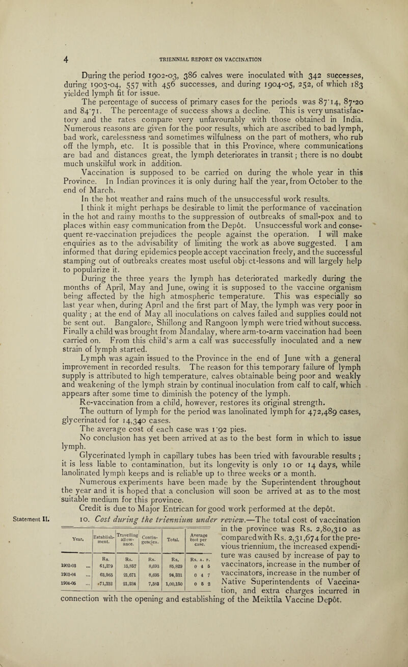 Statement II. During the period 1902-03, 386 calves were inoculated with 342 successes, during 1903-04, 557 with 456 successes, and during 1904-05, 252, of which 183 yielded lymph fit for issue. The percentage of success of primary cases for the periods was 87'14, 87*20 and 84*71. The percentage of success shows a decline. This is very unsatisfac¬ tory and the rates compare very unfavourably with those obtained in India. Numerous reasons are given for the poor results, which are ascribed to bad lymph, bad work, carelessness *and sometimes wilfulness on the part of mothers, who rub off the lymph, etc. It is possible that in this Province, where communications are bad and distances great, the lymph deteriorates in transit; there is no doubt much unskilful work in addition. Vaccination is supposed to be carried on during the whole year in this Province. In Indian provinces it is only during half the year, from October to the end of March. In the hot weather and rains much of the unsuccessful work results. I think it might perhaps be desirable to limit the performance of vaccination in the hot and rainy months to the suppression of outbreaks of small-pox and to places within easy communication from the Depot. Unsuccessful work and conse¬ quent re-vaccination prejudices the people against the operation. I will make enquiries as to the advisability of limiting the work as above suggested. I am informed that during epidemics people accept vaccination freely, and the successful stamping out of outbreaks creates most useful objt ct-lessons and will largely help to popularize it. During the three years the lymph has deteriorated markedly during the months of April, May and June, owing it is supposed to the vaccine organism being affected by the high atmospheric temperature. This was especially so last year when, during April and the first part of May, the lymph was very poor in quality ; at the end of May all inoculations on calves failed and supplies could not be sent out. Bangalore, Shillong and Rangoon lymph were tried without success. Finally a child was brought from Mandalay, where arm-to-arm vaccination had been carried on. From this child’s arm a calf was successfully inoculated and a new strain of lymph started. Lymph was again issued to the Province in the end of June with a general improvement in recorded results. The reason for this temporary failure of lymph supply is attributed to high temperature, calves obtainable being poor and weakly and weakening of the lymph strain by continual inoculation from calf to calf, which appears after some time to diminish the potency of the lymph. Re-vaccination from a child, however, restores its original strength. The outturn of lymph for the period was lanolinated lymph for 472,489 cases, glycerinated for 14,340 cases. The average cost of each case was 1*92 pies. No conclusion has yet been arrived at as to the best form in which to issue lymph. Glycerinated lymph in capillary tubes has been tried with favourable results ; it is less liable to contamination, but its longevity is only 10 or 14 days, while lanolinated lymph keeps and is reliable up to three weeks or a month. Numerous experiments have been made by the Superintendent throughout the year and it is hoped that a conclusion will soon be arrived at as to the most suitable medium for this province. Credit is due to Major Entrican for good work performed at the depot. 10. Cost during the triennium under review.—The total cost of vaccination in the province was Rs. 2,80,310 as compared with Rs. 2,31,674 for the pre¬ vious triennium, the increased expendi¬ ture was caused by increase of pay to vaccinators, increase in the number of vaccinators, increase in the number of Native Superintendents of Vaccina¬ tion, and extra charges incurred in Year. Establish¬ ment. Travelling allow¬ ance. Contin¬ gencies. Total. Average fcost per case. Rs. Rs. Rs. Rs. Rs. A. P. 1902-03 61,279 15,857 8,693 85,829 0 4 5 1903-04 63.965 21,671 8,695 94,331 0 4 7 1904-05 • 71,332 21,234 7,583 1,00,150 0 6 2 connection with the opening and establishing of the Meiktila Vaccine Depot