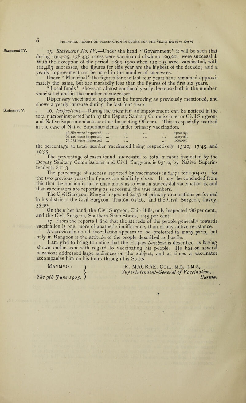 Statement V. 6 TRIENNIAL REPORT ON VACCINATION IN BURMA FOR THE YEARS 1902-03 to 1904-05. 15. Statement No. IV.—Under the head  Government” it will be seen that during 1904-05, 138,435 cases were vaccinated of whom 109,201 were successful. With the exception of the period 1899-1900 when 122,193 were vaccinated, with 112,483 successes, the figures for this year are the highest of the decade; and a yearly improvement can be noted in the number of successes. Under “ Municipal ” the figures for the last four years have remained approxi¬ mately the same, but are markedly less than the figures of the first six years. “ Local funds ” shows an almost continual yearly decrease both in the number vaccinated and in the number of successes. Dispensary vaccination appears to be improving as previously mentioned, and shows a yearly increase during the last four years. 16. Inspections.—During the triennium an improvement can be noticed in the total number inspected both by the Deputy Sanitary Commissioner or Civil Surgeons and Native Superintendents or other Inspecting Officers. This is especially marked in the case of Native Superintendents under primary vaccination. 46,882 were inspected ... ... ... ... 1902-03. 67,126 were inspected ... ... ... ... 1903-04. 73,674 were inspected ,.. ... ... ... 1904-05. the percentage to total number vaccinated being respectively I3'22, 17 45, and !9’35- The percentage of cases found successful to total number inspected by the Deputy Sanitary Commissioner and Civil Surgeons is 83’ 10, by Native Superin¬ tendents 81'i 3. The percentage of success reported by vaccinators is 84*71 for 1904-05 ; for the two previous years the figures are similarly close. It may be concluded from this that the opinion is fairly unanimous as to what a successful vaccination is, and that vaccinators are reporting as successful the true numbers. The Civil Surgeon, Mergui, inspected 64*57 of primary vaccinations performed in his district; the Civil Surgeon, Thaton, 62*46, and the Civil Surgeon, Tavoy, 55'9°- On the other hand, the Civil Surgeon, Chin Hills, only inspected *86 per cent., and the Civil Surgeon, Southern Shan States, 1*45 per cent. 17. From the reports I find that the attitude of the people generally towards vaccination is one, more of apathetic indifference, than of any active resistance. As previously noted, inoculation appears to be preferred in many parts, but only in Rangoon is the attitude of the people described as hostile. I am glad to bring to notice that the Hsipaw Sawbwa is described as having shown enthusiasm with regard to vaccinating his people. He has on several occasions addressed large audiences on the subject, and at times a vaccinator accompanies him on his tours through his State. Maymyo : ^ R. MACRAE, Col., M.3., i.m.s,, >■ Superintendent-General of Vaccination, The gth June 1905. ) Burma. %