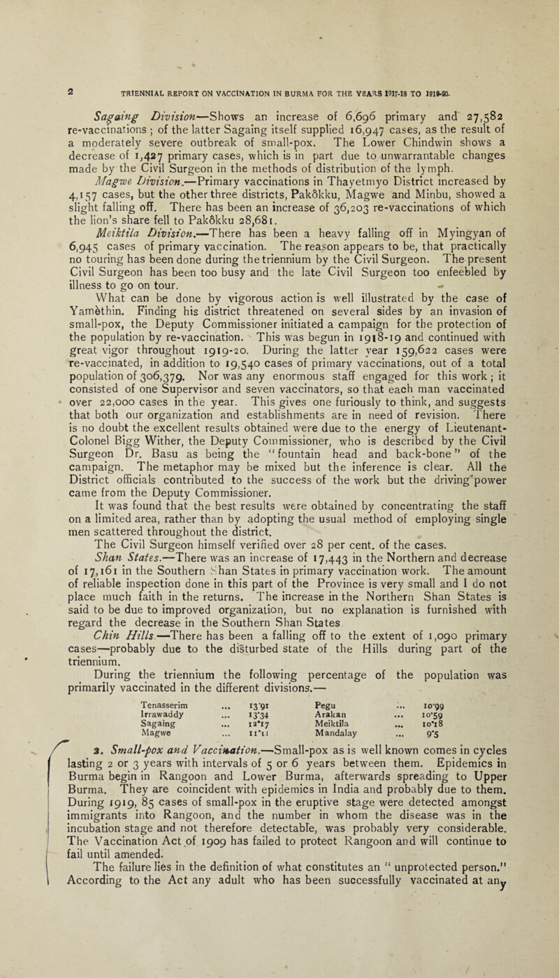 Sagaing Division—Shows an increase of 6,696 primary and 27,582 re-vaccinations ; of the latter Sagaing itself supplied 16,947 cases, as the result of a moderately severe outbreak of small-pox. The Lower Chindwin shows a decrease of 1,427 primary cases, which is in part due to unwarrantable changes made by the Civil Surgeon in the methods of distribution of the lymph. Magwe Division.—Primary vaccinations in Thayetmyo District increased by 4,157 cases, but the other three districts, Pakokku, Magwe and Minbu, showed a slight falling off. There has been an increase of 36,203 re-vaccinations of which the lion’s share fell to PakSkku 28,681. Meiktila Division.—There has been a heavy falling off in Myingyan of 6,945 cases of primary vaccination. The reason appears to be, that practically no touring has been done during thetriennium by the Civil Surgeon. The present Civil Surgeon has been too busy and the late Civil Surgeon too enfeebled by illness to go on tour. ~ What can be done by vigorous action is well illustrated by the case of Yambthin. Finding his district threatened on several sides by an invasion of small-pox, the Deputy Commissioner initiated a campaign for the protection of the population by re-vaccination. This was begun in 1918-19 and continued with great vigor throughout 1919-20. During the latter year 159,622 cases were re-vaccinated, in addition to 19,540 cases of primary vaccinations, out of a total population of 306,379. Nor was any enormous staff engaged for this work ; it consisted of one Supervisor and seven vaccinators, so that each man vaccinated over 22,000 cases in the year. This gives one furiously to think, and suggests that both our organization and establishments are in need of revision. There is no doubt the excellent results obtained were due to the energy of Lieutenant- Colonel Bigg Wither, the Deputy Commissioner, who is described by the Civil Surgeon Dr. Basu as being the “ fountain head and back-bone ” of the campaign. The metaphor may be mixed but the inference is clear. All the District officials contributed to the success of the work but the driving'power came from the Deputy Commissioner. It was found that the best results were obtained by concentrating the staff on a limited area, rather than by adopting the usual method of employing single men scattered throughout the district. The Civil Surgeon himself verified over 28 per cent, of the cases. Shan States.—There was an increase of 17,443 in the Northern and decrease of 17,161 in the Southern bffian States in primary vaccination work. The amount of reliable inspection done in this part of the Province is very small and I do not place much faith in the returns. The increase in the Northern Shan States is said to be due to improved organization, but no explanation is furnished with regard the decrease in the Southern Shan States Chin Hills—There has been a falling off to the extent of 1,090 primary cases—probably due to the disturbed state of the Hills during part of the triennium. During the triennium the following percentage of the population was primarily vaccinated in the different divisions.— Tenasserim I3‘9i Pegu ... 10*99 Irrawaddy I3‘34 Arakan ... 10*59 Sagaing 12*17 Meiktila ... 10*18 Magwe ii'ii Mandalay 9*5 2. Small-pox and Vaccination.—-Small-pox as is well known comes in cycles lasting 2 or 3 years with intervals of 5 or 6 years between them. Epidemics in Burma begin in Rangoon and Lower Burma, afterwards spreading to Upper Burma. They are coincident with epidemics in India and probably due to them. During 1919, 85 cases of small-pox in the eruptive stage were detected amongst immigrants into Rangoon, and the number in whom the disease was in the incubation stage and not therefore detectable, was probably very considerable. The Vaccination Act of 1909 has failed to protect Rangoon and will continue to fail until amended. The failure lies in the definition of what constitutes an “ unprotected person.” According to the Act any adult who has been successfully vaccinated at any