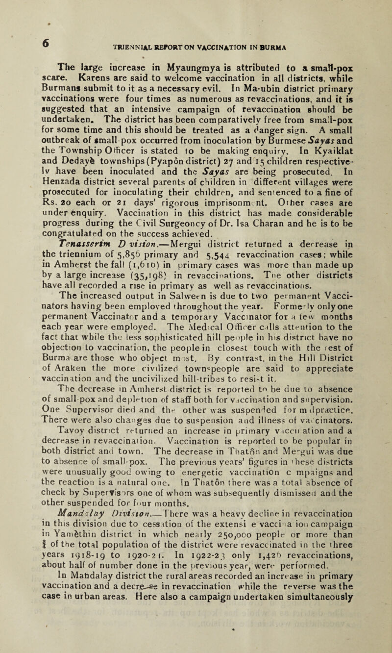TRIENNIAL RETORT ON VACCINATION IN BURMA The large increase in Myaungmya is attributed to a small-pox scare. Karens are said to welcome vaccination in all districts, while Burmans submit to it as a necessary evil. In Ma-ubin district primary vaccinations were four times as numerous as revaccinations, and it is suggested that an intensive campaign of revaccination should be undertaken. The district has been comparatively free from small-pox for some time and this should be treated as a danger sign. A small outbreak of small pox occurred from inoculation by Burmese Sayas and the Township Officer is stated to be making enquiry. In Kyaiklat and Dedayfe townships (Pyapon district) 27 and 15 children respective- lv have been inoculated and the Sayas are being prosecuted. In Henzada district several parents of children in different villages were prosecuted for inoculating their children, and sentenced to a fine of Rs. 20 each or 21 days' rigorous imprisonment. Other cases are under enquiry. Vaccination in this district has made considerable progress during the Civil Surgeoncy of Dr. Isa Charan and he is to be congratulated on the success achieved. Tenasserim D vision.—Mergui district returned a decrease in the triennium of 5,856 primary and 5,544 revaccination cases; while in Amherst the fall (1,610) in primary cases was more than made up by a large increase (35,198) in revaccinations. Tne other districts have all recorded a rise in primary as well as revaccinations. The increased output in Salween is due to two permanent Vacci¬ nators having been employed throughout the year. Formerly only one permanent Vaccinator and a temporary Vaccinator for a tew months each year were employed. The Medical Officer calls attention to the fact that while the less sophisticated hill people in his district have no objection to vaccination, the people in closest touch with the rest of Burma are those who object most. By contrast, in the Hill District of Araken the more civilized townspeople are said to appreciate vaccination and the uncivilized hill-tribes to resist it. The decrease in Amherst district is reported be due to absence of small pox and depletion of staff both for vnccination and supervision. One Supervisor died and the other was suspended for m dpractice. There were also changes due to suspension and illness of vaccinators. Tavoy district returned an increase in primary viccu ation and a decrease in revaccination. Vaccination is reported to be popular in both district and town. The decrease in Thaton and Mergui was due to absence of small-pox. The previous years' figures in 'hese districts were unusually good owing to energetic vaccination c mpaigns and the reaction is a natural one. In Thaton there was a total absence of check by Supervisors one of whom was subsequently dismissed and the other suspended for four months. Mandalay Division.—There was a heavy decline in revaccination in this division due to cessation of the extensi e vaccina ion campaign in Ya methin district in which nearly 250,000 people or more than f of the total population of the district were revaccinated in the three years 1918-19 to 1920-21. In 1922-23 only 1,426 revaccinations, about half of number done in the previous year, were performed. In Mahdalay district the rural areas recorded an increase in primary vaccination and a decre-'Se in revaccinaticn while the reverse was the case in urban areas. Here also a campaign undertaken simultaneously