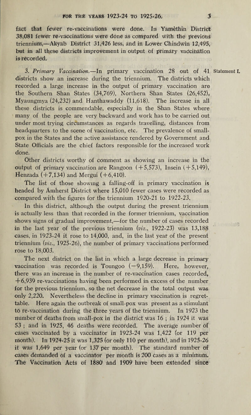 fact that fewer re-vaccinations were done. In Yamethin District 38,081 fewer re-vaccinations were done as compared with the previous triennium,—Akyab District 31,426 less, and ill Lower Chindwiii 12,495, but in all these districts improvement in output of primary vaccination is recorded. 3. Primary Vaccination.—In primary vaccination 28 out of 41 Statement I. districts show an increase during the triennium. The districts which recorded a large increase in the output of primary vaccination are the Southern Shan States (34,769), Northern Shan States (26,452)f Myaungmya (24,232) and Hanthawaddy (11,618). The increase in all these districts is commendable, especially in the Shan States where many of the people are very backward and work has to be carried out under most trying circumstances as regards travelling, distances from headquarters to the scene of vaccination, etc. The prevalence of small¬ pox in the States and the active assistance rendered by Government and State Officials are the chief factors responsible for the increased work done. Other districts worthy of comment as showing an increase in the output of primary vaccination are Rangoon ( + 5,573), Insein ( + 5,149), Henzada ( + 7,134) and Mergui ( + 6,410). The list of those showing a falling-off in primary vaccination is headed by Amherst District where 15,010 fewer cases were recorded as compared with the figures for the triennium 1920-21 to 1922-23, In this district, although the output during the present triennium is actually less than that recorded in the former triennium, vaccination shows signs of gradual improvement,—for the number of cases recorded in the last year of the previous triennium {viz., 1922-23) was 13,188 cases, in 1923-24 it rose to 14,000, and, in the last year of the present triennium {viz., 1925-26), the number of primary vaccinations performed rose to 18,005. The next district on the list in which a large decrease in primary vaccination was recorded is Toungoo ( — 9,159). Here, however, there was an increase in the number of re-vaccination cases recorded, + 6,939 re-vaccinations having been performed in excess of the number for the previous triennium, so the net decrease in the total output was only 2,220. Nevertheless the decline in primary vaccination is regret¬ table. Here again the outbreak of small-pox was present as a stimulant to re-vaccination during the three years of the triennium. In 1923 the number of deaths from small-pox in the district was 16 ; in 1924 it was 53 ; and in 1925, 46 deaths were recorded. The average number of cases vaccinated by a vaccinator in 1923-24 was 1,422 (or 119 per month). In 1924-25 it was 1,325 (or only 110 per month), and in 1925-26 it was 1,649 per year (or 137 per month). The standard number of cases demanded of a vaccinator per month is 200 cases as a minimum. The Vaccinatiofi Acts of 1880 and 1909 have been extended since