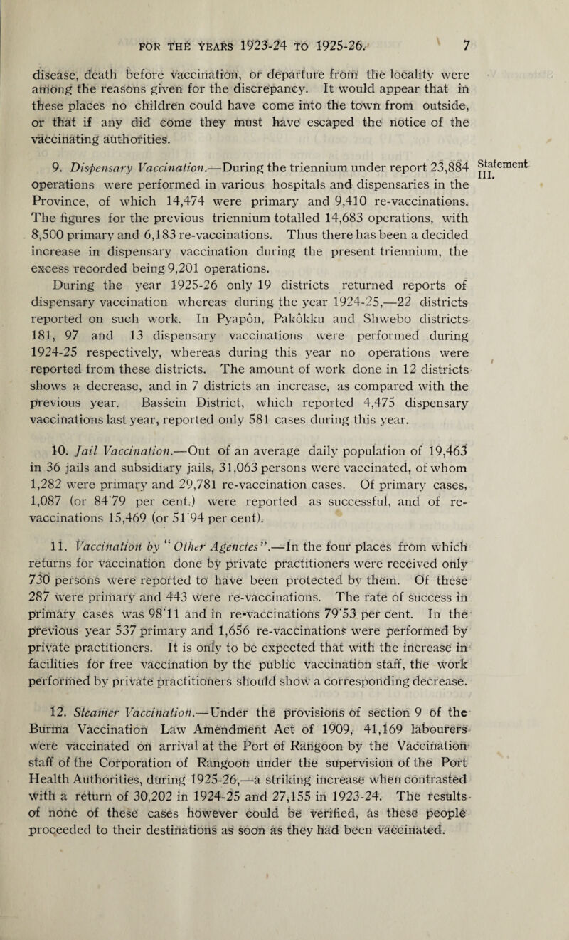 disease, death before vaccination, or departure from the locality were among the reasons given for the discrepancy. It would appear that in these places no children could have come into the town from outside, or that if any did come they must have escaped the notice of the vaccinating authorities. 9. Dispensary Vaccination.—During the triennium under report 23,884 operations were performed in various hospitals and dispensaries in the Province, of which 14,474 were primary and 9,410 re-vaccinations. The figures for the previous triennium totalled 14,683 operations, with 8,500 primary and 6,183 re-vaccinations. Thus there has been a decided increase in dispensary vaccination during the present triennium, the excess recorded being 9,201 operations. During the year 1925-26 only 19 districts returned reports of dispensary vaccination whereas during the year 1924-25,—22 districts reported on such work. In Pyapon, Pakokku and Shwebo districts 181, 97 and 13 dispensary vaccinations were performed during 1924-25 respectively, whereas during this year no operations were reported from these districts. The amount of work done in 12 districts shows a decrease, and in 7 districts an increase, as compared with the previous year. Bassein District, which reported 4,475 dispensary vaccinations last year, reported only 581 cases during this year. 10. Jail Vaccination.—Out of an average daily population of 19,463 in 36 jails and subsidiary jails, 31,063 persons were vaccinated, of whom 1,282 were primary and 29,781 re-vaccination cases. Of primary cases, 1,087 (or 84’79 per cent.) were reported as successful, and of re¬ vaccinations 15,469 (or 51'94 per cent). 11. Vaccination by “ Other Agencies”.—In the four places from which returns for vaccination done by private practitioners were received only 730 persons were reported to have been protected by them. Of these 287 were primary and 443 were re-vaccinations. The rate of success in primary cases was 98T1 and in re-vaccinations 79‘53 per cent. In the previous year 537 primary and 1,656 re-vaccinations were performed by private practitioners. It is only to be expected that with the increase in facilities for free vaccination by the public vaccination staff, the work performed by private practitioners should show a corresponding decrease. 12. Steamer Vaccination.—Under the provisions of section 9 of the Burma Vaccination Law Amendment Act of 1909, 41,169 labourers were vaccinated on arrival at the Port of Rangoon by the Vaccination staff of the Corporation of Rangoon under the supervision of the Port Health Authorities, during 1925-26,—a striking increase when contrasted With a return of 30,202 in 1924-25 and 27,155 in 1923-24. The results- of none of these cases however could be verified, as these people proceeded to their destinations as soon as they had been vaccinated. Statement III.