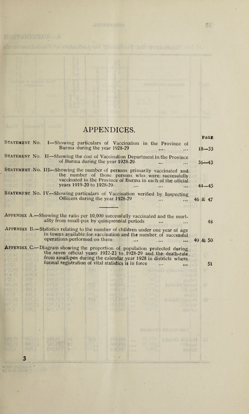 o * t; t APPENDICES. Statement No. I—Showing particulars of Vaccination in the Province of Burma during the year 1928-29 Statement No. II—Showing the cost of Vaccination Department in the Province of Burma during the year 1928-29 Statement No. Ill—Showing the number of persons primarily vaccinated and the number of those persons who were successfully vaccinated in the Province of Burma in each of the official years 1919-20 to 1928^-29 Statement No. IV-— Showing particulars of Vaccination verified by Inspecting Offiicers during the year 1928-29 Appendix A.—Showing the ratio per 10,000 successfully vaccinated and the mort¬ ality from small-pox by quinquennial periods Appendix B.—Statistics relating to the number of children under one year of age in towns available for vaccination and the number of successful operations:performed on them Appendix C.—-Diagram showing the proportion of population protected during the seven official years 1922-23 to 1928-29 and the; death-rate from small-pox during the calendar year 1928 in districts where formal registration of vital statistics is in force PAGE 18—35 36—43 44—45 46 & 47 48 49 & 50 51