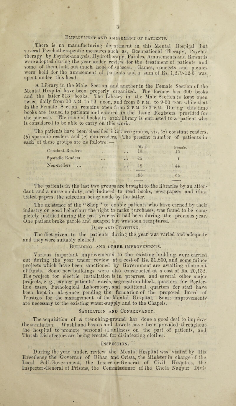 Employment and amfsement of patients. There Is' no manufacturing department in this Mental Hospital but several Psychotherapeutic measures such as, Occupational Therapy, Psycho¬ therapy by Psycho-analysis, Hydrotherapy, Paroles, Amusements and Rewards were adopted during the year under review for the treatment of patients and some of them hold out much hope of success. Games, concerts and picnics were held for the amusement of patients and a sum of Rs. 1,2 HM.2-6 was spent under this head. A Library in the Male Section and another in the Female Section of the Mental Hospital have been properly organized. The former lias 600 books and the latter 613 books. The Library in the Male Section is kept open twice daily from 10 a.m. to 12 noon, and from 5 p.m. to 9-30 p.m, while that in the Female Section remains open from 2 p.m. to 7 p.m. During this time books are issued to patients and entered in the Issue Registers provided for the purpose. The issue of books in each library is entrusted to a patient who is considered to be able to carry on this work. The patients have been classified into three groups, viz. (a) constant readers, (b) sporadic readers and (c) non-readers. The present number of patients in of these groups are as follows :— Male. Female. Constant Readers 10 13 Sporadic Readers ... 25 7 Non-readers ... 4S 44 ..S3 64 The patients in the last two groups are brought to the libraries by an atten¬ dant and a nurse on duty, and induced to read books, newspapers and illus¬ trated papers, the selection being made by the latter. The existence of the “ Shop” to enable patients who have earned by their industry or good behaviour the right to make purchases, was found to be com¬ pletely justified during the past year as it had been during the previous year. One patient broke parole and escaped but was soon recaptured. Diet and Clothing. The diet given to the patients during the year was varied and adequate and they were suitably clothed. Building and other improvements. Various important improvements to the existing building were carried out during the year under review at a cost of Rs. 51,850, and some minor projects which have been sanctioned by Government are awaiting allotment of funds. Some new buildings were also constructed at a cost of Rs. 20,132. The project for electric installation is in progress, and several other major projects, e. g., paying patients’ wards, segregation block, quarters for Border¬ line cases Pathological Laboratory, and additional quarters for staff have been kept in abeyance pending the formation of the proposed Board of Trustees for the management of the Mental Hospital. Some improvements are necessary to the existing water-supply and to the Chapels. Sanitation and Conservancy. The acquisition of a trenching-ground has done a good deal to improve’ the sanitation. Washhand-basins and towels have been provided throughout I he hospital to promote personal < Lanliness on the part of patients, and Thresh Disinfectors are being erected for disinfecting clothes. Inspection* During the year under, review the Mental Hospital was visited hv His Excedency the Governor of Bihar and Orissa, the Minister in charge of the Local Self-Government, the Inspector-General of Civil Hospitals, the Inspector-General of Prisons, the Commissioner of the Chofa Nagpur Divi-