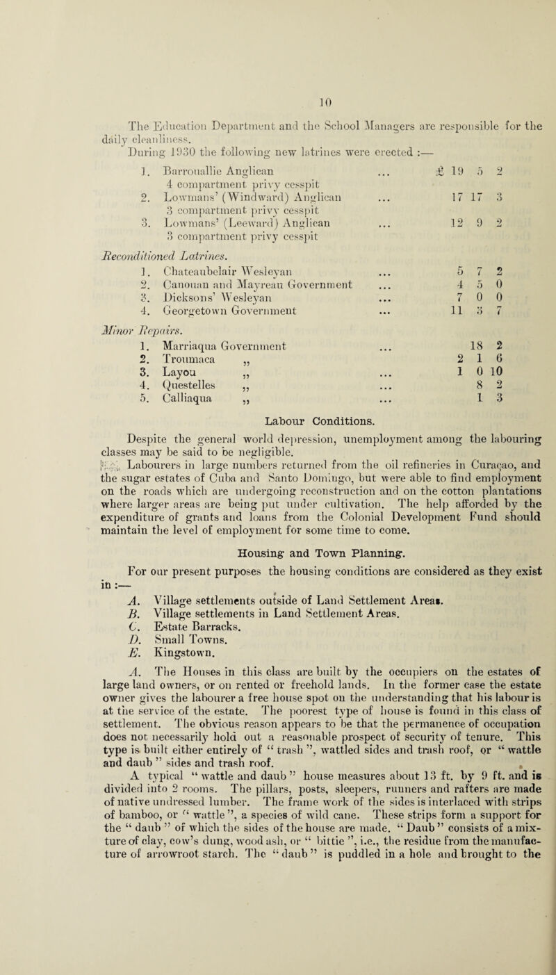 10 The Education Department and the School Managers are responsible for the daily cleanliness. During’ 1930 the following; new latrines were erected :— 1. Barrouallie Anglican 4 compartment privy cesspit 2. Lowmans’ (Windward) Anglican 3 compartment privy cesspit 3. Lowmans’ (Leeward) Anglican 3 compartment privy cesspit Reconditioned Latrines. 1. Chateaubelair Wesleyan */ 2. Canouan and Mayreau Government 3. Dicksons’ Wesleyan 4. Georgetown Government Minor Repairs. 1. Marriaqua Government 2. Troumaca ,, 3. Layou „ 4. Questelles ,, Labour Conditions. Despite the general world depression, unemployment among the labouring classes may be said to be negligible. Sbyi, Labourers in large numbers returned from the oil refineries in Curasao, and the sugar estates of Cuba and Santo Domingo, but were able to find employment on the roads which are undergoing reconstruction and on the cotton plantations where larger areas are being put under cultivation. The help afforded by the expenditure of grants and loans from the Colonial Development Fund should maintain the level of employment for some time to come. Housing and Town Planning. For our present purposes the housing conditions are considered as they exist in:— A. Village settlements outside of Land Settlement Area*. B. Village settlements in Land Settlement Areas. 6. Estate Barracks. D. Small Towns. E. Kingstown. A. The Houses in this class are built by the occupiers on the estates of large land owners, or on rented or freehold lands. In the former case the estate owner gives the labourer a free house spot on the understanding that his labour is at the service of the estate. The poorest type of house is found in this class of settlement. The obvious reason appears to be that the permanence of occupation does not necessarily hold out a reasonable prospect of security of tenure. This type is built either entirely of “ trash ”, wattled sides and trash roof, or “ wattle and daub ” sides and trash roof. A typical “ wattle and daub ” house measures about 13 ft. by 9 ft. and is divided into 2 rooms. The pillars, posts, sleepers, runners and rafters are made of native undressed lumber. The frame work of the sides is interlaced with strips of bamboo, or (l wattle’’, a species of wild cane. These strips form a support for the “ daub ” of which the sides of the house are made. “ Daub ” consists of a mix¬ ture of clay, cow’s dung, wood ash, or “ bit tie ”, i.e., the residue from the manufac¬ ture of arrowroot starch. The “daub” is puddled in a hole and brought to the £ 19 o 2 17 17 3 12 9 2 5 7 2 4 5 0 7 0 0 11 3 7 18 2 2 16 1 0 10 8 2