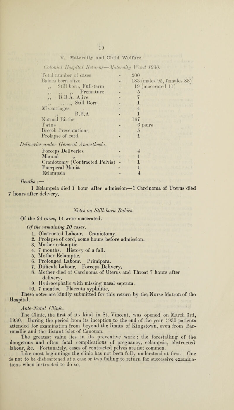 V. Maternity and Child Welfare. Colonial Hospital Returns—Maternity Ward 1930. Total number of cases Babies born alive ., Still born, Full-term ,, ,, ,, Premature ,, 13.B.A. Alive „ ,, ,, Still Born Miscarriages „ ‘ B.B.A Normal Births Twins Breecli Presentations Prolapse of cord Deliveries under General Anaesthesia. Forceps Deliveries Manual ,, Craniotomy (Contracted Pelvis) - Puerperal Mania Eclampsia Deaths :— 200 183 (males 95, females 88) 19 (macerated 11) 5 7 1 4 1 107 6 pairs 5 1 4 1 1 1 4 1 Eclampsia died 1 7 hours after delivery. hour after admission—1 Carcinoma of Uterus died Notes on Still-horn Babies. Of the 24 cases, 14 were macerated. Of the remaining 10 cases. 1. Obstructed Labour. Craniotomy. 2. Prolapse of cord, some hours before admission. 3. Mother eclamptic. 4. 7 months. History of a fall. 5. Mother Eclamptic. 6. Prolonged Labour. Primipara. 7. Difficult Labour. Forceps Delivery. 8. Mother died of Carcinoma of Uterus and Throat 7 hours after delivery. 9. Hydrocephalic with missing nasal septum. 1.0. 7 months. Placenta syphilitic. These notes are kindly submitted for this return by the Nurse Matron of the Hospital. Ante-Natal Clinic. The Clinic, the first of its kind in St. Vincent, was opened on March 3rd, 1930. During the period from its inception to the end of the year 1930 patients attended for examination from beyond the limits of Kingstown, even from Bar- rouallie and the distant islet of Canouan. The greatest value lies in its preventive work ; the forestalling of the dangerous and often fatal complications of pregnancy, eclampsia, obstructed labour, &c. Fortunately, cases of contracted pelves are not common. Like most beginnings the clinic has not been fully understood at first. One is not to be disheartened at a case or two failing to return for successive examina¬ tions when instructed to do so.
