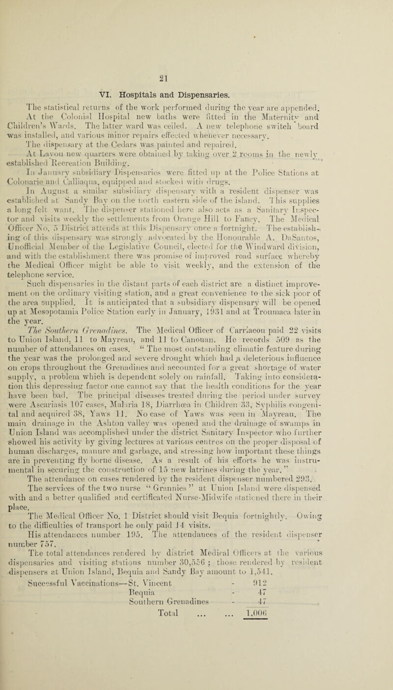 VI. Hospitals and Dispensaries. The statistical returns of the work performed during the year are appended. \t the Colonial Hospital new baths were fitted in tlie Maternity and ■Children’s Wards. The latter ward was ceiled. A new telephone switch, board was installed, and various minor repairs effected whenever necessary. 'J'he dispensary at the Cedars was painted and repaired. At La,yon new quarters were obtained by taking over 2 rooms in the newly established Recreation Building. In January subsidiary Dispensaries were fitted up at the Police Stations at Colonarie and (J.alliaqua, equipped and stocked with drugs. In August a similar subsidiary dispensary with a resident dispenser was established at Sandy Bay on the north eastern side of the island. This supplies a long felt want. The dispenser stationed here also acts as a Sanitarv Inspec¬ tor and visits weekly the settlements from Orange Hill to Fancy. The Medical C/ o Officer No. 5 .District attends at this Dispensary once a fortnight. The establish¬ ing of this dispensary was strongly advocated by the Honourable A. Da Santos, Unofficial Member of the Legislative Council, elected for the Windward division, and with the establishment there was promise of improved road surface whereby the Medical Officer might be able to visit weekly, and the extension of the telephone service. Such dispensaries in the distant parts of each district are a distinct improve¬ ment on the ordinary visiting station, and a great convenience lo the sick poor of the area supplied. It is anticipated that a subsidiary dispensary will be opened up at Mesopotamia Police Station early in January, 1931 and at Troumaca later in the year. The Southern Grenadines. The Medical Officer of Carriacou paid 22 visits to Union Island, 11 to Mayreau, and 11 to Canonan. He records 509 as the number of attendances on cases. 11 The most outstanding climatic feature during the year was the prolonged and severe drought which had a deleterious influence on crops throughout the Grenadines and accounted for a great shortage of water supply, a problem which is dependent solely on rainfall. Taking into considera¬ tion this depressing factor one cannot say that the health conditions for the year have been bad. The principal diseases treated during the period under survey were Ascariasis 107 cases, Malaria 18, Diarrhoea in Children 33, Syphilis congeni¬ tal and acquired 38, Yaws 1J. Flo case of Yaws was seen in Mayreau. The main drainage in the Ashton valley was opened and the drainage of swamps in Union Island was accomplished under the district Sanitary Inspector who further showed his activity by giving lectures at various centres on the proper disposal of human discharges, manure and garbage, and stressing how important these things are in preventing fly borne disease. As a result of his efforts he was instru¬ mental in securing the construction of 15 new latrines during the year. ” The attendance on cases rendered by the resident dispenser numbered 293. The services of the two nurse “ Grannies ’’ at Union Island were dispensed with and a better qualified and certificated Nurse-Midwife stationed there in their place. The Medical Officer No. 1 District should visit Bequia fortnightly. Owing to the difficulties of transport he only paid ,J4 visits. His attendances number 195. The attendances of the resident dispenser •lumber 757. The total attendances rendered by district Medical Officers at the various dispensaries and visiting stations number 30,556 ; those rendered by resident dispensers at Union Island, Bequia and Sandy Bay amount to 1,541. Successful Vaccinations—St. Vincent - 912 Bequia - 47 Southern Grenadines - 47 ... ... 1,006