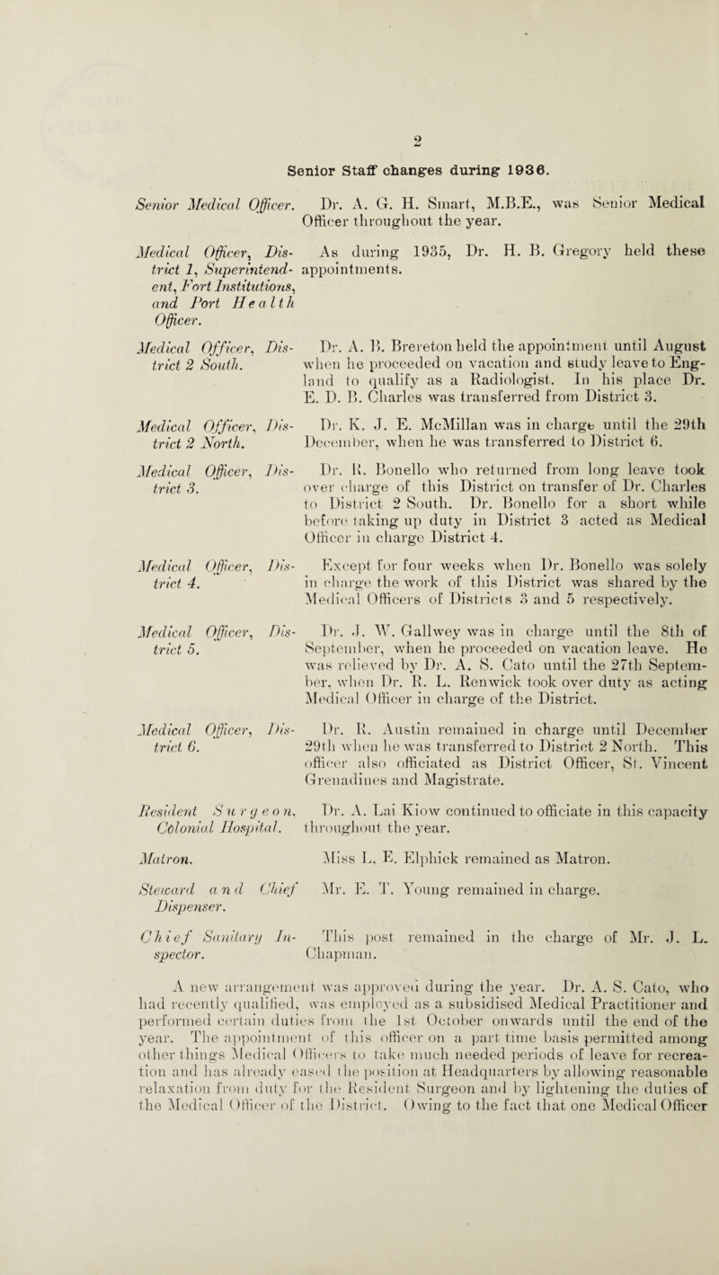 Senior Staff changes during 1936. Senior Medical Officer. Dr. A. G. H. Smart, M.B.E., was Senior Medical Officer throughout the year. Medical Officer, Dis- As during 1935, Dr. H. B. Gregory held these trict 2, Superintend- appointments. ent, Fort Institutions, and Port Health Officer. Medical Officer, Dis- Dr. A. B. Brereton held the appointment until August trict 2 South. when he proceeded on vacation and study leave to Eng¬ land to qualify as a Radiologist. In his place Dr. E. D. B. Charles was transferred from District 3. Medical Officer, Dis- Dr. K. J. E. McMillan was in charge until the 29th trict 2 North. December, when he was transferred to District 6. Medical Officer, Dis- Dr. R. Bonello who returned from long leave took trict 3. over charge of this District on transfer of Dr. Charles to District 2 South. Dr. Bonello for a short while before taking up duty in District 3 acted as Medical Officer in charge District 4. Medical Officer, Dis- Except for four weeks when Dr. Bonello was solely trict 4. in charge the work of this District was shared by the Medical Officers of Districts 3 and 5 respectively. Medical Officer, Dis- Dr. J. W. Gallwey was in charge until the 8th of trict 5. September, when he proceeded on vacation leave. He was relieved by Dr. A. S. Cato until the 27th Septem¬ ber, when Dr. R. L. Ren wick took over duty as acting Medical Officer in charge of the District. Medical Officer, Dis- Dr. R. Austin remained in charge until December trict 6. 29th when lie was transferred to District 2 North. This officer also officiated as District Officer, St. Vincent Grenadines and Magistrate. Resident S u r g eo n, Dr. A. Lai Kiow continued to officiate in this capacity Colonial Hospital. throughout the year. Matron. Miss L. E. Elphick remained as Matron. Steward a n d Chief Mr. E. T. Young remained in charge. Dispenser. Chief Sanitary In- This post remained in the charge of Mr. J. L. spector. Chapman. A new arrangement was approved during the year. Dr. A. S. Cato, who had recently qualified, was employed as a subsidised Medical Practitioner and performed certain duties from the 1st October onwards until the end of the year. The appointment of this officer on a part time basis permitted among other things Medical Officers to take much needed periods of leave for recrea¬ tion and has already eased the position at Headquarters by allowing reasonable relaxation from duty for the Resident Surgeon and by lightening the duties of the Medical Officer of the District. Owing to the fact that one Medical Officer