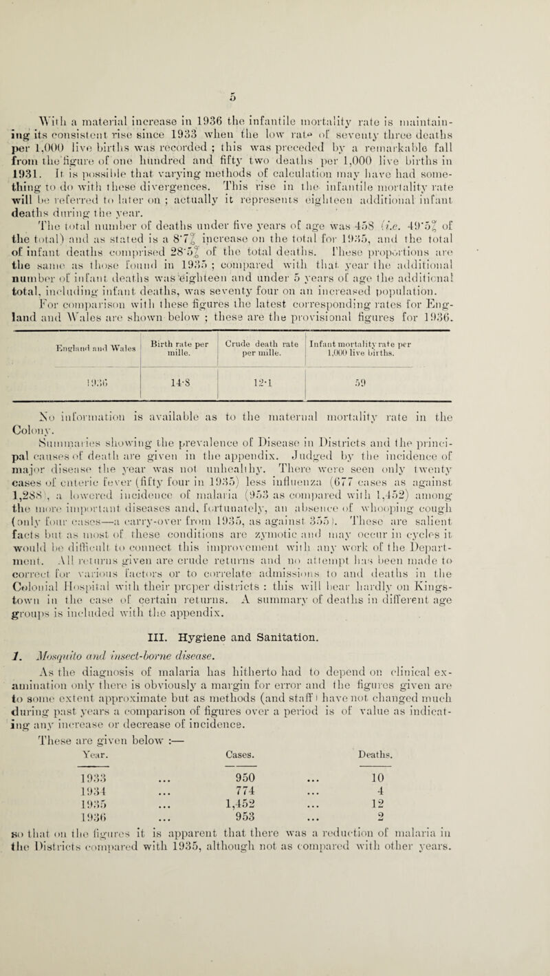 Wirli a material increase in 1936 the infantile mortality rate is maintain- ing its consistent rise since 1933 when the low rat*1 of seventy three deaths per 1,000 live births was recorded ; this was preceded by a remarkable fall from the'figure of one hundred and fifty two deaths per 1,000 live births in 1931. It is possible that varying methods of calculation may have had some¬ thing to do with these divergences. This rise in the infantile mortality rate will b e referred to later on ; actually it represents eighteen additional infant deaths during the year. The total number of deaths under five years of age was 458 (i.e. 49*5? of the total) and as stated is a 8‘7^ increase on the total for 1935, and the total of infant deaths comprised 28’5,2 of the total deaths. These proportions are the same as those found in 1935 ; compared with that year the additional number of infant deaths was ■eighteen and under 5 years of age the additional total, including infant deaths, was seventy four on an increased population. For comparison with these figures the latest corresponding rates for Eng¬ land and Wales are shown below ; these are the provisional figures for 1936. England and Wales Birth rate per mille. Crude death rate per mille. Infant mortality rate per 1,000 live births. ! 930 14-S 12*1 .09 No information is available as to the maternal mortality rate in the Colony. Summaries showing the prevalence of Disease in Districts and the princi¬ pal causes of death are given in the appendix. Judged by the incidence of major disease the year was not unhealthy. There were seen only twenty cases of enteric fever (fifty four in 1935) less influenza (677 cases as against 1,288 , a lowered incidence of malaria (953 as compared with 1,452) among the more important diseases and, fortunately, an absence of whooping cough (only four cases—a carry-over from 1935, as against 355). These are salient facts but as most of these conditions are zymotic and may occur in cycles it would be difficult to connect this improvement with any work of the Depart¬ ment. All returns given are crude returns and no attempt has been made to correct for various factors or to correlate admissions to and deaths in the Colonial Hospital with their proper districts : this will bear hardly on Kings¬ town in the case of certain returns. A summary of deaths in different age groups is included with the appendix. III. Hygiene and Sanitation. 1. Mosquito and insect-borne disease. As the diagnosis of malaria has hitherto had to depend on clinical ex¬ amination only there is obviously a margin for error and the figures given are to some extent approximate but as methods (and staff) have not changed much during past years a comparison of figures over a period is of value as indicat¬ ing any increase or decrease of incidence. These are given below :— Year. Cases. Deaths. 1933 • • • 950 • • • 10 1934 • • • 774 • • • 4 1935 • • • 1,452 • • • 12 1936 • • • 953 • • • 9 so that on the figures it is apparent that there was a reduction of malaria in the Districts compared with 1935, although not as compared with other years.