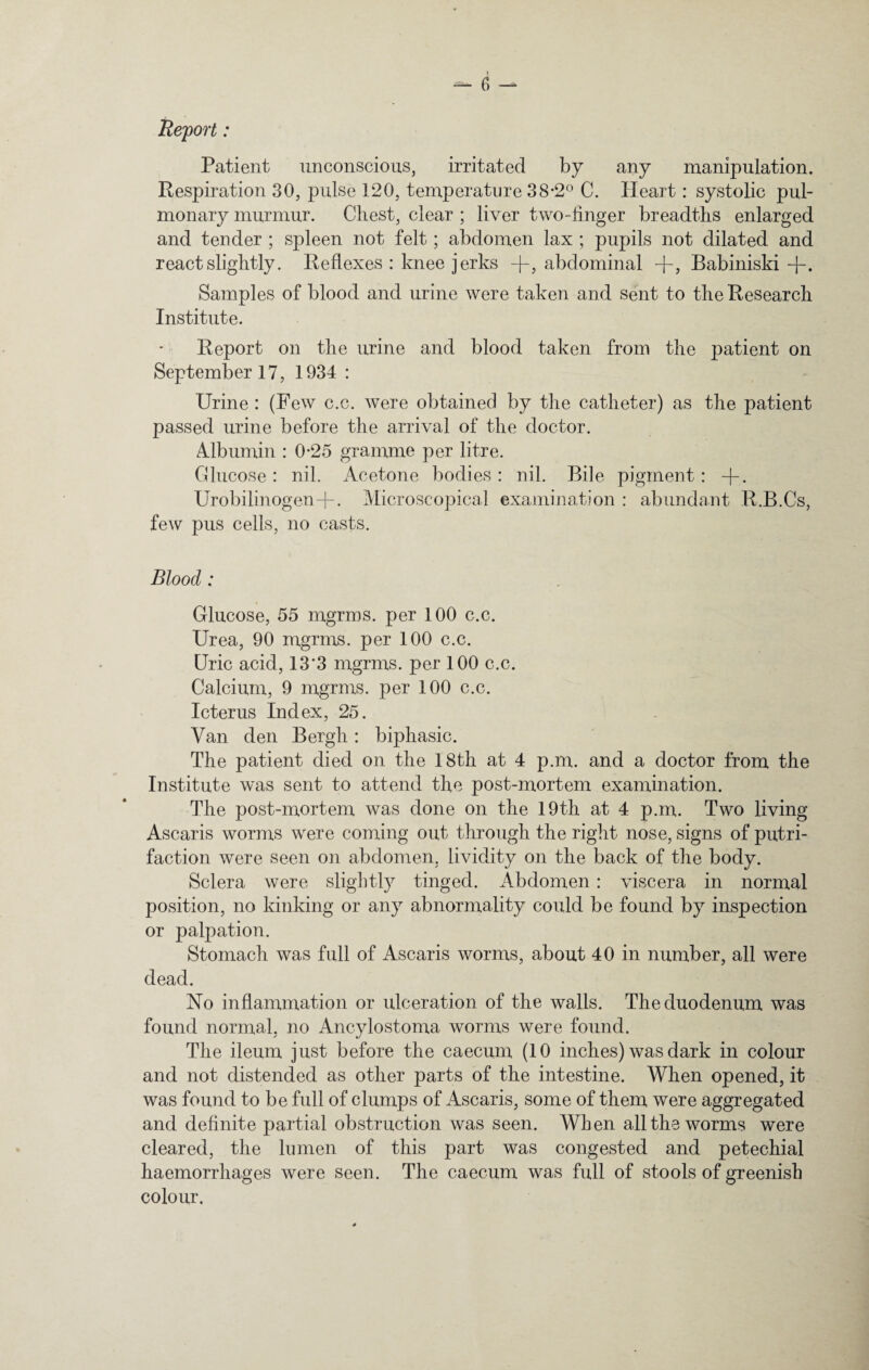 Report: Patient unconscious, irritated by any manipulation. Respiration 30, pulse 120, temperature 38*2° C. Heart: systolic pul¬ monary murmur. Chest, clear ; liver two-linger breadths enlarged and tender ; spleen not felt; abdomen lax ; pupils not dilated and react slightly. Reflexes : knee j erks +> abdominal -f-, Babiniski+. Samples of blood and urine were taken and sent to the Research Institute. Report on the urine and blood taken from the patient on September 17, 1934 : Urine : (Few c.c. were obtained by the catheter) as the patient passed urine before the arrival of the doctor. Albumin : 0*25 gramme per litre. Glucose: nil. Acetone bodies: nil. Bile pigment: +. Urobilinogen -j-. Microscopical examination : abundant R.B.Cs, few pus cells, no casts. Blood : Glucose, 55 mgrms. per 100 c.c. Urea, 90 mgrms. per 100 c.c. Uric acid, 13*3 mgrms. per 100 c.c. Calcium, 9 mgrms. per 100 c.c. Icterus Index, 25. Van den Bergli: biphasic. The patient died on the 18th at 4 p.m. and a doctor from the Institute was sent to attend the post-mortem examination. The post-mortem was done on the 19th at 4 p.m. Two living Ascaris worms were coming out through the right nose, signs of putri- faction were seen on abdomen, lividity on the back of the body. Sclera were slightly tinged. Abdomen: viscera in normal position, no kinking or any abnormality could be found by inspection or palpation. Stomach was full of Ascaris worms, about 40 in number, all were dead. No inflammation or ulceration of the walls. The duodenum was found normal, no Ancylostoma worms were found. The ileum just before the caecum (10 inches) was dark in colour and not distended as other parts of the intestine. When opened, it was found to be full of clumps of Ascaris, some of them were aggregated and definite partial obstruction was seen. When all the worms were cleared, the lumen of this part was congested and petechial haemorrhages were seen. The caecum was full of stools of greenish colour.