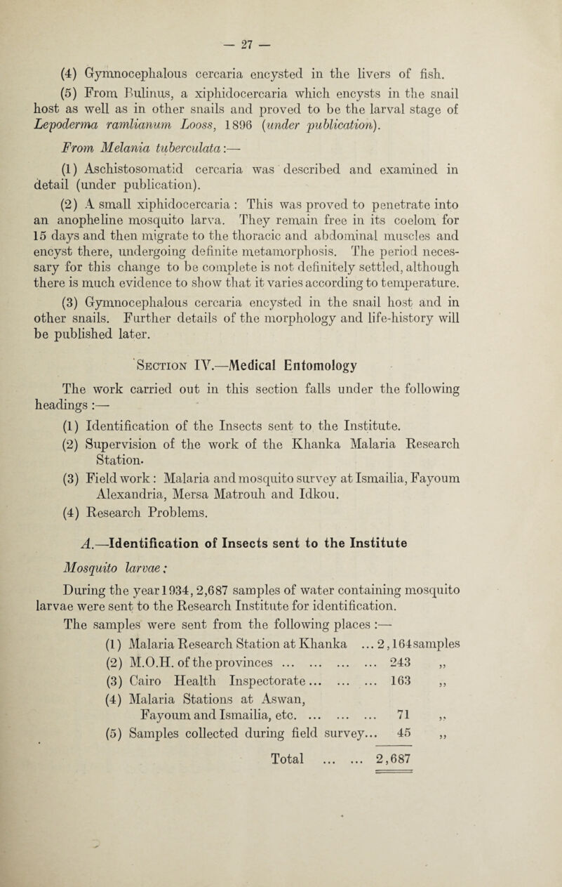 (4) Grymnocephalous cercaria encysted in tlie livers of fish. (5) From Bulinus, a xiphidocercaria which encysts in the snail host as well as in other snails and proved to be the larval stage of Lepoderma ramlianum Looss, 1896 {under publication). From Melania tuberculata:—■ (1) Aschistosomatid cercaria was described and examined in detail (under publication). (2) A small xiphidocercaria : This was proved to penetrate into an anopheline mosquito larva. They remain free in its coelom for 15 days and then migrate to the thoracic and abdominal muscles and encyst there, undergoing definite metamorphosis. The period neces¬ sary for this change to be complete is not definitely settled, although there is much evidence to show that it varies according to temperature. (3) Gymnocephalous cercaria encysted in the snail host and in other snails. Further details of the morphology and life-history will be published later. Section IV.—Medical Entomology The work carried out in this section falls under the following headings :— (1) Identification of the Insects sent to the Institute. (2) Supervision of the work of the Khanka Malaria Research Station. (3) Field work : Malaria and mosquito survey at Ismailia, Fayoum Alexandria, Mersa Matrouh and Idkou. (4) Research Problems. A.—Identification of Insects sent to the Institute Mosquito larvae; During the year 1934, 2,687 samples of water containing mosquito larvae were sent to the Research Institute for identification. The samples were sent from the following places :— (1) Malaria Research Station at Khanka ... 2,164 samples (2) M.O.H. of the provinces. 243 ,, (3) Cairo Health Inspectorate. 163 ,, (4) Malaria Stations at Aswan, Fayoum and Ismailia, etc. 71 ,, (5) Samples collected during field survey... 45 ,, « Total . 2,687