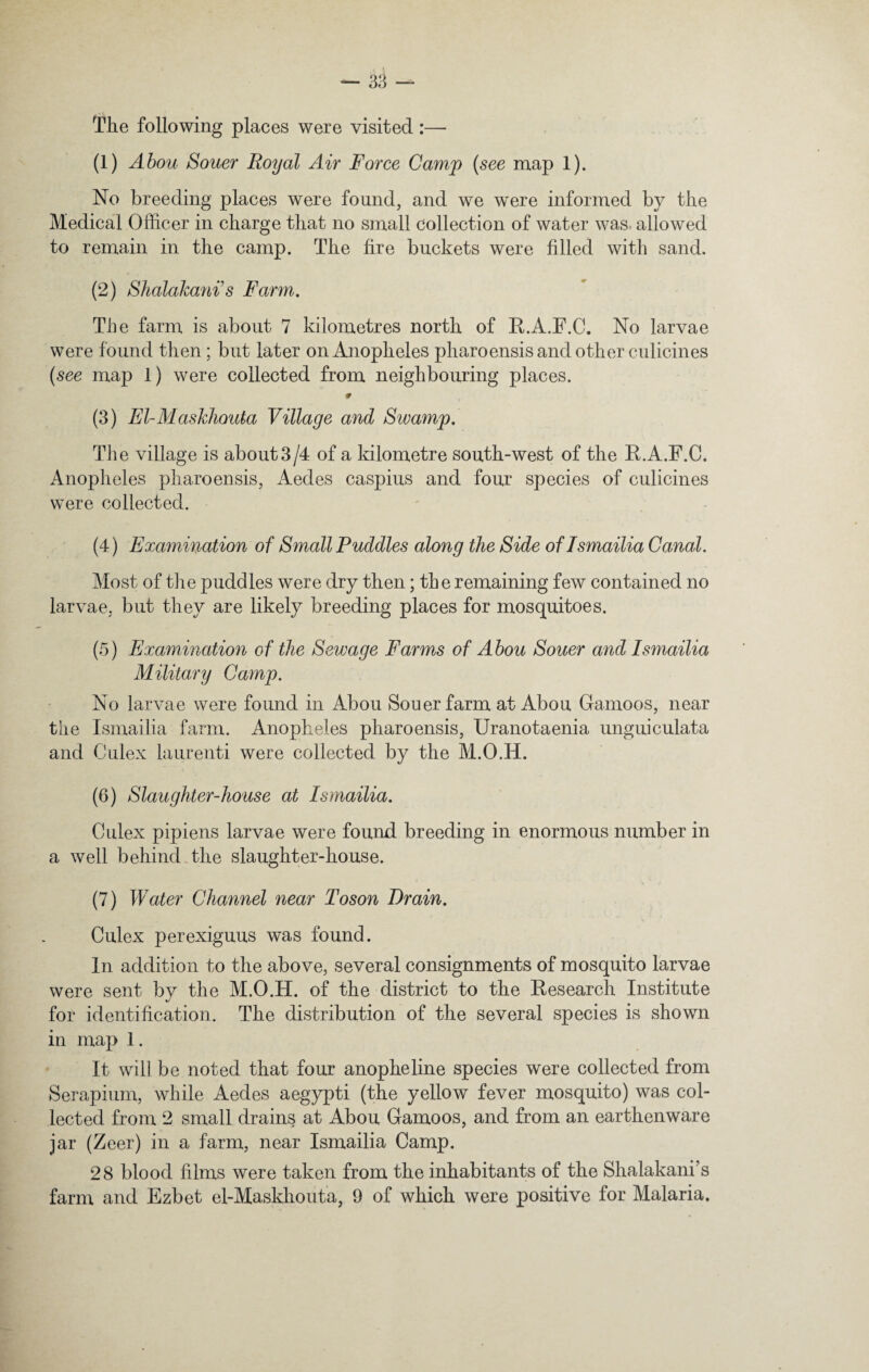 The following places were visited :— (1) Abou Souer Royal Air Force Camp (see map 1). No breeding places were found, and we were informed by the Medical Officer in charge that no small collection of water was allowed to remain in the camp. The fire buckets were filled with sand. (2) Shalakani’s Fojrm. The farm is about 7 kilometres north of R.A.F.C, No larvae were found then; but later on Anopheles pharoensis and other culicines (see map 1) were collected from neighbouring places. * (3) El-Maskhouta Village and Swamp. The village is about 3/4 of a kilometre south-west of the R.A.F.C. Anopheles pharoensis, Aedes caspius and four species of culicines were collected. (4) Examination of Small Puddles along the Side oflsmailia Canal. Most of the puddles were dry then; the remaining few contained no larvae, but they are likely breeding places for mosquitoes. (5) Examination of the Sewage Farms of Abou Souer and Ismailia Military Camp. No larvae were found in Abou Souer farm at Abou Gamoos, near tiie Ismailia farm. Anopheles pharoensis, Uranotaenia unguiculata and Culex laurenti were collected by the M.O.H. (6) Slaughter-house at Ismailia. Culex pipiens larvae were found breeding in enormous number in a well behind the slaughter-house. (7) Water Channel near Toson Brain. Culex perexiguus was found. In addition to the above, several consignments of mosquito larvae were sent by the M.O.H. of the district to the Research Institute for identification. The distribution of the several species is shown in map 1. It will be noted that four anopheline species were collected from Seraphim, while Aedes aegypti (the yellow fever mosquito) was col¬ lected from 2 small drains at Abou Gamoos, and from an earthenware jar (Zeer) in a farm, near Ismailia Camp. 28 blood films were taken from the inhabitants of the Shalakani’s farm and Ezbet el-Maskhouta, 9 of which were positive for Malaria.
