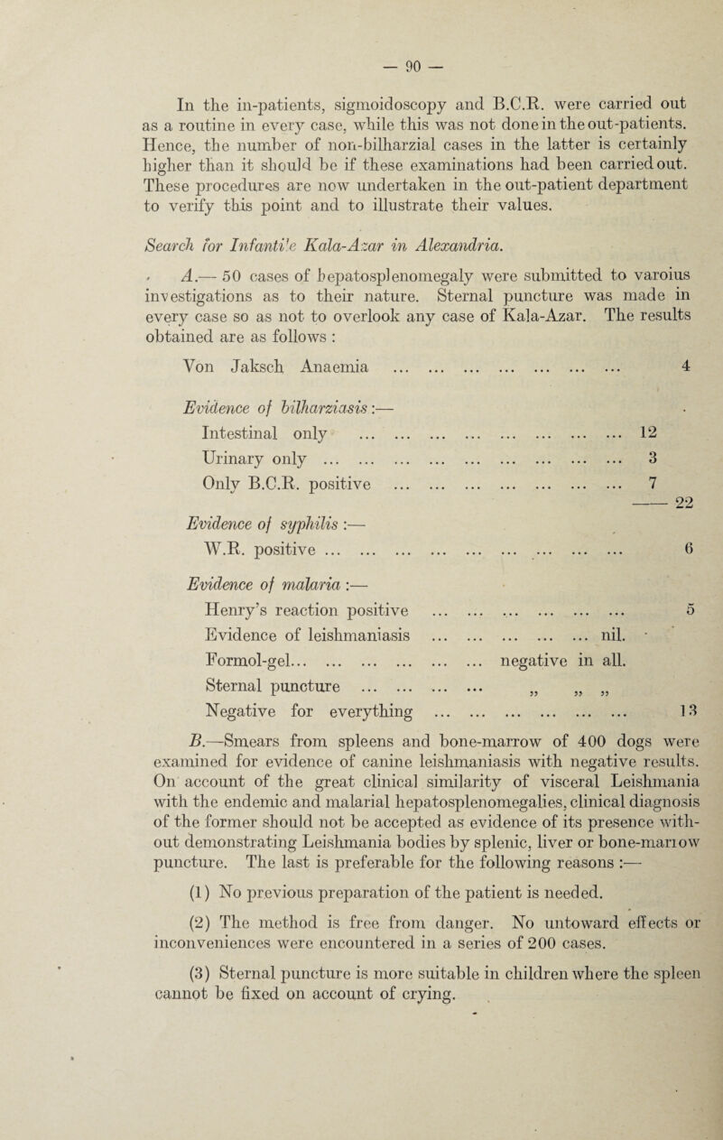 In the in-patients, sigmoidoscopy and B.C.R. were carried out as a routine in every case, while this was not done in the out-patients. Hence, the number of non-bilharzial cases in the latter is certainly higher than it should be if these examinations had been carried out. These procedures are now undertaken in the out-patient department to verify this point and to illustrate their values. Search for Infantile Kala-Azar in Alexandria. • A.— 50 cases of hepatosplenomegaly were submitted to varoius investigations as to their nature. Sternal puncture was made in every case so as not to overlook any case of Kala-Azar. The results obtained are as follows : Von Jaksch Anaemia . 4 12 3 7 -22 6 Evidence of malaria :— Henry’s reaction positive .. 5 Evidence of leishmaniasis .nil. - Formol-gel. negative in all. Sternal puncture . . „ „ „ Negative for everything . 13 B.—Smears from spleens and bone-marrow of 400 dogs were examined for evidence of canine leishmaniasis with negative results. On account of the great clinical similarity of visceral Leishmania with the endemic and malarial hepatosplenomegalies, clinical diagnosis of the former should not be accepted as evidence of its presence with¬ out demonstrating Leishmania bodies by splenic, liver or bone-manow puncture. The last is preferable for the following reasons :■— (1) No previous preparation of the patient is needed. (2) The method is free from danger. No untoward effects or inconveniences were encountered in a series of 200 cases. Evidence of hilharziasis :— Intestinal only Urinary only . Only B.C.R. positive Evidence of syphilis :— W.R. positive. (3) Sternal puncture is more suitable in children where the spleen cannot be fixed on account of crying. %
