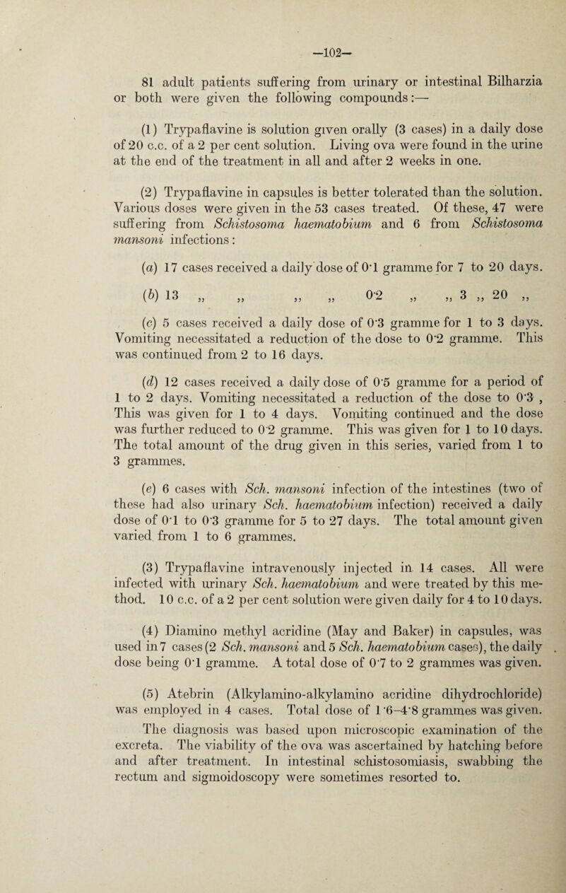 —102— 81 adult patients suffering from urinary or intestinal Bilharzia or both were given the following compounds:—- (1) Trypaflavine is solution given orally (3 cases) in a daily dose of 20 c.c. of a 2 per cent solution. Living ova were found in the urine at the end of the treatment in all and after 2 weeks in one. (2) Trypaflavine in capsules is better tolerated than the solution. Various doses were given in the 53 cases treated. Of these, 47 were suffering from Schistosoma haematobium and 6 from Schistosoma mansoni infections: {a) 17 cases received a daily dose of 0*1 gramme for 7 to 20 days. (b) 13 „ „ „ „ 0-2 „ „ 3 „ 20 „ (o) 5 cases received a daily dose of 0'3 gramme for 1 to 3 days. Vomiting necessitated a reduction of the dose to 0*2 gramme. This was continued from 2 to 16 days. (d) 12 cases received a daily dose of 0'5 gramme for a period of 1 to 2 days. Vomiting necessitated a reduction of the dose to 0*3 , This was given for 1 to 4 days. Vomiting continued and the dose was further reduced to 0 2 gramme. This was given for 1 to 10 days. The total amount of the drug given in this series, varied from 1 to 3 grammes. (e) 6 cases with Sch. mansoni infection of the intestines (two of these had also urinary Sch. haematobium infection) received a daily dose of 0T to 0*3 gramme for 5 to 27 days. The total amount given varied from 1 to 6 grammes. (3) Trypaflavine intravenously injected in. 14 cases. All were infected with urinary Sch. haematobium and were treated by this me¬ thod. 10 c.c. of a 2 per cent solution were given daily for 4 to 10 days. (4) Diamino methyl acridine (May and Baker) in capsules, was used in 7 cases (2 Sch. mansoni and 5 Sch. haematobium cases), the daily dose being 0T gramme. A total dose of 0*7 to 2 grammes was given. (5) Atebrin (Alkylamino-alkylamino acridine dihydrochloride) was employed in 4 cases. Total dose of 1 *6-4*8 grammes was given. The diagnosis was based upon microscopic examination of the excreta. The viability of the ova was ascertained by hatching before and after treatment. In intestinal schistosomiasis, swabbing the rectum and sigmoidoscopy were sometimes resorted to.