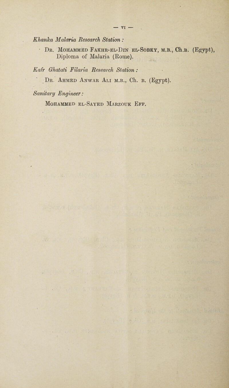 Khanka Malaria Research Station : ' Dr. Mohammed Fakhr-el-Din el-Sobky, m.b., Ch.B. (Egypt), Diploma of Malaria (Rome). Kafr Ghatati Filaria Research Station: Dr. Ahmed Anwar Ali m.b., Cli. b. (Egypt). Sanitary Engineer: Mohammed el-Sayed Marzouk Eff.