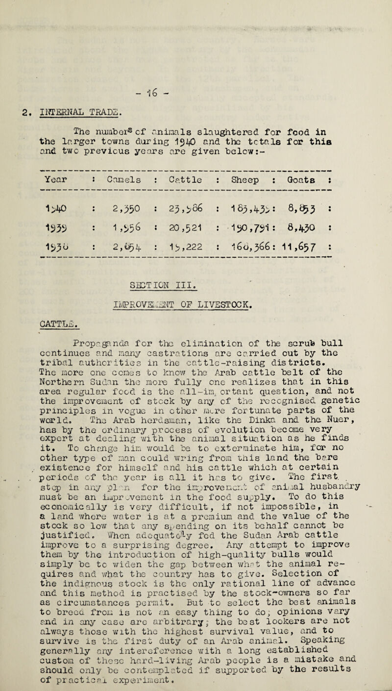 2. INTERNAL TRADE. The number5 cf animals slaughtered for food in the larger towns during 1940 and the totals for this and two previous years are given below Year i Camels : Cattle : Sheep : Goats : 1 >¥> : 2,550 : 23,566 : 183,435: 8,fc53 : 1332 : 1 ,556 i 20,521 : 190,791 : 8,430 : 1230 : 2,(^4 : 19,222 : 160, jGG : 11,657 : GATTLE. SECTION III. IMPROVEMENT OP LIVESTOCK. Propaganda for the elimination of the scrub hull continues and many castrations are carried out hy the tribal authorities in the cat tie-raising districts. The more one comes to Enow the Arab cattle belt of the Northern Sudan the more fully one realizes that in this area regular food is the all-im, ortant question, and not the improvement of stock by any cf the recognised genetic principles in vogue in other mere fortunate parts of the. world. The Arab herdsman, like the Dinka and the Nuer, has by the ordinary process of evolution become very expert at dealing with the animal situation as he finds it. To change him would be. to exterminate him, for no other type of man could wring from this land the bare existence for himself and his cattle which at certain periods cf the year is all it has to give. The first. . stop in any plan for the improvement of animal husbandry must be an improvement in the food supply. To do this economically is very difficult, if not impossible, in a land where water is at a premium and the value of the stock so low that any spending on its behalf cannot be justified. When adequately fed the Sudan Arab cattle improve to a surprising degree. Any attempt to improve them by the introduction of high-quality bulls would simply be to widen the gap between what the animal re¬ quires and what the country has to give. Selection of the indignous stock is the only rational line of advance and this method is practised by the stock-owners so far as circumstances permit. But to select the best animals to breed from is not an easy thing to do; opinions vary and in any case are arbitrary; the best lookers are not always those with the highest survival value, and to survive is the. first duty of an Arab animal. Speaking generally any intereference with a long established custom of these hard-living Arab people is a mistake and should only be contemplated if supported by the results of practical experiment.
