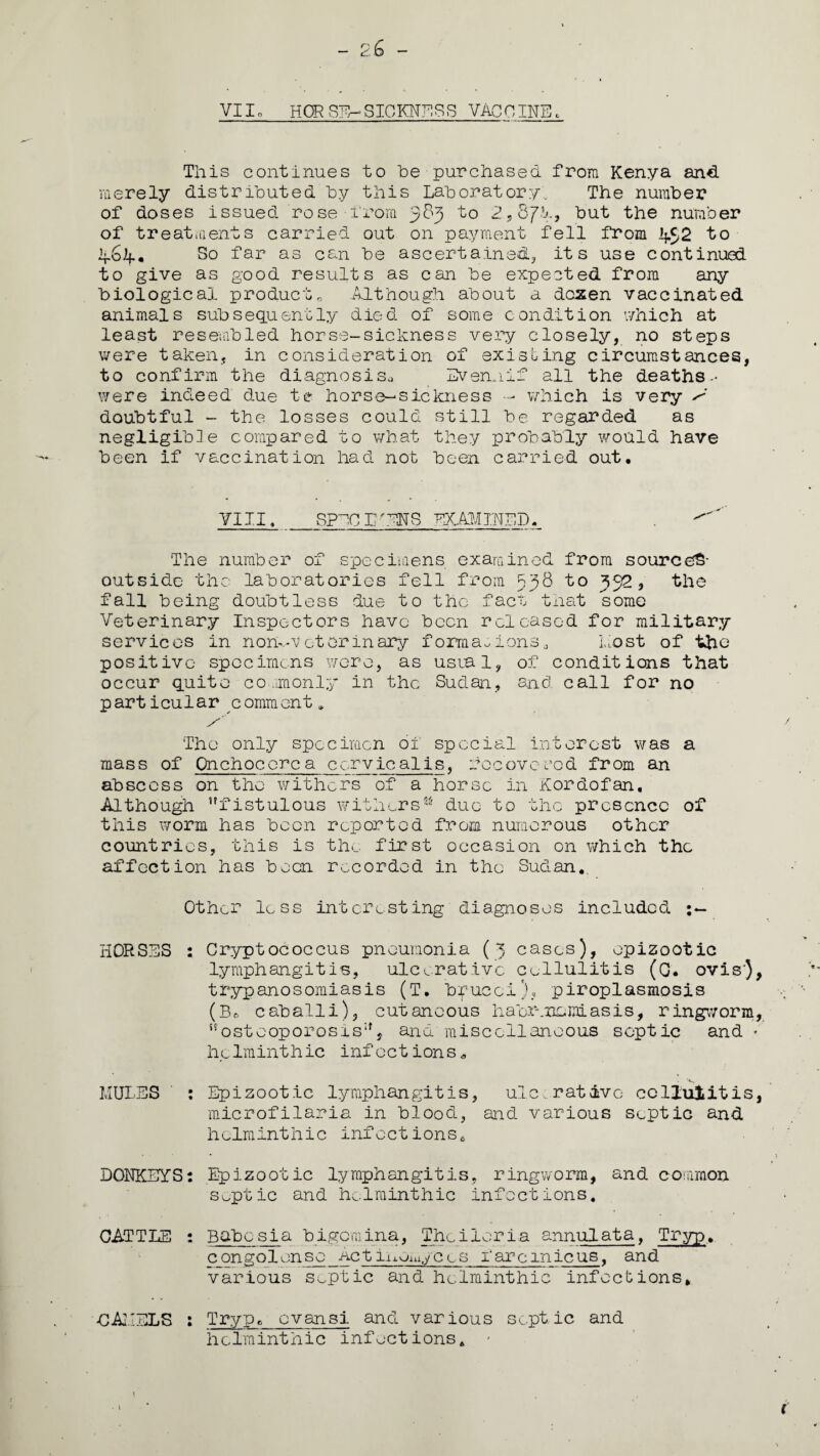 2.6 - VIIo HORSE~SICKNESS VACCINE, This continues to be purchased from Kenya and merely distributed by this Laboratory. The number of doses issued rose from 383 to 2,8Jb., but the number of treatments carried out on payment fell from 2 to So far as can be ascertained, its use continued to give as good results as can be expected from any biological product„ Although about a dcxen vaccinated animals subsequently died of some condition which at least resembled horse-sickness very closely, no steps were taken, in consideration of existing circumstances, to confirm the diagnosis., Svennif all the deaths- were indeed due te horse-sickness — which is very 2 doubtful - the losses could still be regarded as negligible compared to what they probably would have been if vaccination had not been carried out. VIII, SPECIMENS EXAMINED. The number of specimens examined from source^* outside the laboratories fell from 538 to 332, the fall being doubtless due to the fact that some Veterinary Inspectors have been released for military services in non-.,-vcterinary fonnalons, Host of the positive specimens were, as usual, of conditions that occur quite cowan only in the Sudan, and call for no particular comment* The only specimen of special interest was a mass of Onchocerca cervical is, recovered from an abscess on the withers of a horse in Kordofan, Although fistulous withersM due to the presence of this worm has been reported from numerous other countries, this is the first occasion on which the affection has been recorded in the Sudan. Other less interesting diagnoses included HORSES : Cryptococcus pneumonia (3 cases), epizootic lymphangitis, ulcerative cellulitis (Q. ovis), trypanosomiasis (T. bipucci), piroplasmosis (B» caballi), cutaneous habr-.xiemiasis, ringworm, osteoporosis, and miscellaneous septic and * he Ira int hie infections* MULES : Epizootic lymphangitis, ulc,native cellulitis, microfilaria in blood, and various septic and helminthic infections. DONKEYS: Epizootic lymphangitis, ringworm, and common septic and helminthic infections. CATTLE : Babesia bigcraina, Theiloria annulata, Tryp. congolenso Actinomyces I'arcinicus, and various septic and helminthic infections. CAMELS : Tryp. o van si and various septic and helminthic infections. - i