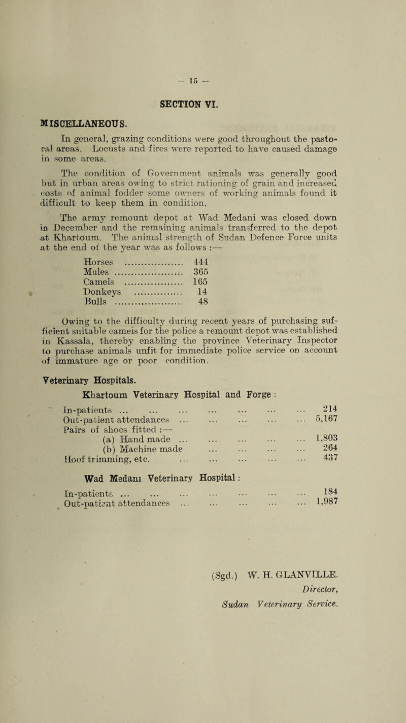 SECTION VI. MISCELLANEOUS. In general, grazing conditions were good throughout the pasto» ral areas. Locusts and fires were reported to have caused damage in some areas. The condition of Government animals was generally good but in urban areas owing to strict rationing of grain and increased costs of animal fodder some owners of working animals found it difficult to keep them in condition. The army remount depot at Wad Medani was closed down in December and the remaining animals transferred to the depot at Khartoum. The animal strength of Sudan Defence Force units at the end of the year was as follows :— Horses . 444 Mules . 365 Camels . 165 Donkeys . 14 Bulls . 48 Owing to the difficulty during recent years of purchasing suf¬ ficient suitable camels for the police a remount depot was established in Kassala, thereby enabling the province A7eterinary Inspector to purchase animals unfit for immediate police service on account of immature age or poor condition. Veterinary Hospitals. Khartoum Veterinary Hospital and Forge : Xn-patients ... Out-patient attendances ... Pairs of shoes fitted :— (a) Handmade ... (b) Machine made Hoof trimming, etc. Wad Medani Veterinary Hospital: In-patients ... Out-patient attendances ... 214 5,167 1,803 264 437 184 1,987 (Sgd.) W. H. GLANVILLE. Director, Sudan Veterinary Service.