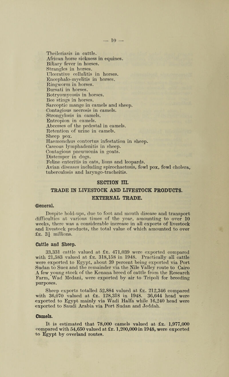 Theileriasis in cattle. African horse sickness in equines. Biliary fever in horses. %/ Strangles in horses. Ulcerative cellulitis in horses. Encephalo-myelitis in horses. Ringworm in horses. Bursati in horses. Botryomycosis in horses. Bee stings in horses. Sarcoptic mange in camels and sheep. Contagious necrosis in camels. *-— Strongylosis in camels. Entropion in camels. Abcesses of the pedestal in camels. Retention of urine in camels. Sheep pox. Haemonchus contortus infestation in sheep. Caseous lymphadenitis in sheep. Contagious pneumonia in goats. Distemper in dogs. Feline enteritis in cats, lions and leopards. Avian diseases including spirochaetosis, fowl pox, fowl cholera, tuberculosis and larvngo-tracheitis. SECTION III. TRADE IN LIVESTOCK AND LIVESTOCK PRODUCTS. EXTERNAL TRADE. General. Despite hold-ups, due to foot and mouth disease and transport difficulties at various times of the year, amounting to over 10 weeks, there was a considerable increase in all exports of livestock and livestock products, the total value of which amounted to over £e. 3J millions. Cattle and Sheep. 33,331 cattle valued at £e. 471,039 were exported compared with 21,583 valued at £e. 318,158 in 1948. Practically all cattle were exported to Eg}rpt, about 39 percent being exported via Port Sudan to Suez and the remainder via the Nile Valley route to Cairo A few young stock of the Kenana breed of cattle from the Research Farm, Wad Medani, were exported by air to Tripoli for breeding purposes. Sheep exports totalled 52,884 valued at £e. 212,346 compared with 36,070 valued at £e. 128,318 in 1948. 36,644 head were exported to Egypt mainly via Wadi Haifa while 16,240 head were exported to Saudi Arabia via Port Sudan and Jeddah. Camels. It is estimated that 78,000 camels valued at £e. 1,977,000 compared with 54,650 valued at £e. 1,200,000 in 1948, were exported to Egypt by overland routes.