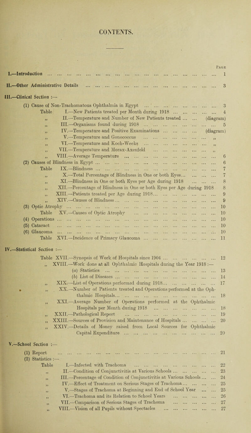 CONTENTS. I.—Introduction Page 1 II.—Other Administrative Details 3 III.—Clinical Section :— (1) Cause of Non-Trachomatous Ophthalmia in Egypt . 3 Table I.—New Patients treated per Month during 1918 . 4 „ II.—Temperature and Number of New Patients treated. (diagram) „ III.—Organisms found during 1918 . 5 ,, IV.—Temperature and Positive Examinations . (diagram) V.—-Temperature and Gonococcus VI.—Temperature and Koch-Weeks VII.—Temperature and Morax-Axenfeld „ VIII.—Average Temperature . 6 (2) Causes of Blindness in Egypt. 6 Table IX.—Blindness. 7 „ X.—Total Percentage of Blindness in One or both Eyes. 7 „ XI.—Blindness in One or both Eyes per Age during 1918 . 8 „ XII.—Percentage of Blindness in One or both Eyes per Age during 1918 8 „ XIII.—Patients treated per Age during 1918. 9 „ XIV.—Causes of Blindness. 9 (3) Optic Atrophy ... ... 10 Table XV.—Causes of Optic Atrophy . 10 (4) Operations. 10 (5) Cataract . 10 (6) Glaucoma . 10 Table XVI.—Incidence of Primary Glaucoma. 11 IV.—Statistical Section :— Table XVII.—Synopsis of Work of Hospitals since 1904 . ,, XVIII.—Work done at all Ophthalmic Hospitals during the Year 1918 :— (ia) Statistics . (b) List of Diseases. ,, XIX-—-List of Operations performed during 1918. „ XX.—Number of Patients treated and Operations performed at the Oph¬ thalmic Hospitals. „ XXI.—Average Number of Operations performed at the Ophthalmic Hospitals per Month during 1918 . „ XXII.—Pathological Report . „ XXIII.—Sources of Provision and Maintenance of Hospitals. ,, XXIV.—Details of Money raised from Local Sources for Ophthalmic Capital Expenditure . 12 13 14 17 18 18 19 20 20 V.—School Section :— (1) Report . (2) Statistics Table I.—Infected with Trachoma . „ II.—Condition of Conjunctivitis at Various Schools. „ III.—Percentage of Condition of Conjunctivitis at Various Schools ,, IV.—Effect of Treatment on Serious Stages of Trachoma. „ V.—Stages of Trachoma at Beginning and End of School Year „ VI.—Trachoma and its Relation to School Years . „ VII.—Comparison of Serious Stages of Trachoma . „ VIII.—Vision of all Pupils without Spectacles . 21 22 23 24 25 25 26 27 27