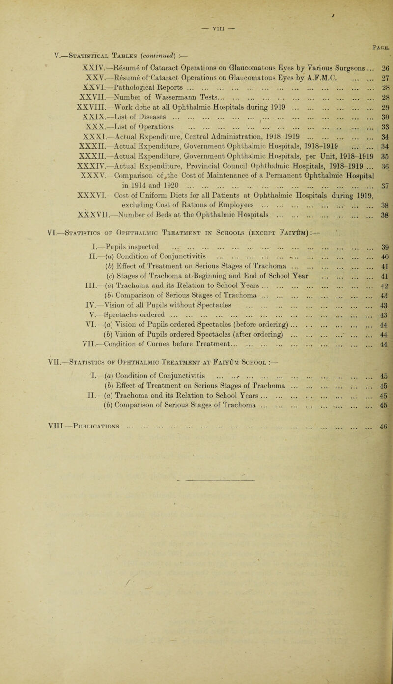 V.—Statistical XXIV- XXV.- XXVI. XXVII. XXVIII.- XXIX, XXX. XXXI. XXXII, XXXII, XXXIV. XXXV. XXXVI. XXXVII Tables (continued) :— -Resume of Cataract Operations on Glaucomatous Eyes by Various Surgeons ... -Resume of'Cataract Operations on Glaucomatous Eyes by A.F.M.C. Pathological Reports. Number of Wassermann Tests. -Work done at all Ophthalmic Hospitals during 1919 . List of Diseases . List of Operations . Actual Expenditure, Central Administration, 1918-1919 ... Actual Expenditure, Government Ophthalmic Hospitals, 1918-1919 . Actual Expenditure, Government Ophthalmic Hospitals, per Unit, 1918-1919 Actual Expenditure, Provincial Council Ophthalmic Hospitals, 1918-1919 ... Comparison ofthe Cost of Maintenance of a Permanent Ophthalmic Hospital in 1914 and 1920 . Cost of Uniform Diets for all Patients at Ophthalmic Hospitals during 1919, excluding Cost of Rations of Employees . —Number of Beds at the Ophthalmic Hospitals . 26 27 28 28 29 30 33 34 34 35 36 37 38 38 VI. —Statistics of Ophthalmic Treatment in Schools (except FaiyDm) :— I.—Pupils inspected . . II.—(a) Condition of Conjunctivitis . . (b) Effect of Treatment on Serious Stages of Trachoma . (c) Stages of Trachoma at-Beginning and End of School Year HI.-—(a) Trachoma and its Relation to School Years. (b) Comparison of Serious Stages of Trachoma. IV.—Vision of all Pupils without Spectacles . V.—Spectacles ordered . VI.—(a) Vision of Pupils ordered Spectacles (before ordering). (b) Vision of Pupils ordered Spectacles (after ordering) . VII.-—Condition of Cornea before Treatment. VII. —Statistics of Ophthalmic Treatment at Faiyum School :— I.—(a) Condition of Conjunctivitis .^ . (b) Effect of Treatment on Serious Stages of Trachoma . II.—(a) Trachoma and its Relation to School Years. (b) Comparison of Serious Stages of Trachoma. 39 40 41 41 42 43 43 43 44 44 44 45 45 45 45 VIII.—Publications ... 46