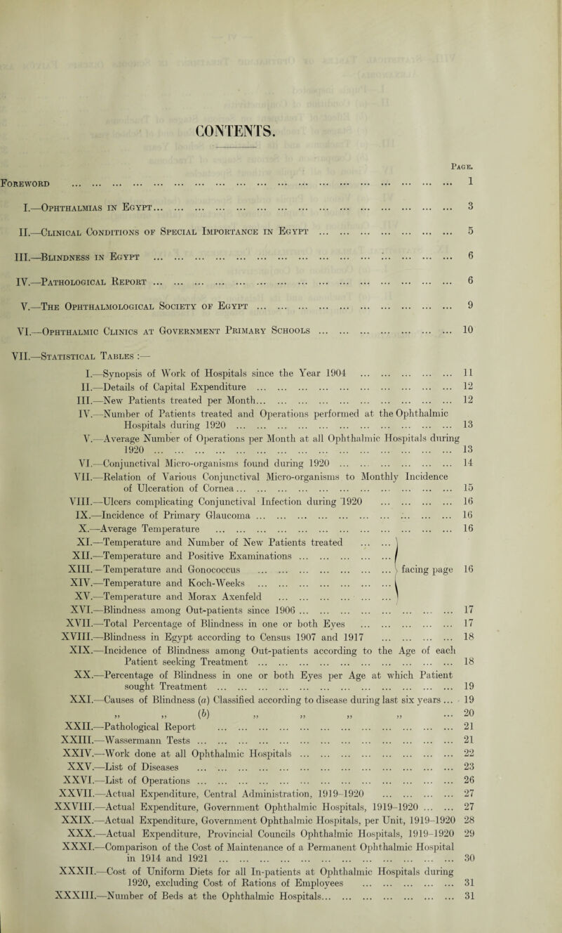 CONTENTS. Page. Foreword . 1 I.—Ophthalmias in Egypt. 3 XX—Clinical Conditions of Special Importance in Egypt . 5 III—Blindness in Egypt . :. 6 IV.—Pathological Report. 6 V.—The Ophthalmological Society of Egypt . 9 YI —Ophthalmic Clinics at Government Primary Schools . 10 VIL—Statistical Tables facing page 16 I.—Synopsis of Work of Hospitals since the Year 1904 . 11 II.—Details of Capital Expenditure . 12 III. —New Patients treated per Month. 12 IV. —Number of Patients treated and Ox>erations performed at the Ophthalmic Hospitals during 1920 .. . 13 V.—Average Number of Operations per Month at all Ophthalmic Hospitals during 1920 .. . . 13 VI.—Conjunctival Micro-organisms found during 1920 . 14 VII.—Relation of Various Conjunctival Micro-organisms to Monthly Incidence of Ulceration of Cornea. 15 VIII.—Ulcers complicating Conjunctival Infection during 1920 . 16 IX. —Incidence of Primary Glaucoma. . 16 X. —Average Temperature . 16 XI. —Temperature and Number of New Patients treated XII.—Temperature and Positive Examinations XIII. — Temperature and Gonococcus . XIV. —Temperature and Koch-Weeks . XV/—Temperature and Morax Axenfeld XVI.—Blindness among Out-patients since 1906 XVII.—Total Percentage of Blindness in one or both Eyes . XVIII.—Blindness in Egypt according to Census 1907 and 1917 . XIX.—Incidence of Blindness among Outpatients according to the Age of each Patient seeking Treatment . XX.—Percentage of Blindness in one or both Eyes per Age at which Patient sought Treatment . XXI.—Causes of Blindness (a) Classified according to disease during last six years ... 33 33 (fi) 33 33 33 33 ••• XXII.—Pathological Report . XXIII.—Wassermann Tests. XXIV.—Work done at all Ophthalmic Hospitals XXV.—List of Diseases . XXVI.—List of Operations. XXVII.—Actual Expenditure, Central Administration, 1919-1920 XXVIII.—Actual Expenditure, Government Ophthalmic Hospitals, 1919-1920 XXIX.—Actual Expenditure, Government Ophthalmic Hospitals, per Unit, 1919-1920 XXX.—Actual Expenditure, Provincial Councils Ophthalmic Hospitals, 1919-1920 XXXI.—Comparison of the Cost of Maintenance of a Permanent Ophthalmic Hospital in 1914 and 1921 . XXXII.—Cost of Uniform Diets for all In-patients at Ophthalmic Hospitals during 1920, excluding Cost of Rations of Employees . XXXIII.—Number of Beds at the Ophthalmic Hospitals. 17 17 18 18 19 19 20 21 21 22 23 26 27 27 28 29 30 31 31