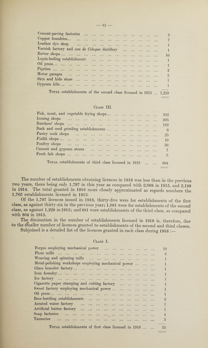 Cement-paving factories . Copper foundries. Leather dye shop . Varnish factory and eau de Cologne Butter shops. Lupin-boiling establishment Oil press. distillery Pigsties . Motor garages Skin and hide store Gypsum kiln. Total establishments of the second class licensed in 1915 3 7 1 1 10 1 1 2 2 1 1 1,228 Class III. Fish, meat, and vegetable frying shops... 332 Ironing shops . . 205 Butchers’ shops . • • • • • • • 182 Bark and seed grinding establishments ... . . 8 Pastry cook shops . . 25 Fisikh shops. • • • • 10 Poultry shops . . 30 Cement and gypsum stores . . 7 Fresh fish shops. . 5 Total establishments of third class licensed in 1915 804 The number of establishments obtaining licences in 1916 was less than in the previous two years, there being only 1,797 in this year as compared with 2,068 in 1915, and 2,199 in 1914. The total granted in 1916 more closely approximated as regards numbers the 1,765 establishments licensed in 1913. Of the 1,797 licences issued in 1916, thirty-five were for establishments of the first class, as against thirty-six in the previous year; 1,081 were for establishments of the second class, as against 1,228 in 1915; and 681 were establishments of the third class, as compared with 804 in 1915. The diminution in the number of establishments licensed in 1916 is, therefore, due to the smaller number of licences granted to establishments of the second and third classes. Subjoined is a detailed list of the licences granted in each class during 1916 :_ Class I. Forges employing mechanical power . 10 Flour mills . 0 Weaving and spinning mills . 1 Metal-polishing workshops employing mechanical power . 1 Glass bracelet factory. 1 Iron foundry. 1 Ice factory . ] Cigarette paper stamping and cutting factory . 1 Sweet factory employing mechanical power. 1 Oil press. 1 Beer-bottling establishments . 2 Aerated water factory . 1 Artificial butter factory .; . 1 Soap factories . 4 Tanneries . 3